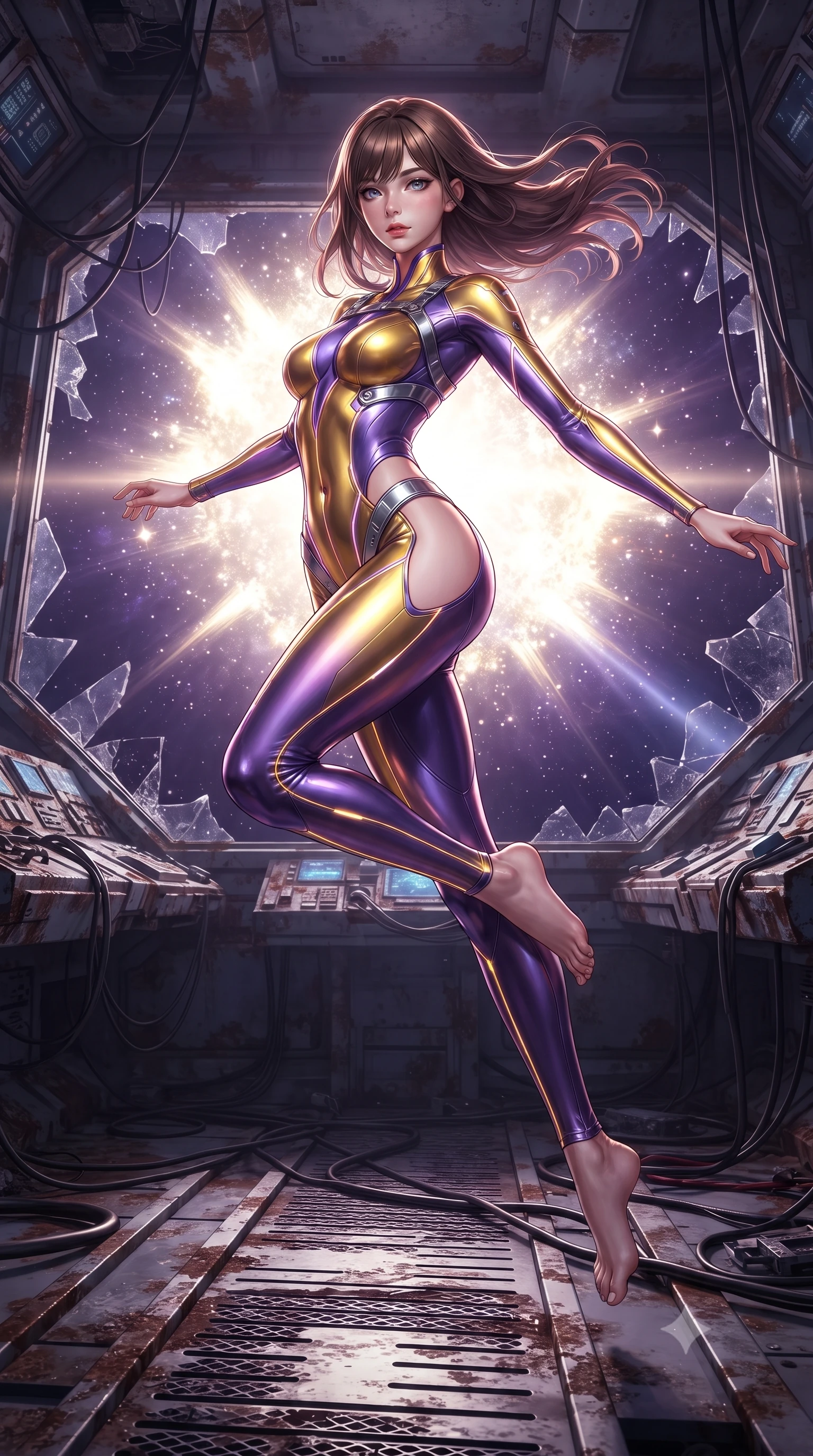 score_9, masterpiece, best quality, ultra-detailed, high-budget anime keyframe, editorial fashion photography, tasteful artistic composition, Korean woman. low angle full-body shot from head to toe showing her feet, filling the entire 9:16 vertical frame with her statuesque presence, stretching her vertical silhouette. leaping through mid-air with an athletic yet alluring arch of her spine, her impossibly long slender legs stretched in flawless poise while floating weightlessly in the center of an abandoned starship bridge as a dazzling supernova explodes outside. The composition keeps background elements in soft focus with creamy bokeh. starlight reflections creating dreamy luminous streaks across a deep space backdrop. She has an absolutely perfect, statuesque 8.5-heads proportion, an exceptionally tall and slender model-like female figure with impossibly long slender legs and an ultra-slim waist. sharp v-shaped jawline, high-bridge nose, intricate jewel-like eyes with depth, thick eyelashes, glossy lips with a natural sheen, flawlessly proportioned anatomical accuracy, natural body alignment, perfectly sculpted elegant limbs, clean dynamic posture without body distortion. wearing a skin-tight cybernetic bodysuit with glowing neon seams, deep hip cutouts, and an aerodynamic athletic fit in lustrous molten gold and pure deep violet, made of smooth iridescent silk chiffon that shifts colors with movement, reinforced by a sleek metallic chrome harness and delicate glowing micro-straps, the daring cutouts accentuating her delicate midriff, graceful collarbones, and feminine contour. bathed in blinding white and gold supernova celestial radiance with deep cosmic purple shadows. ultra-reflective glossy finish, specular highlights, metallic sheen, high-contrast stereoscopic depth, volumetric dynamic lighting, 2k, ultra detail, master piece, 9:16 ratio