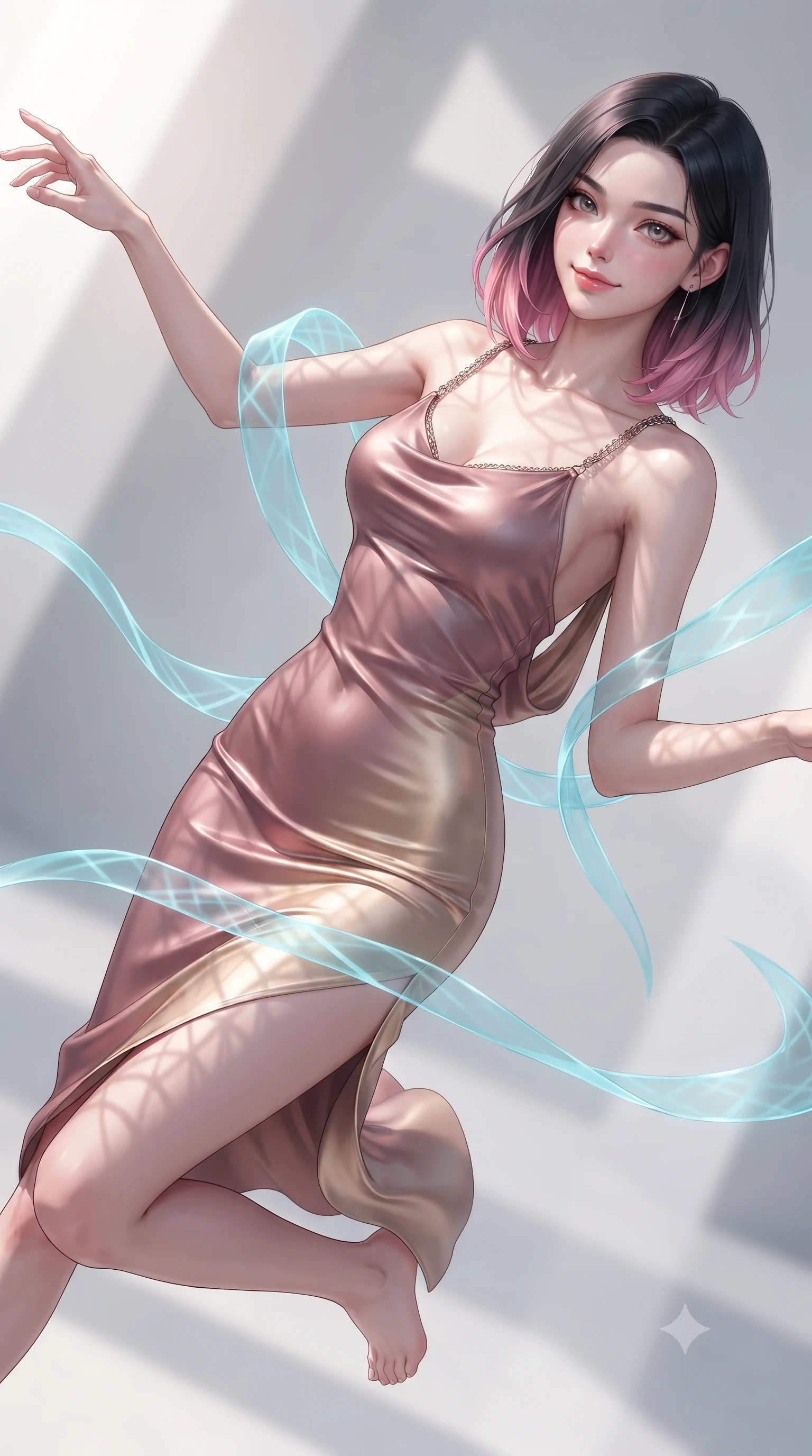 score_9, masterpiece, best quality, ultra-detailed, high-budget anime keyframe, editorial fashion photography, tasteful artistic composition, Korean woman. close-up cowboy shot from the waist and thighs up, the character dominates the composition, filling the frame with her large presence, background elements kept in soft focus. Extending one arm in an elegant stretch toward the light while smiling with magnetic self-assurance while floating dynamically in mid-air while weaving translucent cyan plasma ribbons around her body, intricate geometric lattice patterns of light projected onto her skin. She has an exceptionally elegant, slender, and willowy female figure with an ultra-slim waist, a gracefully sculpted slender torso, and a refined silhouette. sharp v-shaped jawline, high-bridge nose, intricate jewel-like eyes with depth, thick eyelashes, glossy lips with a natural sheen, flawlessly proportioned anatomical accuracy, natural body alignment, perfectly sculpted elegant limbs, clean dynamic posture without body distortion. wearing a precision-fitted liquid jersey bodycon dress with a graceful draped back in dusty rose and champagne gold, formed from sleek second-skin neoprene, adorned with delicate metallic chain straps along the neckline, the glove-like fit emphasizing her statuesque silhouette during motion. bathed in sharp geometric laser grid highlights and soft ambient fill. ultra-reflective glossy finish, specular highlights, metallic sheen, high-contrast stereoscopic depth, volumetric dynamic lighting, 2k, ultra detail, master piece, 9:16 ratio