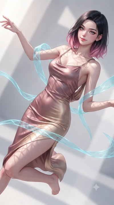 score_9, masterpiece, best quality, ultra-detailed, high-budget anime keyframe, editorial fashion photography, tasteful artistic composition, Korean woman. close-up cowboy shot from the waist and thighs up, the character dominates the composition, fi