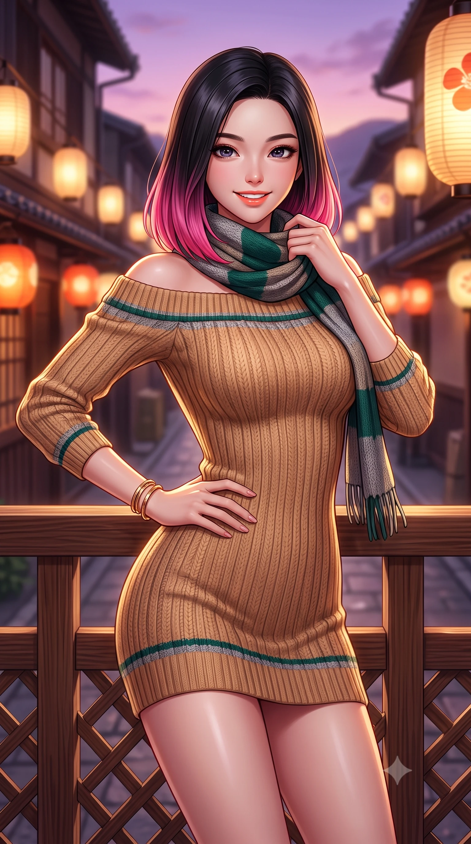 score_9, masterpiece, best quality, ultra-detailed, high-budget anime keyframe, semi-realistic 3D game render, editorial fashion photography, tasteful artistic composition, Korean woman. close-up cowboy shot from the waist and thighs up, the character dominates the composition, filling the frame with her large presence. standing poised with hips cocked slightly to the side, one hand tracing her cinched waistline while casting an affectionate warm glance while leaning gently against the cedar lattice railing of the historic machiya balcony, one hand holding her scarf against the crisp evening breeze. The background shows a soft-focus warm paper lanterns along Gion alleyways softened in romantic Kyoto dusk shallow focus. She has an exceptionally elegant, slender, and willowy female figure with an ultra-slim waist, flat toned midriff, narrow ribcage, and sculpted feminine hips creating an alluring, slim hourglass silhouette without bulk. sharp v-shaped jawline, high-bridge nose, intricate jewel-like sparkling eyes with depth, thick eyelashes, glossy parted lips with a natural peach sheen, bright cheerful beaming smile with an enchanting and coquettish sensual glint, exuding both youthful cute charm and seductive allure, flawlessly proportioned anatomical accuracy, strict slender model proportions, natural body alignment, perfectly sculpted long slender limbs, ultra-slim waistline, clean dynamic posture without body distortion. wearing a snug off-the-shoulder thick ribbed knit sweater dress in warm camel clinging to her hourglass contours in St. Moritz pine forest emerald and heather grey, woven from fine elastic rib-knit fabric tracing every millimeter of her slender torso, accented with delicate golden wrist cuffs reflecting warm chandelier light, the second-skin tailored fabric adhering flawlessly to her sculpted flat midriff and slender torso, emphasizing her long leg lines and perfectly proportioned willowy build. bathed in the soft purple-gold twilight glow of autumn sunset over the Higashiyama mountains mixed with warm paper lantern lights. highly saturated vibrant anime colors, detailed shading with soft gradients, rich glossy textures, high-contrast stereoscopic depth, volumetric dynamic lighting, master piece, 9:16 ratio