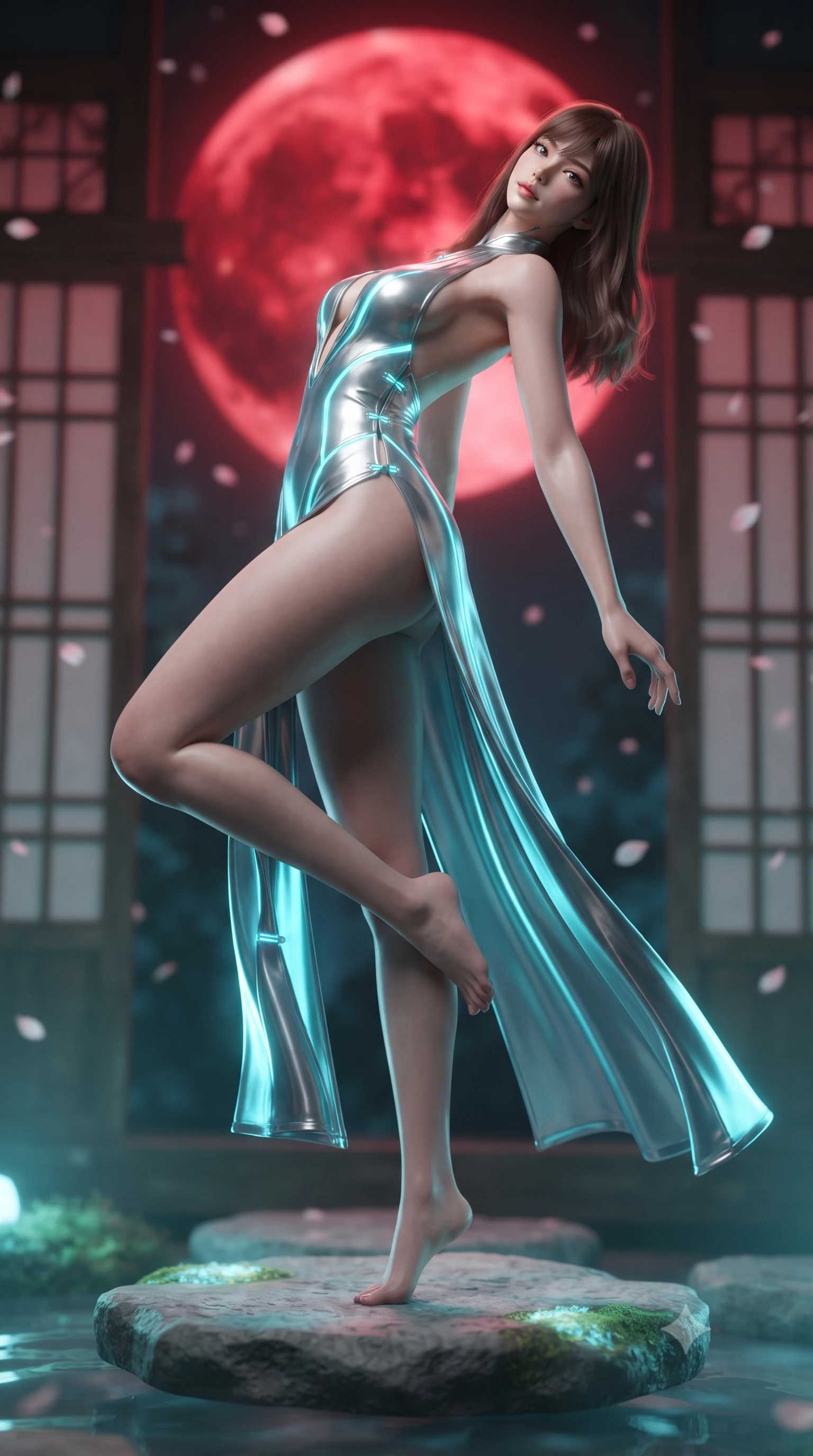 score_9, masterpiece, best quality, ultra-detailed, high-budget anime keyframe, editorial fashion photography, tasteful artistic composition, Korean woman. low angle full-body shot from head to toe showing her feet, filling the entire 9:16 vertical frame with her statuesque presence, stretching her vertical silhouette. arching her back in a fluid zero-gravity turn with sovereign grace, her long slender legs and sculpted torso creating a sweeping line while balancing with flawless poise on a floating stepping stone overlooking a blood-red cyber moon. The composition keeps background elements in soft focus with creamy bokeh. drifting digital sakura petals and traditional wooden lattice screens softened by shallow depth of field. She has an absolutely perfect, statuesque 8.5-heads proportion, an exceptionally tall and slender model-like female figure with impossibly long slender legs and an ultra-slim waist. sharp v-shaped jawline, high-bridge nose, intricate jewel-like eyes with depth, thick eyelashes, glossy lips with a natural sheen, flawlessly proportioned anatomical accuracy, natural body alignment, perfectly sculpted elegant limbs, clean dynamic posture without body distortion. wearing a translucent iridescent chiffon gown with a plunging neckline, high dual thigh slits, and an open back in liquid mercury silver and glowing electric cyan, tailored from semi-translucent cybernetic vinyl with glowing micro-filaments, finished with an ultra-high side slit secured by miniature magnetic clasps, the liquid-tight fabric adhering flawlessly to her sculpted torso and slender silhouette. bathed in dramatic crimson blood-moon backlighting and glowing cyan moss ambient fill. ultra-reflective glossy finish, specular highlights, metallic sheen, high-contrast stereoscopic depth, volumetric dynamic lighting, 2k, ultra detail, master piece, 9:16 ratio