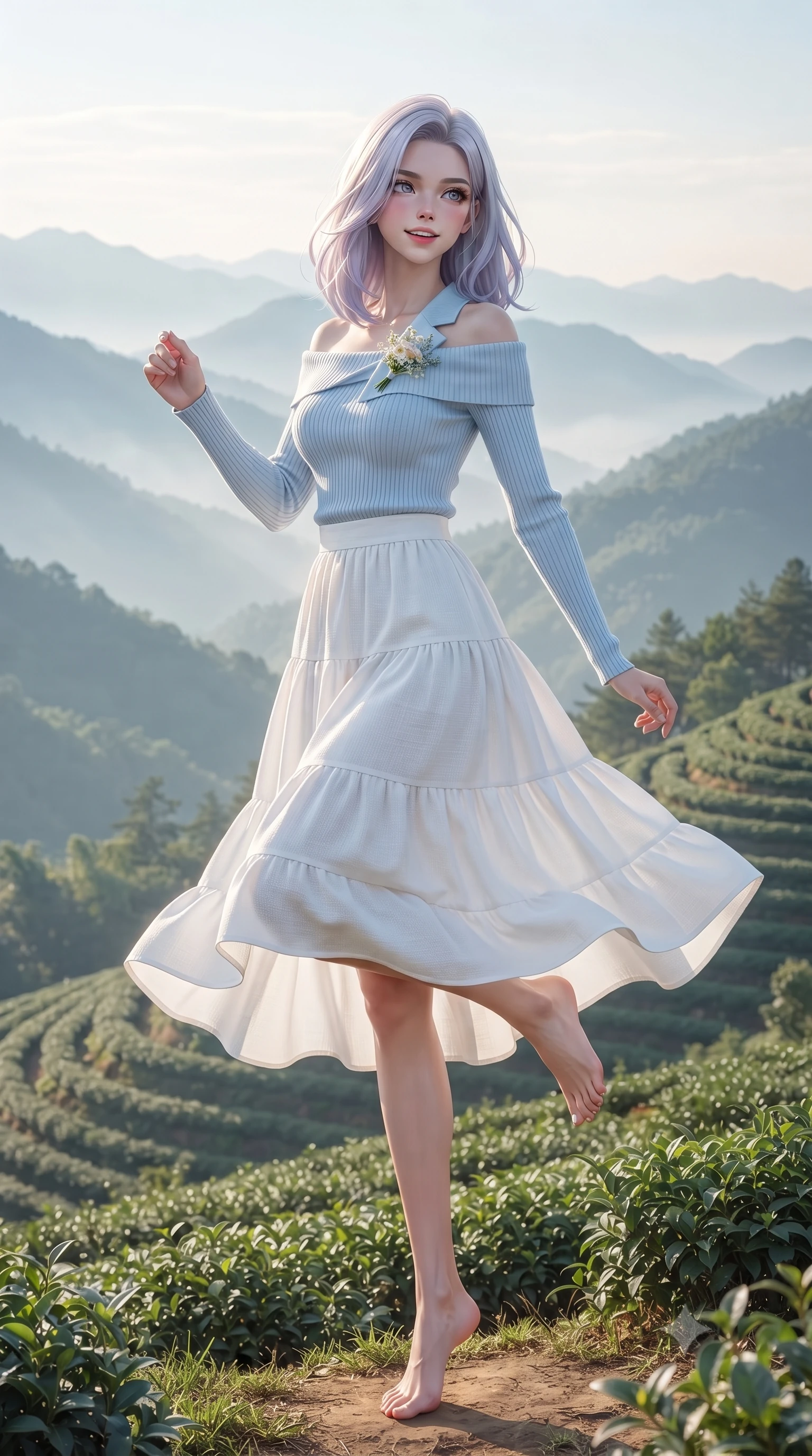 score_9, masterpiece, best quality, ultra-detailed, high-budget anime keyframe, editorial fashion photography, tasteful artistic composition, Caucasian woman. low angle full-body shot from head to toe showing her feet, filling the entire 9:16 vertical frame with her statuesque presence, stretching her vertical silhouette. standing poised on one leg with a playful hop and joyful expression, her long legs and slender figure highlighted against the landscape while gazing across layers of misty mountain ridges with sparkling, hopeful eyes and a radiant expression. The surrounding environment is rendered in vivid detail and crisp panoramic clarity. crisp morning chiaroscuro and tranquil hillside plantation geometry captured with environmental elegance. She has an absolutely perfect, statuesque 8.5-heads proportion, an exceptionally tall and slender model-like female figure with impossibly long slender legs, a toned flat midriff, and an ultra-slim waist. sharp v-shaped jawline, high-bridge nose, intricate jewel-like eyes with depth, thick eyelashes, glossy lips with a natural sheen, pure and lovely fresh girlhood expression, flawlessly proportioned anatomical accuracy, strict slender model proportions, natural body alignment, perfectly sculpted long slender limbs, ultra-slim waistline, clean dynamic posture without body distortion. wearing a fresh off-shoulder ribbed knit top paired with a tiered white cotton midi skirt in gentle baby blue and cloud white, tailored from soft pastel lightweight wool blend with subtle texture, complemented by a delicate wildflower corsage pinned to the lapel, the soft airy drape swaying gracefully with her dynamic movements, emphasizing her tall willowy build and slim waistline. illuminated by gentle morning sunbeams casting a warm, dewy glow on her skin and attire. ultra-reflective glossy finish, specular highlights, rich natural textures, high-contrast stereoscopic depth, volumetric dynamic lighting, 2k, ultra detail, master piece, 9:16 ratio
