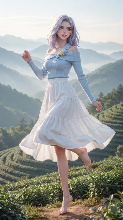 score_9, masterpiece, best quality, ultra-detailed, high-budget anime keyframe, editorial fashion photography, tasteful artistic composition, Caucasian woman. low angle full-body shot from head to toe showing her feet, filling the entire 9:16 vertica
