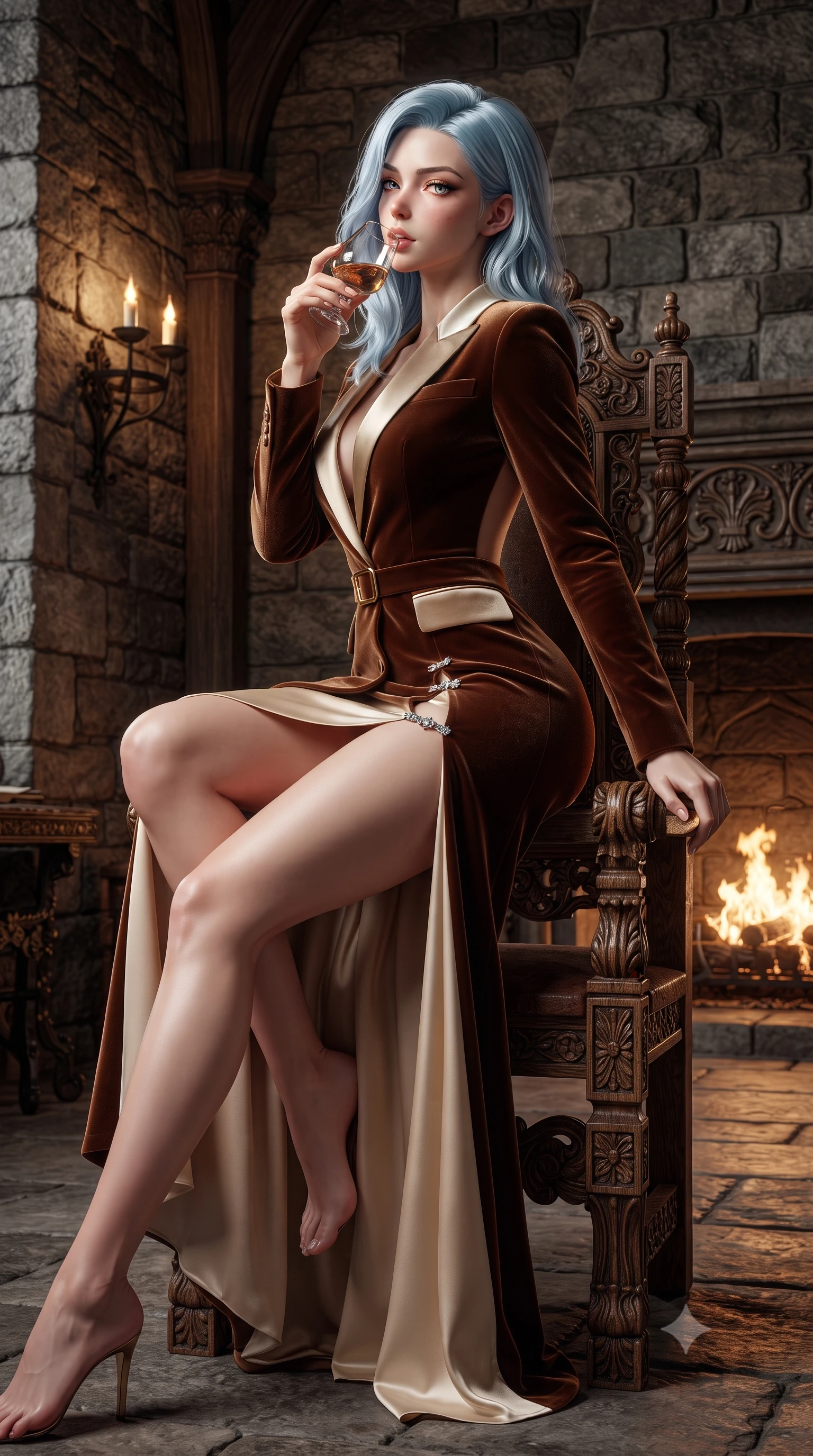 score_9, masterpiece, best quality, ultra-detailed, high-budget anime keyframe, editorial fashion photography, tasteful artistic composition, Korean woman. low angle full-body shot from head to toe showing her feet, filling the entire 9:16 vertical frame with her statuesque presence, stretching her vertical silhouette. posing with back turned slightly to the lens, glancing back with smoldering allure as she arches her lower back to emphasize her sculpted feminine hips and slender waist while sitting high on an antique carved oak throne before a roaring stone fireplace with legs crossed, raising a crystal dram to her parted glossy lips while looking over her shoulder. The surrounding environment is rendered in vivid detail and crisp panoramic clarity. sharp aged castle masonry grain, wrought-iron wall sconces, and carved oak wood textures in deep focus. She has an exceptionally tall and slender model-like 8.5-heads proportion, an ultra-slim waist, a flat toned midriff, narrow delicate ribcage, and beautifully sculpted feminine hips creating a graceful, slim hourglass silhouette without any bulky heaviness, with impossibly long slender legs. sharp v-shaped jawline, high-bridge nose, intricate jewel-like eyes with depth, thick eyelashes, glossy parted lips with a natural sheen, intensely captivating and seductive bedroom-eyes expression, flawlessly proportioned anatomical accuracy, strict slender model proportions, natural body alignment, perfectly sculpted long slender limbs, ultra-slim waistline, clean dynamic posture without body distortion. wearing a tailored velvet tuxedo jacket dress with satin lapels, worn with a deep plunge neckline and gold hip buckle in rich equestrian cognac brown and crisp champagne cream, woven from layered gossamer chiffon with a weightless sweeping drape, finished with an ultra-high side slit secured by miniature jeweled clasps, the precision-cut side openings and low-back scoop framing her graceful spine and the sensual sweep of her slim, toned hips. surrounded by an aristocratic, untamed, and dangerously captivating Scottish highland duchess aura. ultra-reflective glossy finish, specular highlights, rich textural contrasts, high-contrast stereoscopic depth, volumetric dynamic lighting, 2k, ultra detail, master piece, 9:16 ratio