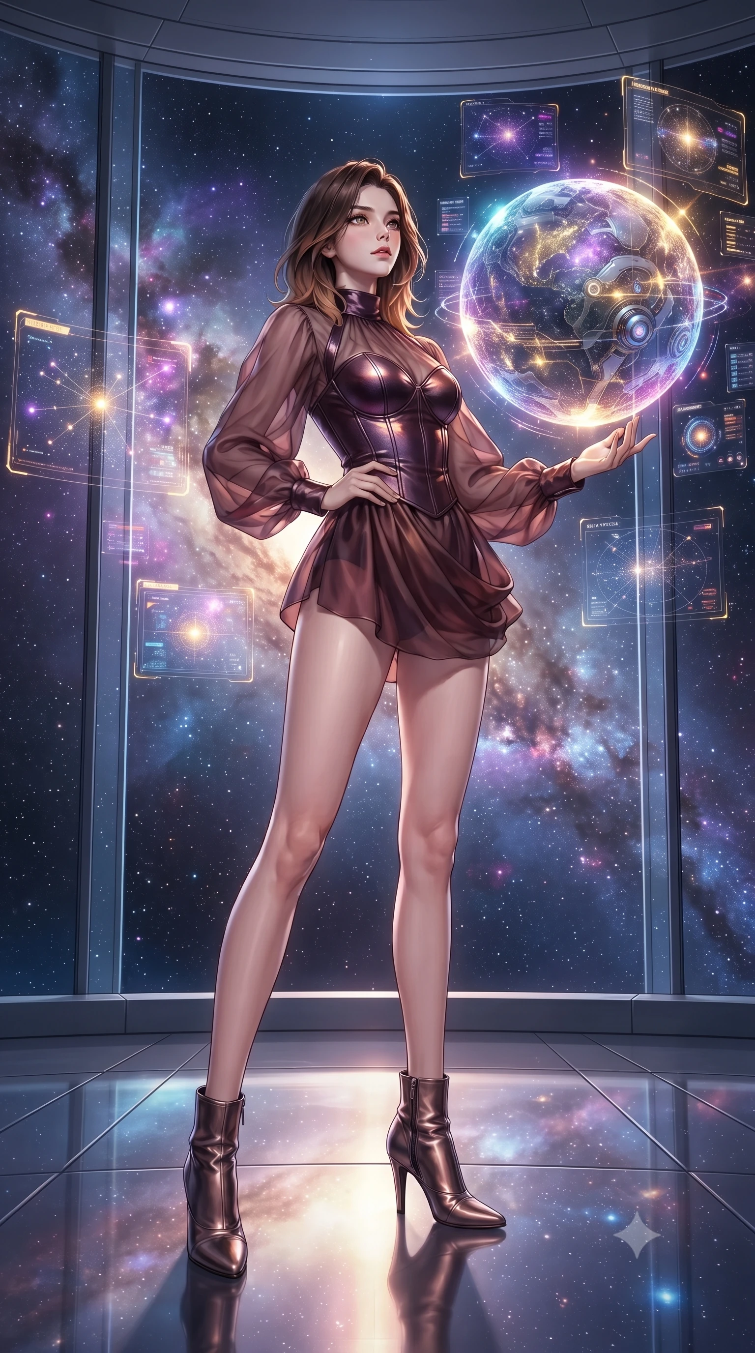 score_9, masterpiece, best quality, ultra-detailed, high-budget anime keyframe, editorial fashion photography, tasteful artistic composition, Korean woman. low angle full-body shot from head to toe showing her feet, filling the entire 9:16 vertical frame with her statuesque presence, stretching her vertical silhouette. navigating the luminous space with effortless poise, displaying her perfect model proportions interacting with a giant glowing holographic globe of a cybernetic planet, starlight and cosmic nebula clouds glowing through the floor-to-ceiling glass. She has an absolutely perfect, statuesque 8.5-heads proportion, an exceptionally tall and slender model-like female figure with impossibly long slender legs and an ultra-slim waist. sharp v-shaped jawline, high-bridge nose, intricate jewel-like eyes with depth, thick eyelashes, glossy lips with a natural sheen. wearing a tailored leather bustier over a sheer silk chiffon blouse in deep burgundy and bronze, crafted from lustrous satin jersey with fluid draping, complemented by criss-cross back straps highlighting her bare shoulders, the elegant draped fit framing her graceful clavicle and slender torso. illuminated by radiant cosmic nebula light and glowing holographic displays. ultra-reflective glossy finish, specular highlights, metallic sheen, high-contrast stereoscopic depth, volumetric dynamic lighting, 2k, ultra detail, master piece, 9:16 ratio