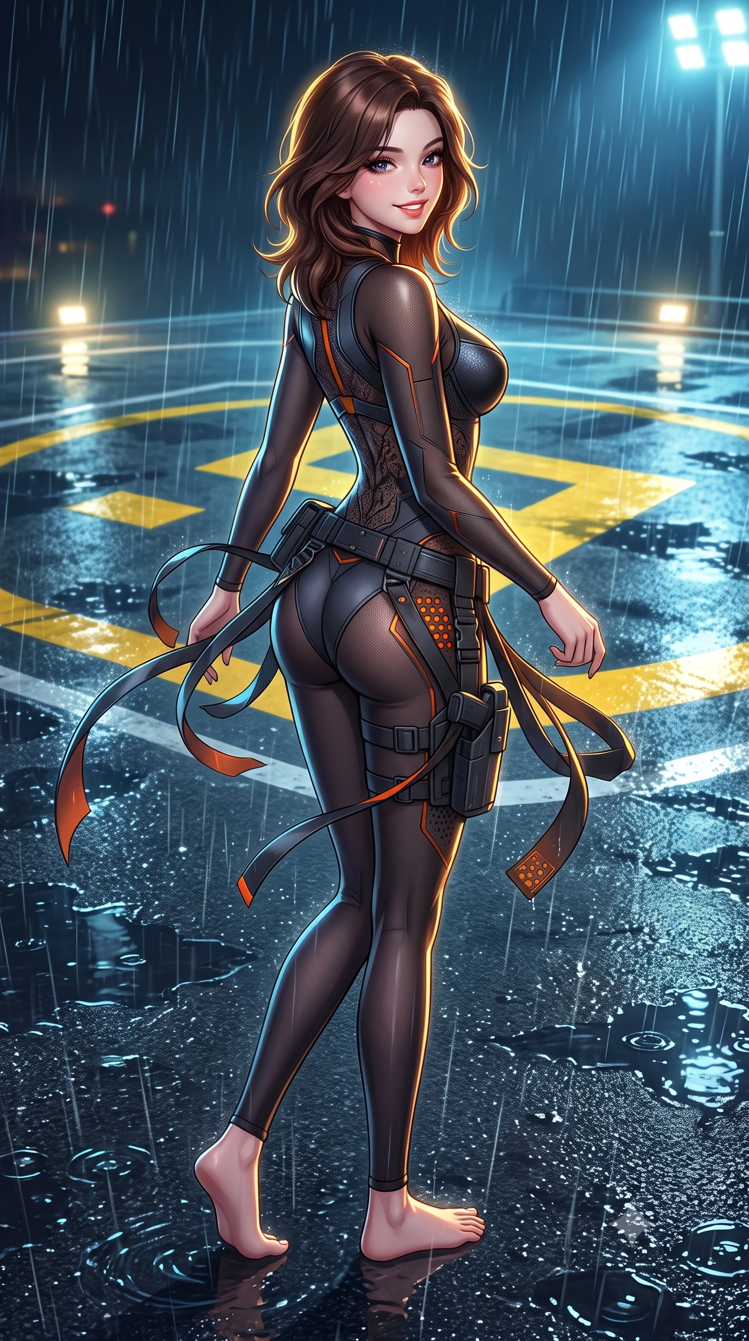 score_9, masterpiece, best quality, ultra-detailed, high-budget anime keyframe, semi-realistic 3D game render, editorial fashion photography, tasteful artistic composition, Korean woman. low angle full-body shot from head to toe showing her feet, filling the entire 9:16 vertical frame with her statuesque presence, stretching her vertical silhouette. executing a cheerful mid-motion pivot turn as her tactical belt and ribbons flutter around her slender legs, glancing over her shoulder with an intoxicating, teasing bedroom-gaze while walking dynamically across the wet tarmac while glancing back, her tailored combat suit hugging her curves in the neon-lit downpour. The surrounding environment is rendered in vivid detail and crisp panoramic clarity: sharp wet tarmac puddle specular highlights, illuminated yellow helipad markings, and rain streak clarity in deep focus. She has an absolutely perfect, statuesque 8.5-heads proportion, an exceptionally tall and slender model-like female figure with impossibly long slender legs, an ultra-slim waist, a flat toned midriff, narrow delicate ribcage, and beautifully sculpted feminine hips creating a graceful, slim hourglass silhouette without any bulky heaviness. sharp v-shaped jawline, high-bridge nose, intricate jewel-like sparkling eyes with depth, thick eyelashes, glossy parted lips with a natural sheen, bright confident smile with an enchanting and coquettish sensual glint, exuding both youthful magnetic charm and sovereign high-tech allure, flawlessly proportioned anatomical accuracy, strict slender model proportions, natural body alignment, perfectly sculpted long slender limbs, ultra-slim waistline, clean dynamic posture without body distortion. wearing a form-contouring semi-opaque dark mesh catsuit with carbon-plated cups and fine lace-pattern panels across her torso in stealth charcoal slate and molten laser orange, made of high-grade ballistic nylon with precision laser-cut perforations, accented with subtle hexagonal heat-sink vents glowing with dim orange thermal heat, the high-waisted tailoring accentuating her ultra-slim waistline and the enchanting curve of her feminine hips with alluring dark charm. illuminated by helipad floodlights and sharp golden rim lights defining her sculpted collarbones, ultra-slim waist, and curvy hips. highly saturated vibrant anime colors, detailed shading with soft gradients, rich glossy textures, high-contrast stereoscopic depth, volumetric dynamic lighting, master piece, 9:16 ratio