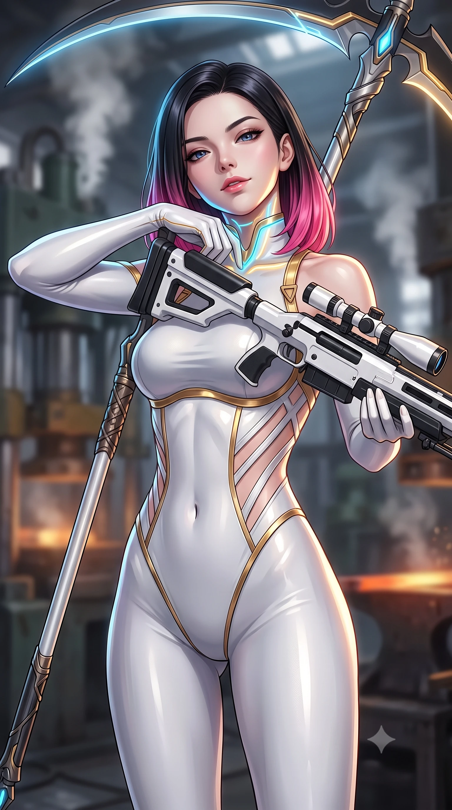 score_9, masterpiece, best quality, ultra-detailed, high-budget anime keyframe, semi-realistic 3D game render, editorial fashion photography, tasteful artistic composition, Korean woman. close-up cowboy shot from the waist and thighs up, the character dominates the composition, filling the frame with her large presence. tilting her head back with serene regal elegance, her sharp jawline and sculpted collarbones highlighted by glowing weapon energy reflections while resting the long scythe haft against her shoulder with an alluring, dangerous smile looking directly into the camera. The composition keeps background elements in soft focus with creamy bokeh. massive industrial forge hydraulic presses and steam vents softened in atmospheric shallow focus. She has an exceptionally elegant, slender, and willowy female figure with an ultra-slim waist, a gracefully sculpted slender torso, toned flat midriff, and a refined slim silhouette. sharp v-shaped jawline, high-bridge nose, intricate jewel-like eyes with depth, thick eyelashes, glossy lips with a natural sheen, flawlessly proportioned anatomical accuracy, strict slender model proportions, natural body alignment, perfectly sculpted long slender limbs, ultra-slim waistline, clean dynamic posture without body distortion. wearing a form-contouring arctic white carbon-composite battle-suit with solar gold trim and diagonal midriff vents, aiming a precision carbon-fiber railgun sniper rifle with divine focus in monochrome white enamel carbon with high-contrast black panels, made of liquid carbon-jersey fabric adhering flawlessly to her sculpted silhouette, complemented by criss-cross back harness straps highlighting her completely bare spine, the sleek second-skin cut tightly hugging her graceful clavicle, narrow waist, and feminine curves with athletic precision. illuminated by crisp specular highlights tracing her ultra-slim waist, long legs, and flat midriff. rich saturated anime colors with glowing neon highlights, detailed shading with soft gradients, rich glossy textures, high-contrast stereoscopic depth, volumetric dynamic lighting, master piece, 9:16 ratio