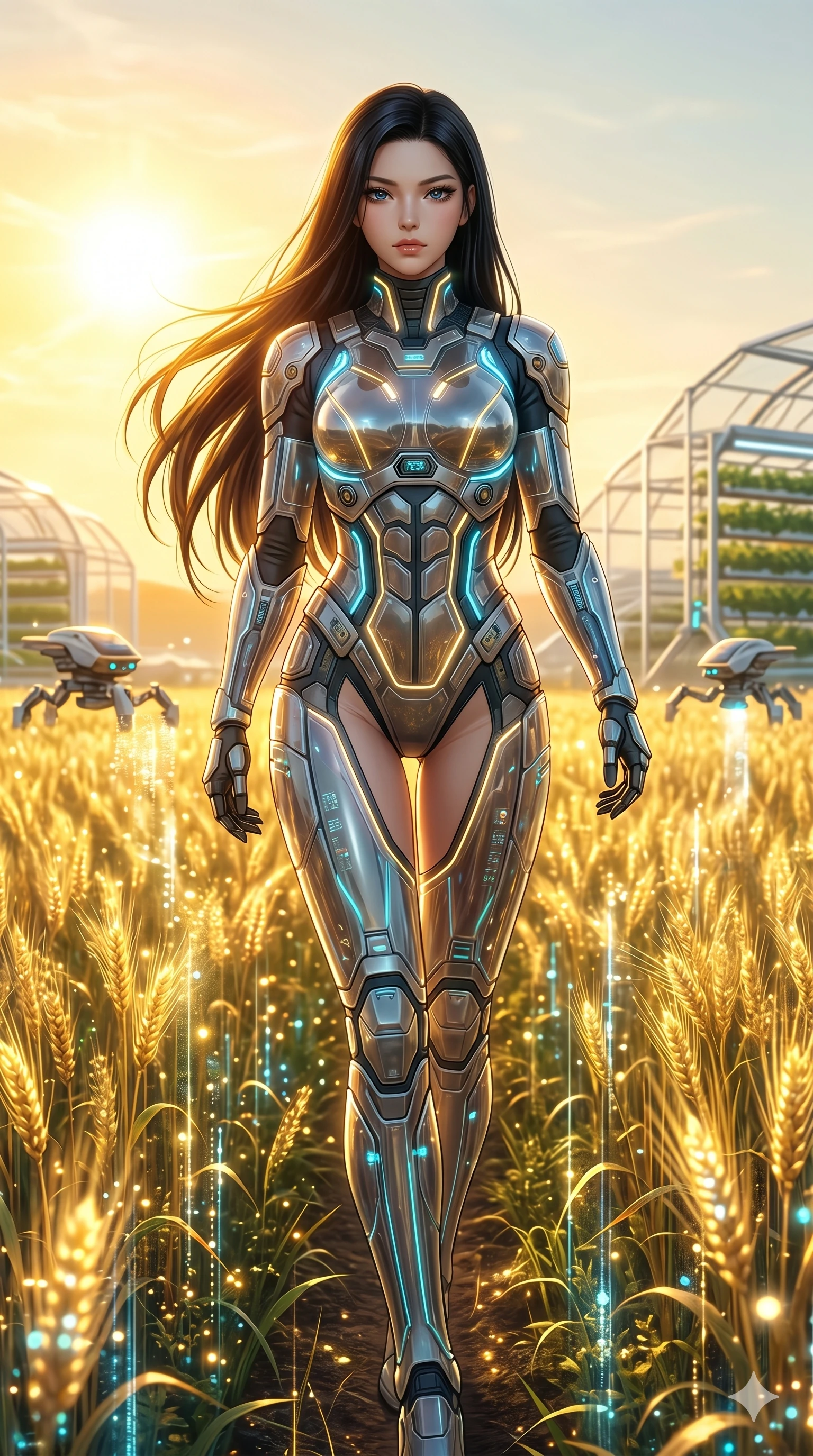 score_9, masterpiece, best quality, ultra-detailed, Set A: Photorealistic 8k CG, Japanese woman. Low angle cowboy shot filling the entire 9:16 frame with her statuesque presence. Walking through a field of glowing grain under a golden sun in a high-tech farm. She has an absolutely perfect 8-heads proportion, an exceptionally tall and slender female figure with elegant long slender legs and an slender waist. Sharp v-shaped jawline, high-bridge nose, intricate jewel-like eyes with depth, thick eyelashes, glossy lips. Wearing a Tech-Fantasy outfit: cybernetic tech-suit with glowing seams and translucent PVC. Background is a bright and colorful meadow with golden holographic wheat and vibrant sunlight. 2k, ultra detail, master piece, 9:16 ratio
