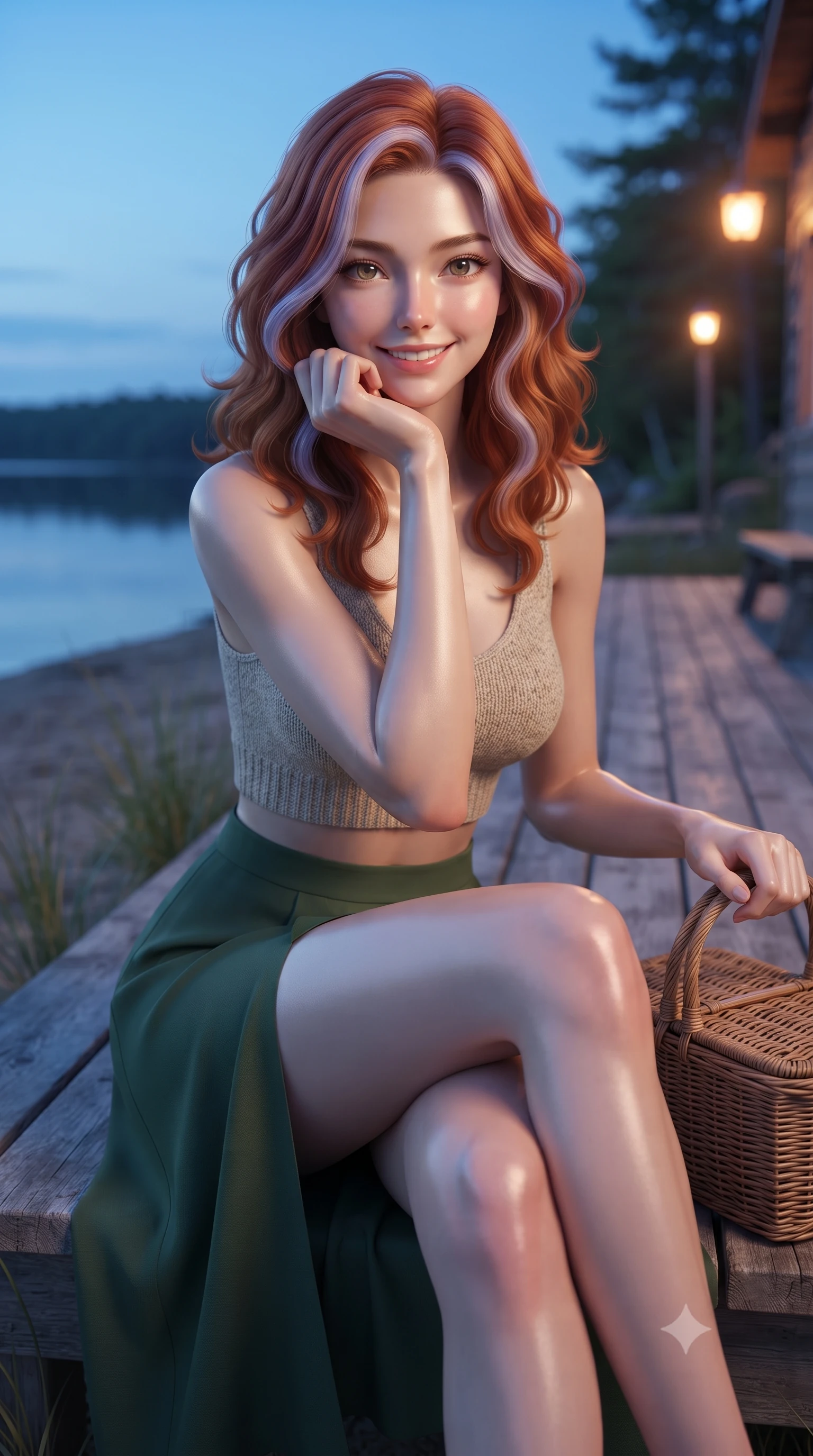 score_9, masterpiece, best quality, ultra-detailed, high-budget anime keyframe, editorial fashion photography, tasteful artistic composition, Caucasian woman. close-up cowboy shot from the waist and thighs up, the character dominates the composition, filling the frame with her large presence, background elements kept in soft focus. smiling cutely while resting her chin on her hand, looking directly into the lens set against a soft-focus background of on a wooden deck of a lakeside cottage surrounded by beachgrass holding a woven picnic basket with a bright, cheerful expression. She has an exceptionally elegant, slender, and willowy female figure with an ultra-slim waist, a gracefully sculpted slender torso, and a refined silhouette. sharp v-shaped jawline, high-bridge nose, intricate jewel-like eyes with depth, thick eyelashes, glossy lips with a natural sheen. wearing form-contouring crop top in oatmeal knit paired with a flowy midi skirt featuring a high side slit. cool twilight sky glow contrasting with the warm orange light of streetlamps. ultra-reflective glossy finish, specular highlights, metallic sheen, high-contrast stereoscopic depth, volumetric dynamic lighting, 2k, ultra detail, master piece, 9:16 ratio