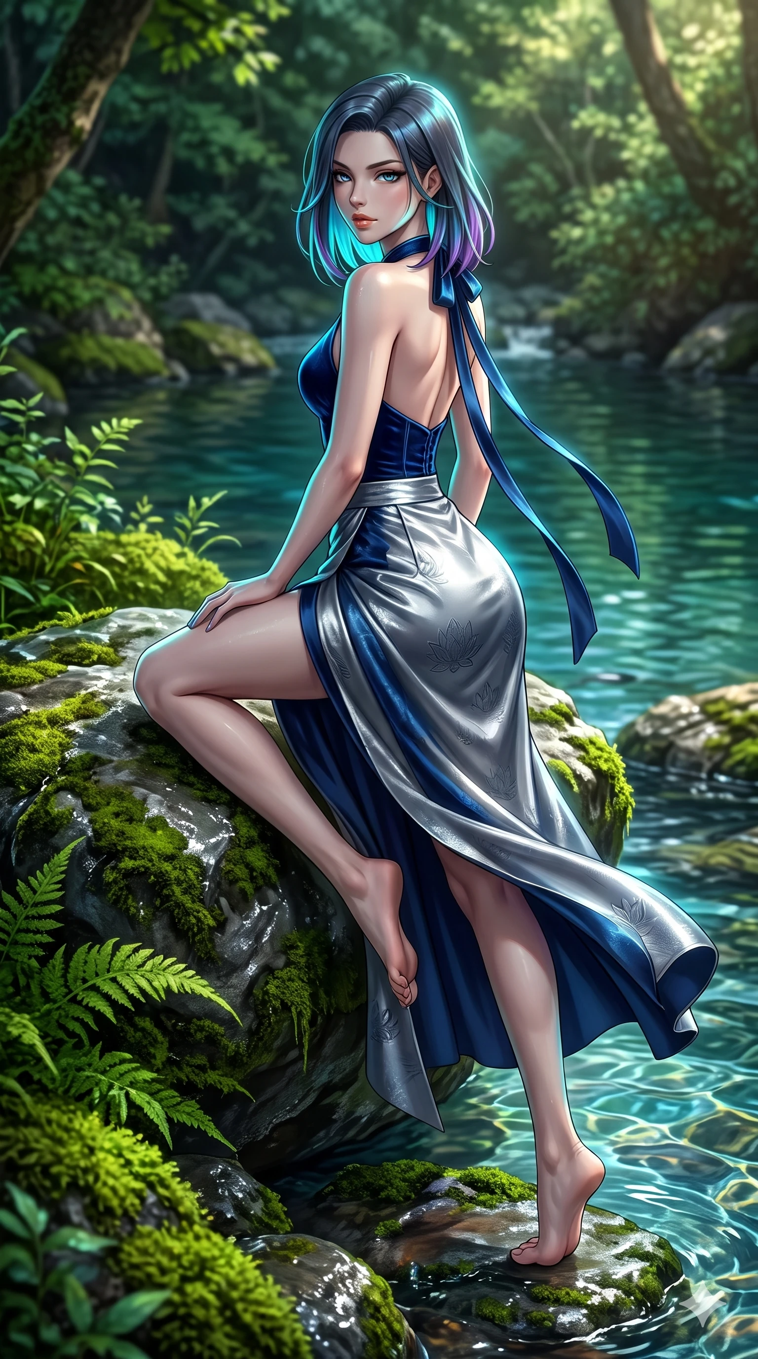 score_9, masterpiece, best quality, ultra-detailed, high-budget anime keyframe, semi-realistic 3D game render, editorial fashion photography, tasteful artistic composition, Caucasian woman. low angle full-body shot from head to toe showing her feet, filling the entire 9:16 vertical frame with her statuesque presence, stretching her vertical silhouette. executing a slow, graceful pivot turn as her silk wrap skirt sways around her slender legs, glancing back with an enchanting, teasing sensual expression while perched sideways on the mossy boulder at the water's edge, one knee drawn up to showcase her slender leg line while her arched back accentuates her curves. The surrounding environment is rendered in vivid detail and crisp panoramic clarity: sharp wet stone textures, crystal water surface refraction, and soft velvet moss fronds in deep focus. She has an absolutely perfect, statuesque 8.5-heads proportion, an exceptionally tall and slender model-like female figure with impossibly long slender legs, an ultra-slim waist, a flat toned midriff, narrow delicate ribcage, and beautifully sculpted feminine hips creating a graceful, slim hourglass silhouette without any bulky heaviness. sharp v-shaped jawline, high-bridge nose, sparkling eyes with hypnotic seductive depth, thick curled eyelashes, glossy parted lips with a natural dewy peach sheen, alluring bedroom-eyes with an enchanting coquettish smile, exuding magnetic siren charisma and sophisticated glamour, flawlessly proportioned anatomical accuracy, strict slender model proportions, natural body alignment, perfectly sculpted long slender limbs, ultra-slim waistline, clean dynamic posture without body distortion. wearing a tailored silk velvet hanbok corset top paired with an ankle-length fluid chima skirt with a thigh-high slit in metallic liquid silver and deep sapphire navy, tailored from rich silk jacquard with subtle embossed lotus blossom patterns, finished with long silk ribbon ties fluttering down her bare spine from a backless halter, the impeccably tailored cut draping gracefully along her slender figure with aristocratic eastern poise. illuminated by spring water surface bounce and sharp cyan-aquamarine rim lights defining her razor-sharp jawline, narrow waist, and curvy hips. highly saturated vibrant anime colors, detailed shading with soft gradients, rich glossy textures, high-contrast stereoscopic depth, volumetric dynamic lighting, master piece, 9:16 ratio