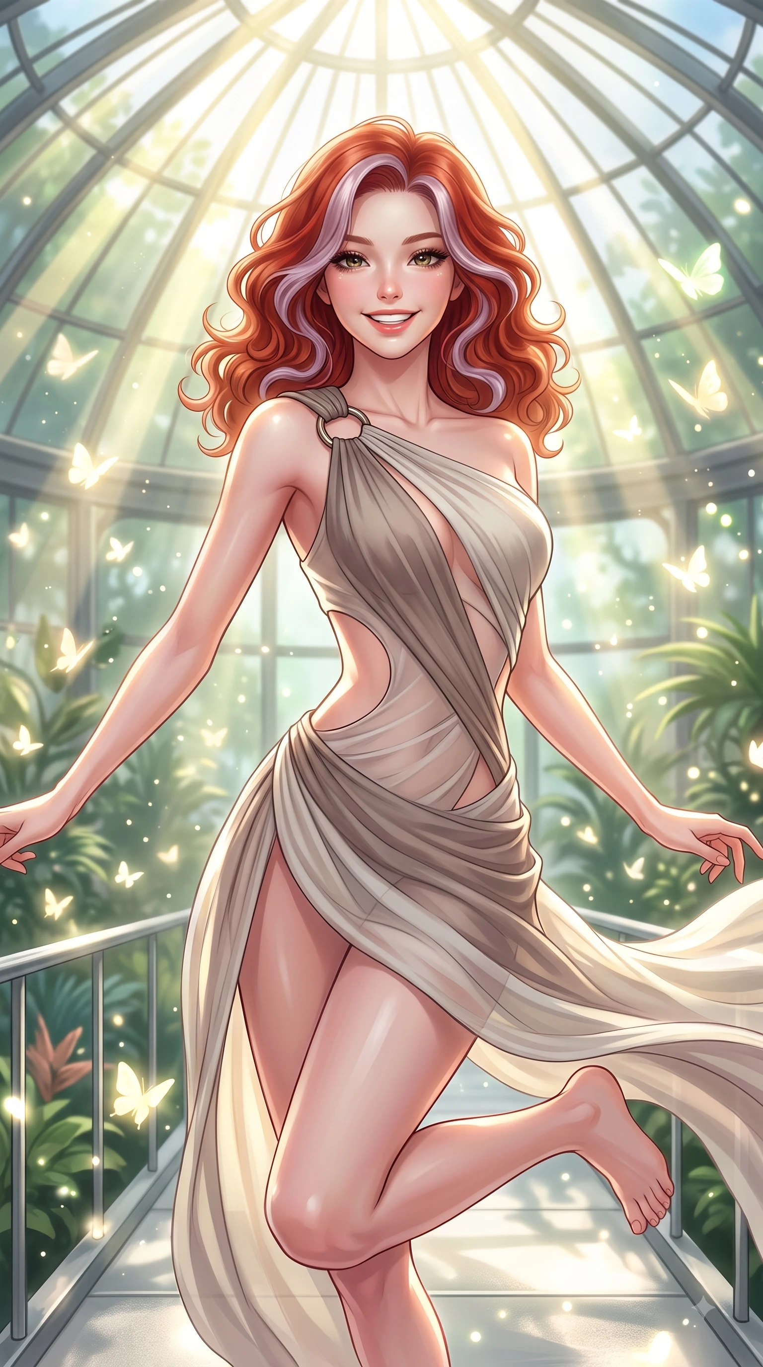 score_9, masterpiece, best quality, ultra-detailed, high-budget anime keyframe, editorial fashion photography, tasteful artistic composition, Caucasian woman. close-up cowboy shot from the waist and thighs up, the character dominates the composition, filling the frame with her large presence, background elements kept in soft focus. Radiant bright smile with sparkling eyes directed right into the lens, her torso turning in a dynamic S-curve alignment while leaping playfully across a platinum walkway in a sunlit glass dome filled with glowing butterflies, intense volumetric sunbeams filtering through the glass dome ceiling in bright golden rays. She has an exceptionally elegant, slender, and willowy female figure with an ultra-slim waist, a gracefully sculpted slender torso, and a refined silhouette. sharp v-shaped jawline, high-bridge nose, intricate jewel-like eyes with depth, thick eyelashes, glossy lips with a natural sheen, flawlessly proportioned anatomical accuracy, natural body alignment, perfectly sculpted elegant limbs, clean dynamic posture without body distortion. wearing an asymmetrical Grecian draped chiffon gown with a metallic shoulder ring in muted taupe and soft ivory, woven from fine semi-opaque sheer organza, featuring clean architectural cutouts along her slender torso, the sleek second-skin texture accentuating her magnetic presence. surrounded by a bright, airy greenhouse ambiance with radiant white and green highlights. highly saturated vibrant anime colors, detailed shading with soft gradients, rich glossy textures, high-contrast stereoscopic depth, volumetric dynamic lighting, master piece, 9:16 ratio