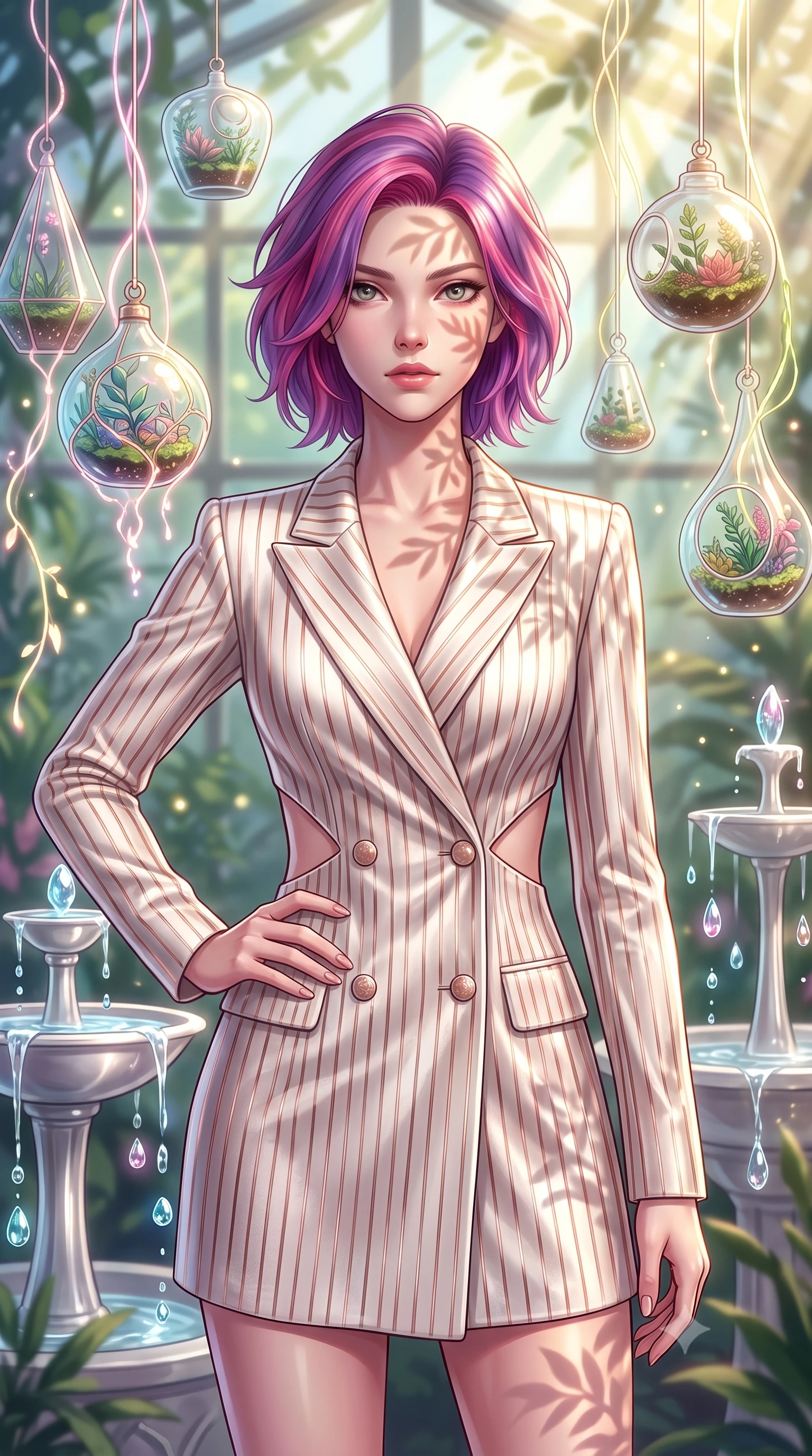 score_9, masterpiece, best quality, ultra-detailed, high-budget anime keyframe, editorial fashion photography, tasteful artistic composition, Caucasian woman. close-up cowboy shot from the waist and thighs up, the character dominates the composition, filling the frame with her large presence, background elements kept in soft focus. Holding a confident power pose with one hand on her hip, gazing directly into the camera with quiet intensity surrounded by floating glass terrariums and radiant biomorphic vines, translucent water droplets cascading down platinum fountains. She has an exceptionally elegant, slender, and willowy female figure with an ultra-slim waist, a gracefully sculpted slender torso, and a refined silhouette. sharp v-shaped jawline, high-bridge nose, intricate jewel-like eyes with depth, thick eyelashes, glossy lips with a natural sheen. wearing a double-breasted blazer dress with metallic pin-stripes in pearl white and rose gold, made of premium stretch velvet with a rich sheen, featuring subtle geometric cutouts that highlight her ultra-slim midriff, the elegant draped fit framing her graceful clavicle and slender torso. illuminated by brilliant sunbeams casting organic leaf stencil shadows. highly saturated vibrant anime colors, detailed shading with soft gradients, rich glossy textures, high-contrast stereoscopic depth, volumetric dynamic lighting, master piece, 9:16 ratio