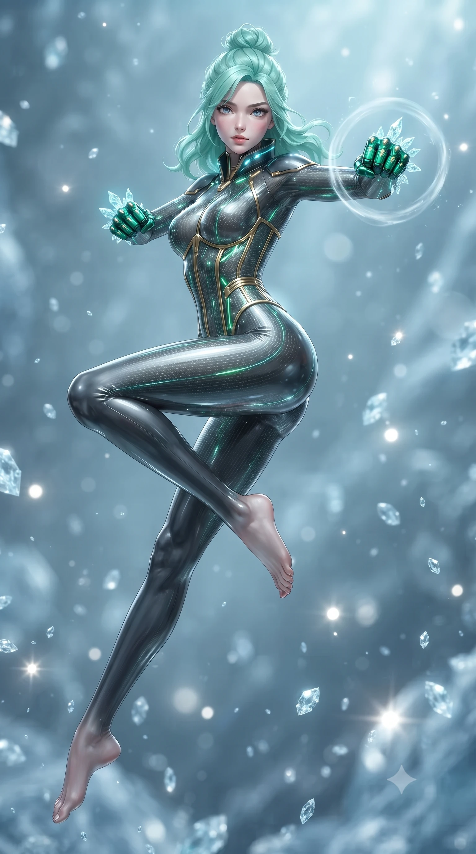 score_9, masterpiece, best quality, ultra-detailed, high-budget anime keyframe, editorial fashion photography, tasteful artistic composition, Japanese woman. low angle full-body shot from head to toe showing her feet, filling the entire 9:16 vertical frame with her statuesque presence, stretching her vertical silhouette. leaping into mid-air with an athletic yet alluring arch of her spine, driving a downward kinetic strike surrounded by a ring of displaced air while arching her spine in a fluid martial stretch as sub-zero energy crystals form along her carbon knuckle guards. The composition keeps background elements in soft focus with creamy bokeh. glistening diamond ice crystals scattering bright specular light motes across a cool backdrop. She has an absolutely perfect, statuesque 8.5-heads proportion, an exceptionally tall and slender model-like female figure with impossibly long slender legs, a toned flat midriff, and an ultra-slim waist. sharp v-shaped jawline, high-bridge nose, intricate jewel-like eyes with depth, thick eyelashes, glossy lips with a natural sheen, flawlessly proportioned anatomical accuracy, strict slender model proportions, natural body alignment, perfectly sculpted long slender limbs, ultra-slim waistline, clean dynamic posture without body distortion. wearing a precision-tailored high-fashion carbon-fiber corset bodysuit with gold mechanical rib boning and kinetic shock-dampening palms in emerald green carbon composite with glowing lime laser channels, crafted from semi-translucent cybernetic carbon-vinyl interwoven with glowing micro-filaments, featuring a sleek aerodynamic collar framed by subtle glowing cybernetic status LEDs, the liquid-tight tailored fabric emphasizing every curve of her tall, slender model proportions and sculptured silhouette during dynamic movement. bathed in glowing cyan cryogenic stasis radiance and cool white emergency strobe lighting. ultra-reflective glossy finish, specular highlights, dark metallic sheen, high-contrast stereoscopic depth, volumetric dynamic lighting, 2k, ultra detail, master piece, 9:16 ratio