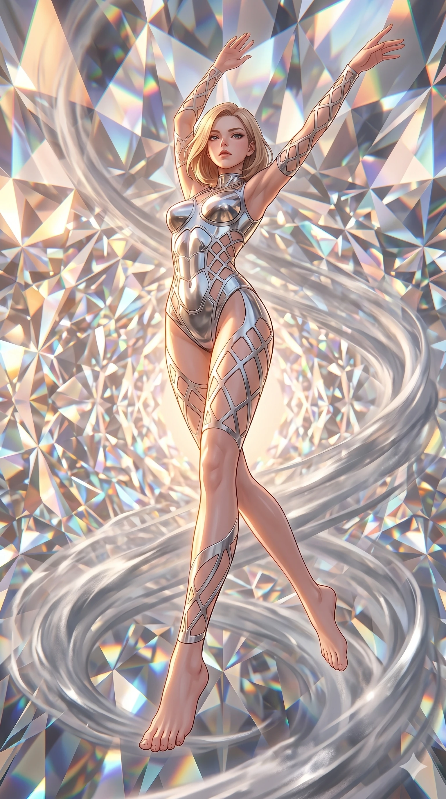 score_9, masterpiece, best quality, ultra-detailed, high-budget anime keyframe, editorial fashion photography, tasteful artistic composition, Korean woman. low angle full-body shot from head to toe showing her feet, filling the entire 9:16 vertical frame with her statuesque presence, stretching her vertical silhouette. leaping upwards into through a kaleidoscope tunnel made of shifting diamond prisms while swirling vortexes of silver mist encircle her legs. She has an absolutely perfect 8-heads proportion, an exceptionally tall and slender female figure with impossibly long slender legs and an ultra-slim waist. V-shaped jawline, high-bridge nose, intricate jewel-like eyes with depth, thick eyelashes, glossy lips with a natural sheen.. wearing a bionic chrome plate bodysuit, featuring silver chrome plates covering the torso and hips, connected by opaque geometric lattice panels. bathed in warm sunset rays that create a soft gold glow along her slender athletic build. 2k, ultra detail, master piece, 9:16 ratio