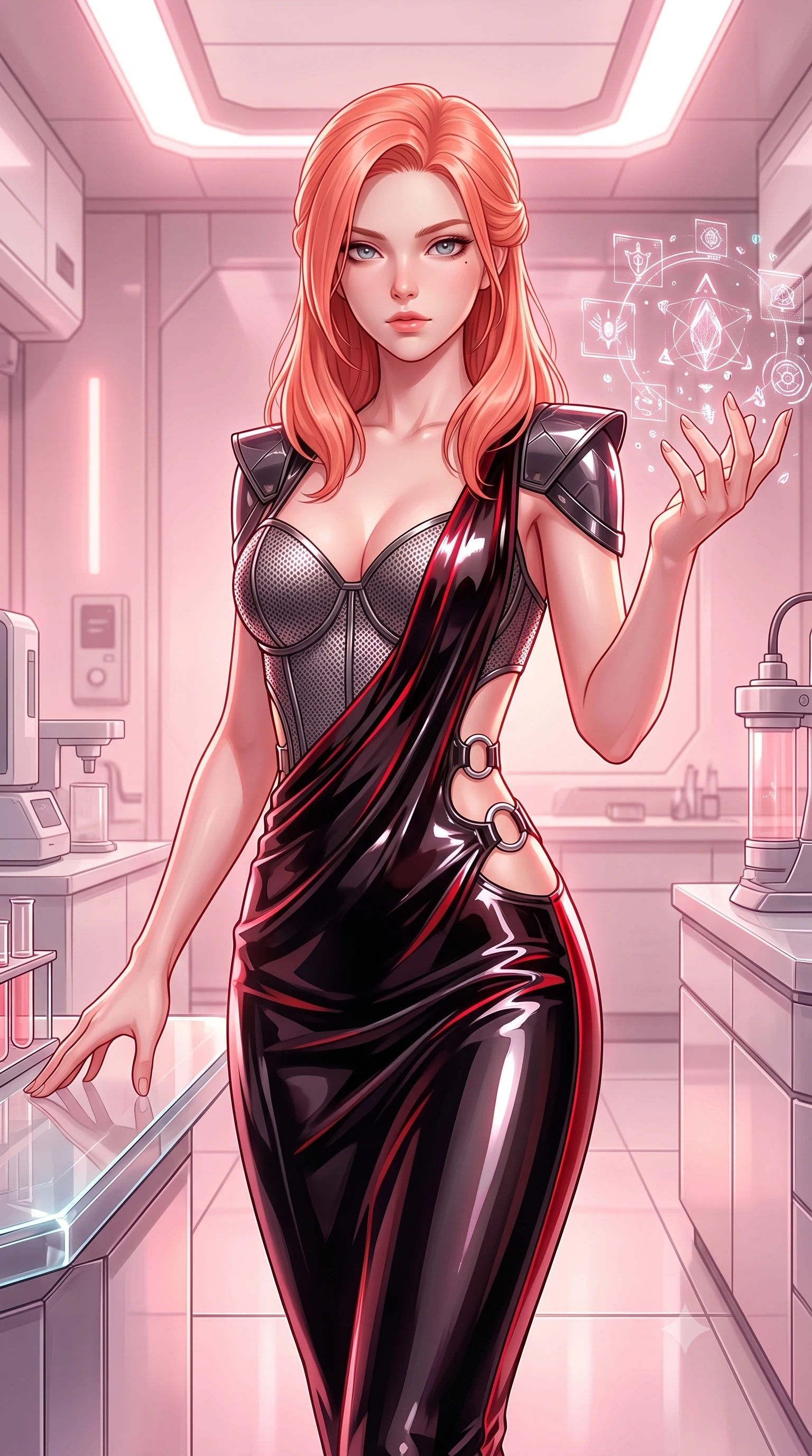 score_9, masterpiece, best quality, ultra-detailed, high-budget anime keyframe, semi-realistic 3D game render, editorial fashion photography, tasteful artistic composition, Japanese woman. close-up cowboy shot from the waist and thighs up, the character dominates the composition, filling the frame with her large presence. extending one arm gracefully as floating holographic glyphs and nano-crystals orbit her fingertips with sovereign power while resting one hand on the polished crystal glass with a serene, newly-awakened goddess gaze looking directly into the camera. The surrounding environment is rendered in vivid detail and crisp panoramic clarity. high-key pristine laboratory luxury and cyber-genesis aesthetics captured with environmental precision. She has an exceptionally elegant, slender, and willowy female figure with an ultra-slim waist, a gracefully sculpted slender torso, toned flat midriff, and a refined slim silhouette. sharp v-shaped jawline, high-bridge nose, intricate jewel-like eyes with depth, thick eyelashes, glossy lips with a natural sheen, flawlessly proportioned anatomical accuracy, strict slender model proportions, natural body alignment, perfectly sculpted long slender limbs, ultra-slim waistline, clean dynamic posture without body distortion. wearing a structured titanium-mesh bustier with geometric shoulder pauldrons and an ultra-slender liquid jersey drape in high-gloss obsidian black and burning laser crimson accents, formed from high-gloss patent material with specular chiaroscuro reflections, detailed with polished silver rings connecting the daring side-waist cutouts, the sleek second-skin cut tightly hugging her graceful clavicle, narrow waist, and feminine curves with athletic precision. bathed in soft glowing rose-gold and pink nanotech ambient radiance with pure white key lighting. rich saturated anime colors with glowing neon highlights, detailed shading with soft gradients, rich glossy textures, high-contrast stereoscopic depth, volumetric dynamic lighting, master piece, 9:16 ratio