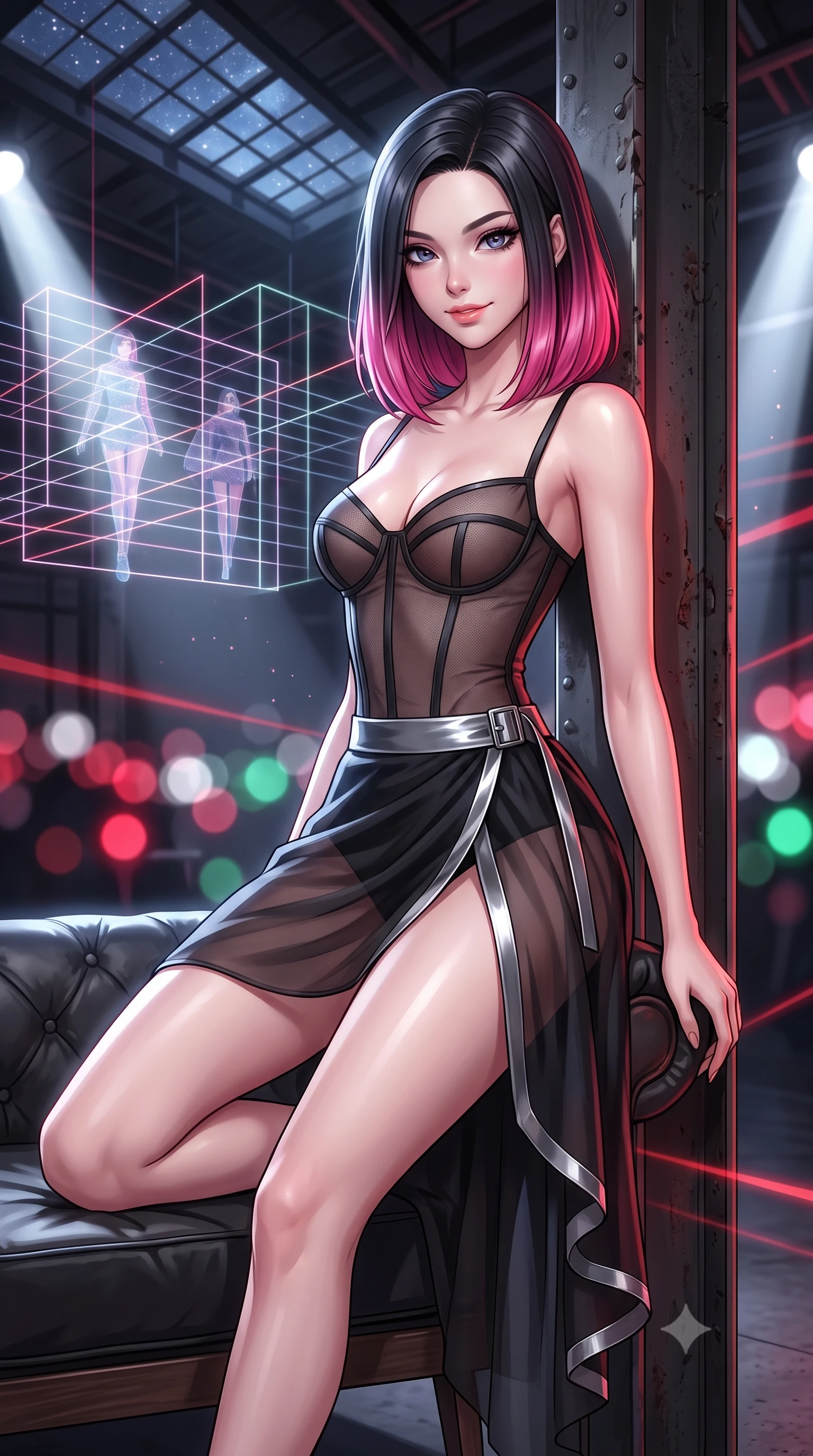 score_9, masterpiece, best quality, ultra-detailed, high-budget anime keyframe, editorial fashion photography, tasteful artistic composition, Korean woman. close-up cowboy shot from the waist and thighs up, the character dominates the composition, filling the frame with her large presence. perched sideways on the lounge seat, one knee drawn up to showcase her slender leg line while her arched back accentuates her feminine hip curve while leaning against the raw steel support column with hips cocked back, looking through geometric laser projections with intoxicating bedroom-eyes. The background shows a soft-focus floating geometric laser grids, holographic runway model projections, and industrial warehouse skylights under starlight blurred into ruby, platinum, and emerald bokeh. She has an exceptionally elegant, slender, and willowy female figure with an ultra-slim waist, flat toned midriff, narrow ribcage, and sculpted feminine hips creating an alluring, slim hourglass silhouette without bulk. sharp v-shaped jawline, high-bridge nose, intricate jewel-like sparkling eyes with depth, thick eyelashes, glossy parted lips with a natural peach sheen, bright cheerful beaming smile with an enchanting and coquettish sensual glint, exuding both youthful cute charm and seductive allure, flawlessly proportioned anatomical accuracy, strict slender model proportions, natural body alignment, perfectly sculpted long slender limbs, ultra-slim waistline, clean dynamic posture without body distortion. wearing a provocative translucent mesh corset bodice with boned satin channels paired with a sheer chiffon wrap skirt in matte carbon fiber black and polished chrome, made of sheer gossamer chiffon that drapes softly against skin with airy translucence, finished with sleek magnetic buckle closures fluttering in the breeze, the glove-like clinging cut tightly following the natural contour of her hips and long slender legs with youthful 8.5-heads elegance. bathed in high-contrast crisp white 5000K runway spotlights contrasted with subtle red ambient laser ribbons. ultra-reflective glossy finish, specular highlights, rich textural contrasts, high-contrast stereoscopic depth, volumetric dynamic lighting, 2k, ultra detail, master piece, 9:16 ratio