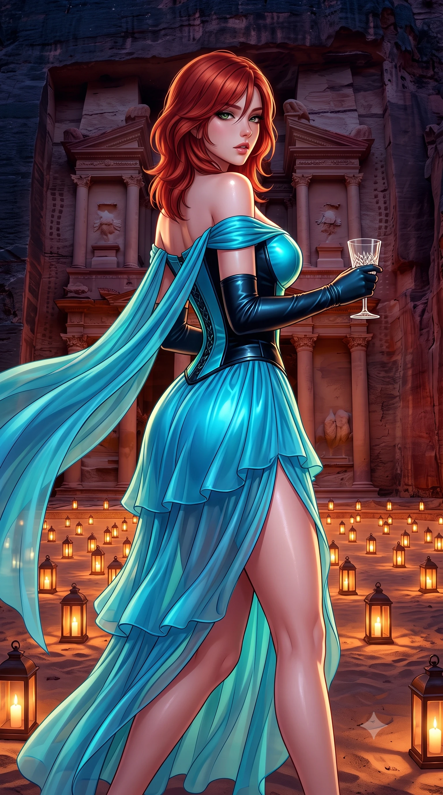 score_9, masterpiece, best quality, ultra-detailed, high-budget anime keyframe, semi-realistic 3D game render, editorial fashion photography, tasteful artistic composition, Korean woman. close-up cowboy shot from the waist and thighs up, the character dominates the composition, filling the frame with her large presence. twisting her slender torso in a deep contrapposto stance, hips dramatically shifted to accentuate her feminine curves while looking past her shoulder with smoldering bedroom-eyes while walking gracefully down the lantern-lit sand pathway, her sweeping desert gown fluttering around her long slender limbs under the starlit sky. The surrounding environment is rendered in vivid detail and crisp panoramic clarity. detailed silk chiffon cape drape, flickering candlelight sheen on skin, and Petra Treasury facade clarity in high resolution. She has an exceptionally elegant, slender, and willowy female figure with an ultra-slim waist, flat toned midriff, narrow ribcage, and sculpted feminine hips creating an alluring, slim hourglass silhouette without bulk. sharp v-shaped jawline, high-bridge nose, intricate jewel-like eyes with depth, thick eyelashes, glossy parted lips with a natural sheen, intensely captivating and seductive bedroom-eyes expression, flawlessly proportioned anatomical accuracy, strict slender model proportions, natural body alignment, perfectly sculpted long slender limbs, ultra-slim waistline, clean dynamic posture without body distortion. wearing an off-shoulder French court corset bodice dress paired with a tiered translucent chiffon slit skirt in neon electric cyan and lacquer black, formed from supple second-skin lambskin leather with specular sheen, accessorized with opera-length satin gloves and a vintage crystal glass, the second-skin form-contouring cut accentuating her sculpted flat midriff, narrow delicate ribcage, and gracefully curvy hips with supermodel precision. bathed in warm flickering glow of hundreds of candle lanterns contrasting with the deep indigo desert night sky. highly saturated vibrant anime colors, detailed shading with soft gradients, rich glossy textures, high-contrast stereoscopic depth, volumetric dynamic lighting, master piece, 9:16 ratio