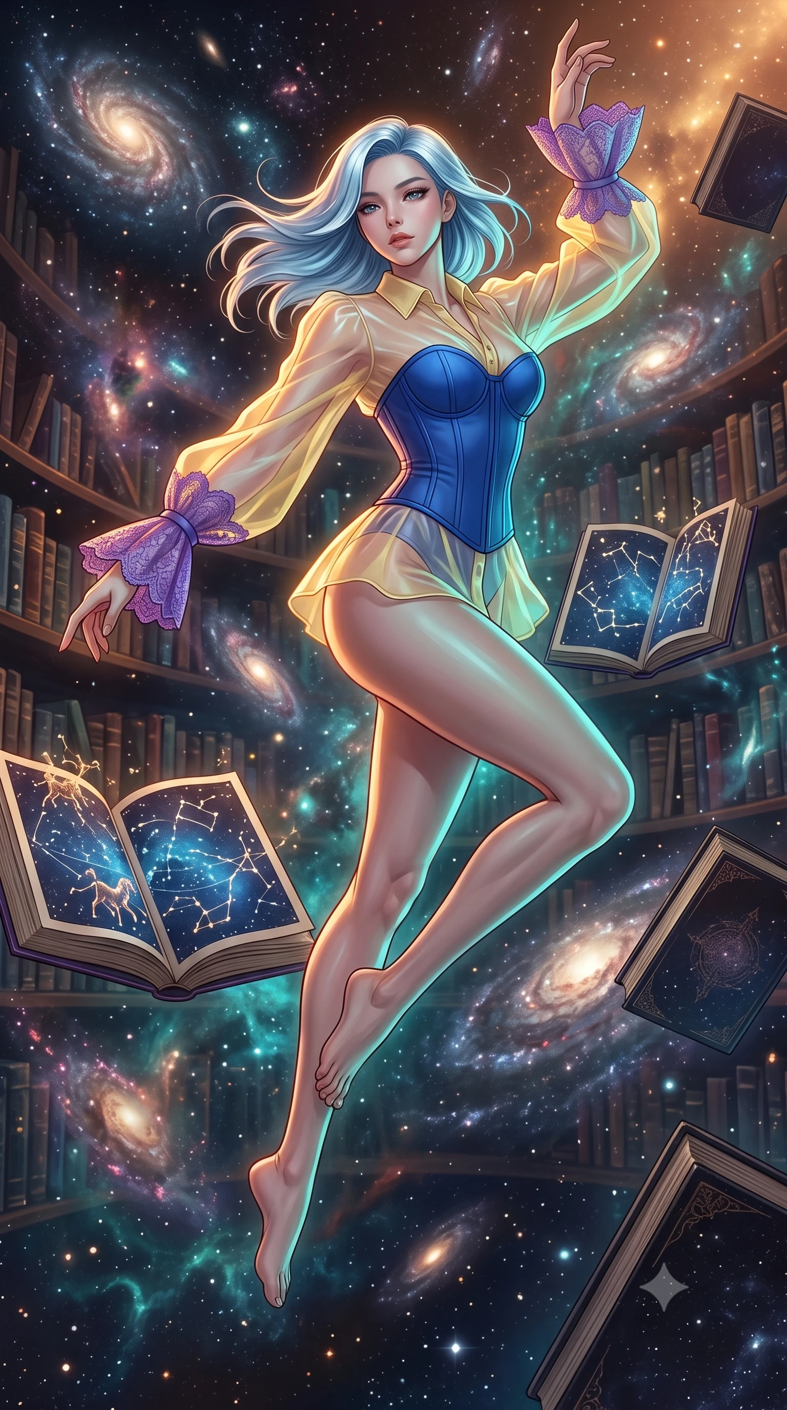 score_9, masterpiece, best quality, ultra-detailed, high-budget anime keyframe, editorial fashion photography, tasteful artistic composition, Korean woman. low angle full-body shot from head to toe showing her feet, filling the entire 9:16 vertical frame with her statuesque presence, stretching her vertical silhouette. dancing with weightless grace through an impossible library where living star charts serve as pages in books of dark matter the constellation figures physically moving along bookshelves made of compressed starlight and nebula dust. She has a statuesque 8.5-heads proportion, an exceptionally tall, slender and willowy model-like build with impossibly long legs and a highly sculpted ultra-slim waist. sharp v-shaped jawline, high-bridge nose, intricate jewel-like eyes with depth, thick eyelashes, glossy lips with a natural sheen. wearing a transparent organza blouse in pastel yellow with purple lace cuffs, layered over a structured cobalt blue corset. warm amber rim lighting combined with cool teal fill light creating dramatic contrast. 2k, ultra detail, master piece, 9:16 ratio
