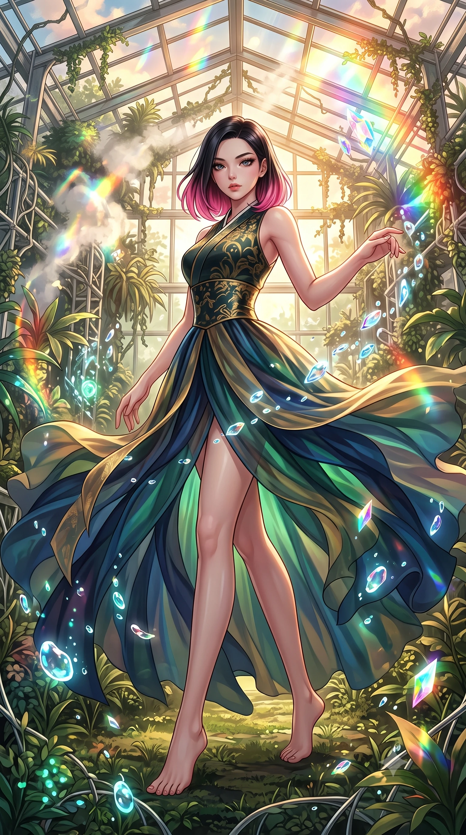 score_9, masterpiece, best quality, ultra-detailed, high-budget anime keyframe, editorial fashion photography, tasteful artistic composition, Korean woman. low angle full-body shot from head to toe showing her feet, filling the entire 9:16 vertical frame with her statuesque presence, stretching her vertical silhouette. interacting gracefully with the magical floating elements while maintaining a confident posture forging through an overgrown greenhouse filled with platinum wire lattices, steam clouds refracting sunlight into brilliant rainbow prisms. She has an absolutely perfect, statuesque 8.5-heads proportion, an exceptionally tall and slender model-like female figure with impossibly long slender legs and an ultra-slim waist. sharp v-shaped jawline, high-bridge nose, intricate jewel-like eyes with depth, thick eyelashes, glossy lips with a natural sheen. wearing a modern fusion silk hanbok dress with a structured bodice and flowing chiffon skirt, the glove-like fit emphasizing her statuesque silhouette. bathed in warm golden sunlight and soft emerald bioluminescent glow. highly saturated vibrant anime colors, detailed shading with soft gradients, rich glossy textures, high-contrast stereoscopic depth, volumetric dynamic lighting, master piece, 9:16 ratio
