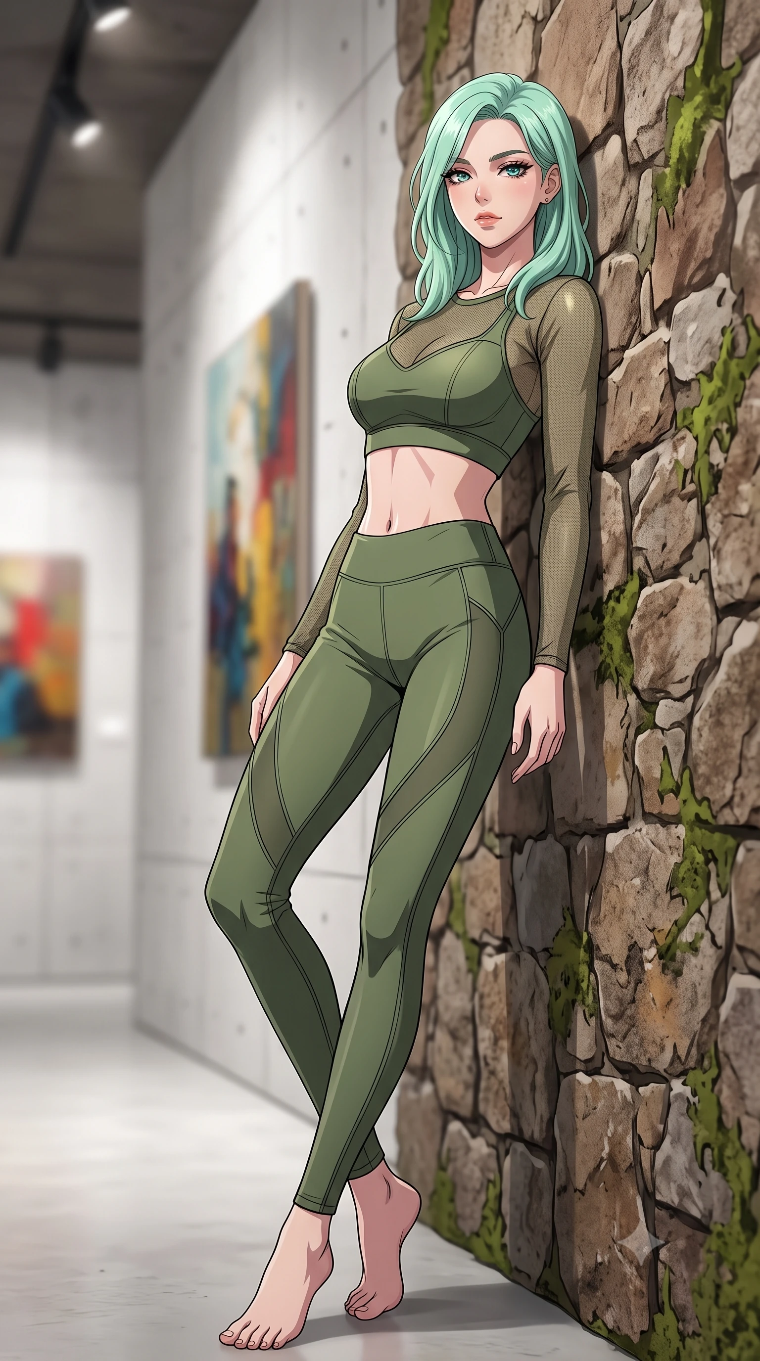 score_9, masterpiece, best quality, ultra-detailed, high-budget anime keyframe, tasteful artistic composition, Japanese woman. low angle full-body shot from head to toe showing her feet, filling the entire 9:16 vertical frame with her statuesque presence, stretching her vertical silhouette. leaning back against a rustic stone wall, casting a slow, alluring gaze at the camera the background shows a soft-focus a private art gallery corridor with white concrete walls and abstract oil paintings. She has an absolutely perfect, statuesque 8.5-heads proportion, an exceptionally tall and slender model-like female figure with impossibly long slender legs and an ultra-slim waist. sharp v-shaped jawline, high-bridge nose, intricate jewel-like eyes with depth, thick eyelashes, glossy lips with a natural sheen. wearing a tailored sheer mesh long-sleeve crop top in olive green, worn over a matching sports bra and leggings. focused art spotlights casting clean, structured lighting over her figure. highly saturated vibrant anime colors, cel-shading, 2d style, master piece, 9:16 ratio