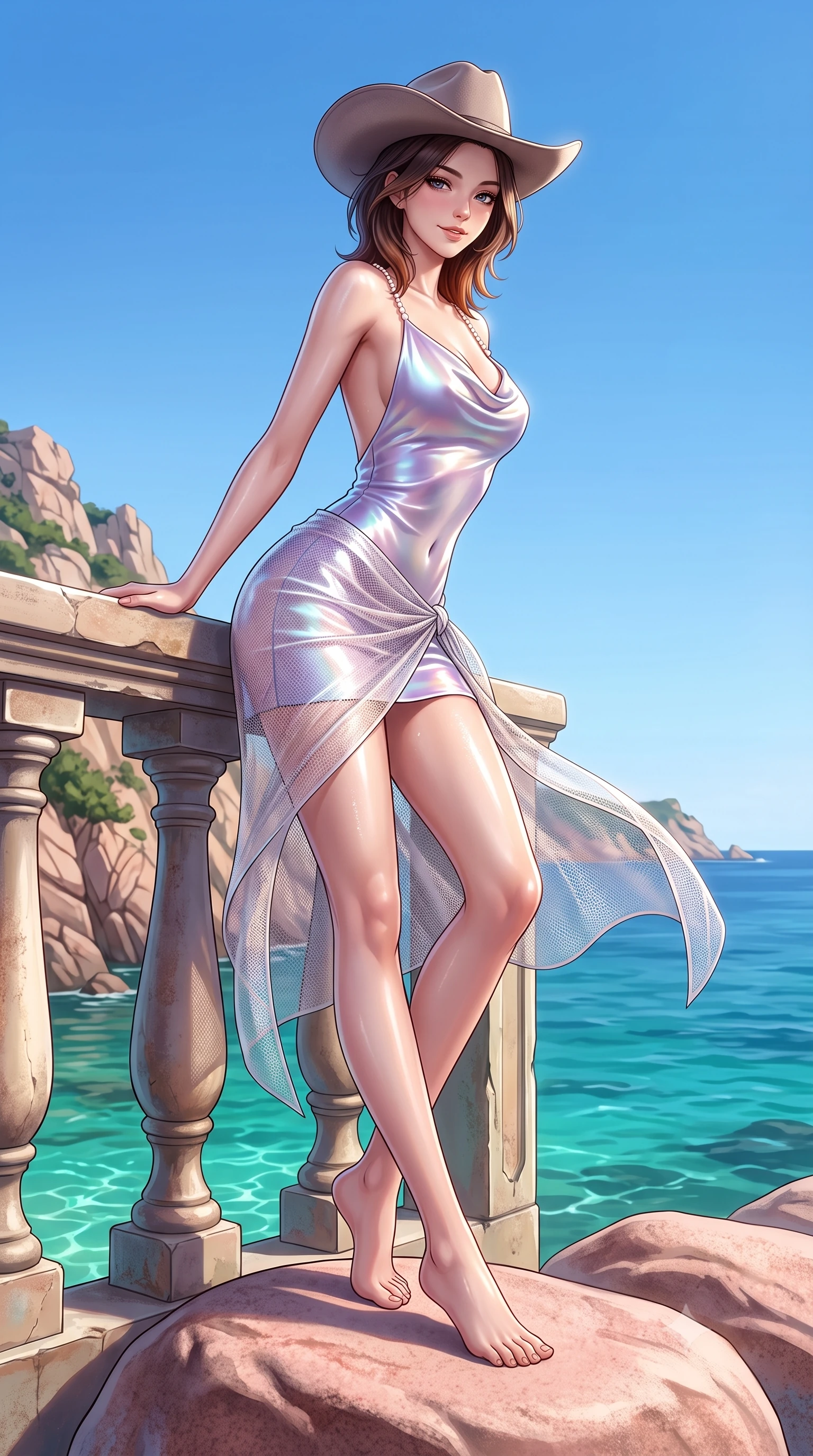 score_9, masterpiece, best quality, ultra-detailed, high-budget anime keyframe, semi-realistic 3D game render, editorial fashion photography, tasteful artistic composition, Korean woman. low angle full-body shot from head to toe showing her feet, filling the entire 9:16 vertical frame with her statuesque presence, stretching her vertical silhouette. leaning deep against the balcony balustrade with hips cocked back in an unapologetically alluring high-fashion stance, casting an intoxicating glance while standing on the smooth wind-sculpted pink granite boulder, arching her spine with breathtaking statuesque presence against emerald water. The surrounding environment is rendered in vivid detail and crisp panoramic clarity: detailed sheer mesh beach sarong weave, dewy skin highlights, and untouched Sardinian coastal geology in razor-sharp precision. She has an absolutely perfect, statuesque 8.5-heads proportion, an exceptionally tall and slender model-like female figure with impossibly long slender legs, an ultra-slim waist, a flat toned midriff, narrow delicate ribcage, and beautifully sculpted feminine hips creating a graceful, slim hourglass silhouette without any bulky heaviness. sharp v-shaped jawline, high-bridge nose, sparkling eyes with hypnotic seductive depth, thick curled eyelashes, glossy parted lips with a natural dewy peach sheen, alluring bedroom-eyes with an enchanting coquettish smile, exuding magnetic siren charisma and sophisticated glamour, flawlessly proportioned anatomical accuracy, strict slender model proportions, natural body alignment, perfectly sculpted long slender limbs, ultra-slim waistline, clean dynamic posture without body distortion. wearing a slinky backless cowl-neck silk satin beach slip mini dress with dainty pearl spaghetti straps in iridescent mother-of-pearl and dusk lavender, crafted from wet-look high-gloss vinyl fabric with dazzling specular surface reflections, finished with a wide-brimmed felt cowboy hat tipped back to frame her face and long glossy hair, the second-skin tailored fabric adhering flawlessly to her sculpted flat midriff and slender torso, emphasizing her long leg lines and perfectly proportioned willowy build. illuminated by lagoon water caustic bounce and sharp platinum rim lights defining her delicate clavicles, narrow waist, and curvy hips. highly saturated vibrant anime colors, detailed shading with soft gradients, rich glossy textures, high-contrast stereoscopic depth, volumetric dynamic lighting, master piece, 9:16 ratio