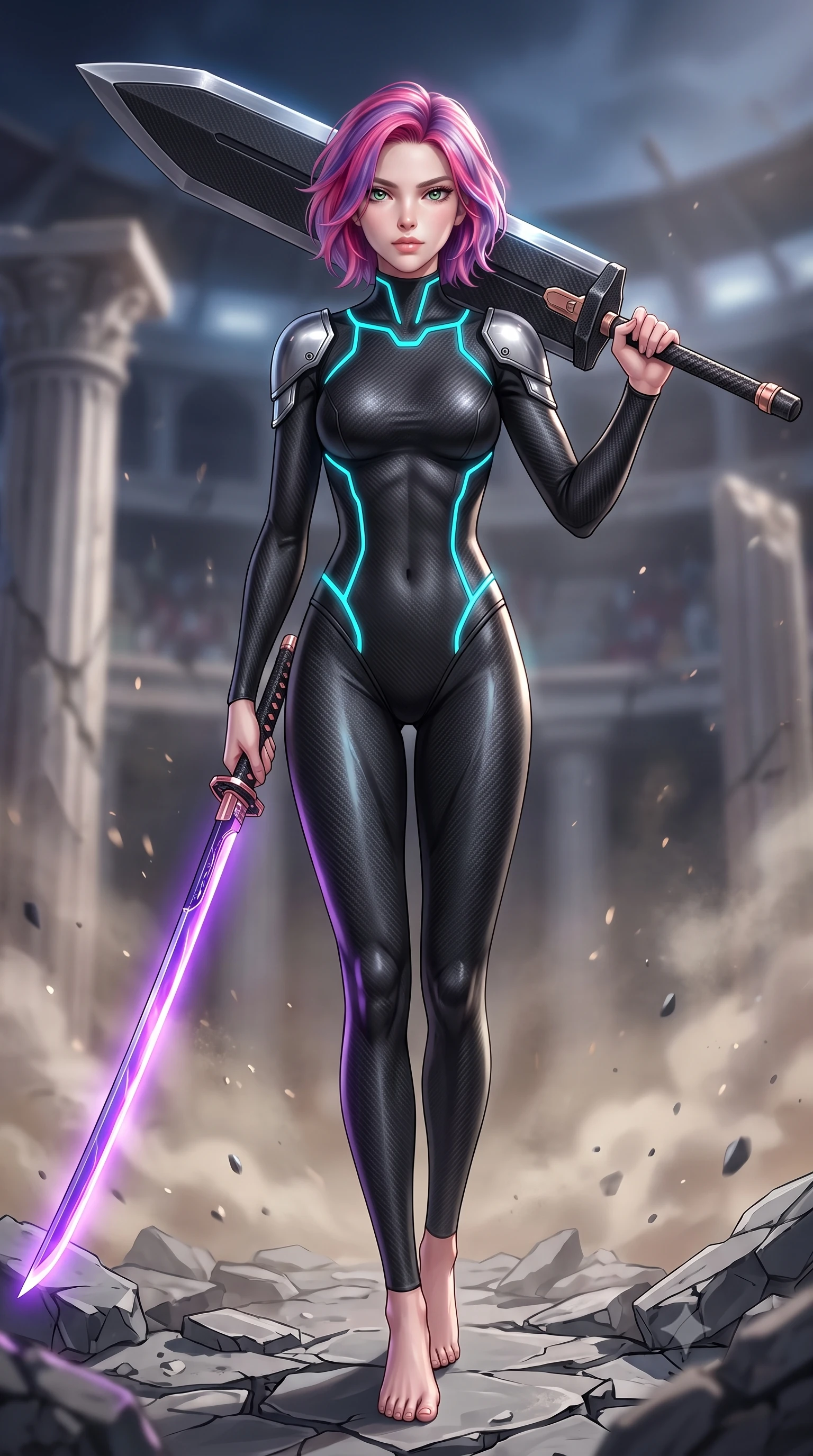 score_9, masterpiece, best quality, ultra-detailed, high-budget anime keyframe, semi-realistic 3D game render, editorial fashion photography, tasteful artistic composition, Caucasian woman. low angle full-body shot from head to toe showing her feet, filling the entire 9:16 vertical frame with her statuesque presence, stretching her vertical silhouette. striding forward with commanding supermodel grace, weapon held at the ready, her 8.5-heads statuesque silhouette dominating the vertical frame from head to toe while standing victorious on the shattered rubble of a cybernetic colosseum arena with a massive carbon greatsword resting on her shoulder. The composition keeps background elements in soft focus with creamy bokeh. shattered arena pillars and rising dust motes softened in dramatic shallow depth of field. She has an absolutely perfect, statuesque 8.5-heads proportion, an exceptionally tall and slender model-like female figure with impossibly long slender legs, a toned flat midriff, and an ultra-slim waist. sharp v-shaped jawline, high-bridge nose, intricate jewel-like eyes with depth, thick eyelashes, glossy lips with a natural sheen, flawlessly proportioned anatomical accuracy, strict slender model proportions, natural body alignment, perfectly sculpted long slender limbs, ultra-slim waistline, clean dynamic posture without body distortion. wearing an aerodynamic matte-black carbon-fiber bodysuit with glowing neon cyan conduit lines, reinforced by polished titanium pauldrons, wielding a sleek holographic plasma katana with a brilliant energy blade in royal purple carbon fiber with rose-gold hardware and clasps, tailored from flexible second-skin carbon-mesh that clings flawlessly to her athletic curves, accented with glowing fiber-optic conduits tracing her collarbones and hip curves, the liquid-tight tailored fabric emphasizing every curve of her tall, slender model proportions and sculptured silhouette during dynamic movement. illuminated by sharp specular highlights tracing her ultra-slim waist, long legs, and flat midriff. rich saturated anime colors with glowing neon highlights, detailed shading with soft gradients, rich glossy textures, high-contrast stereoscopic depth, volumetric dynamic lighting, master piece, 9:16 ratio
