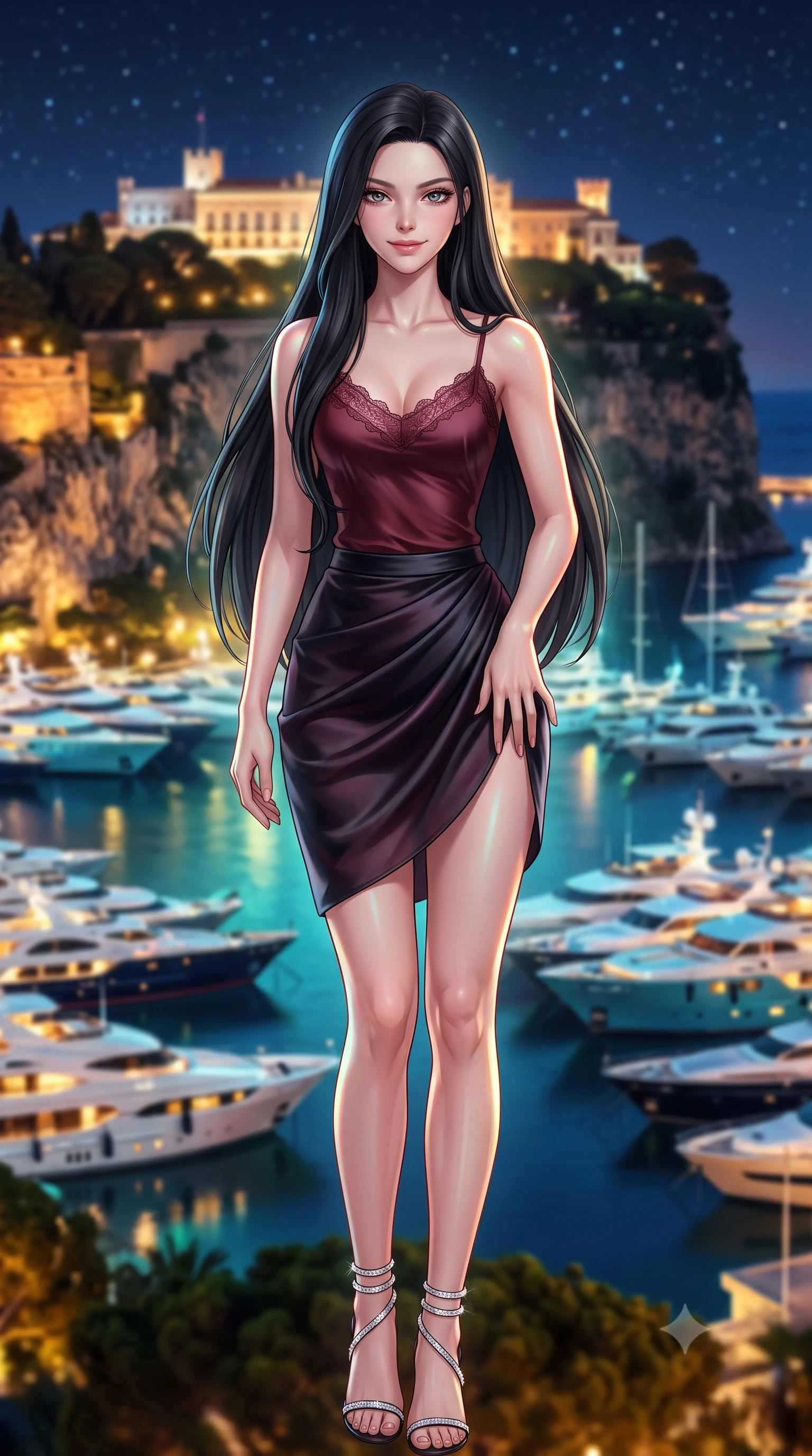 score_9, masterpiece, best quality, ultra-detailed, high-budget anime keyframe, semi-realistic 3D game render, editorial fashion photography, tasteful artistic composition, Korean woman. close-up cowboy shot from the waist and thighs up, the character dominates the composition, filling the frame with her large presence. tilting her head with a teasing half-smile, running one hand slowly down the side of her hip in a flirtatious S-curve as ambient light caresses her silhouette while twisting her slender torso in an alluring S-curve, glittering mega-yacht lights dancing across her bare shoulders, flat midriff, and curvy hips. The background shows a soft-focus hundreds of illuminated luxury yachts moored in Port Hercules, Prince's Palace on the rock cliff, and starry sky blurred into aquamarine, gold, and sapphire bokeh. She has an exceptionally elegant, slender, and willowy female figure with an ultra-slim waist, flat toned midriff, narrow ribcage, and sculpted feminine hips creating an alluring, slim hourglass silhouette without bulk. sharp v-shaped jawline, high-bridge nose, sparkling eyes with hypnotic seductive depth, thick curled eyelashes, glossy parted lips with a natural dewy peach sheen, alluring bedroom-eyes with an enchanting coquettish smile, exuding magnetic siren charisma and sophisticated glamour, flawlessly proportioned anatomical accuracy, strict slender model proportions, natural body alignment, perfectly sculpted long slender limbs, ultra-slim waistline, clean dynamic posture without body distortion. wearing a delicate lace-trimmed silk camisole paired with a draped satin tulip mini skirt with high side slit in Gion dark cherry and midnight obsidian, made of sheer gossamer chiffon that drapes softly against skin with airy translucence, complemented by strappy stiletto sandals with crystal ankle wraps accentuating her slender calves, the second-skin tailored fabric adhering flawlessly to her sculpted flat midriff and slender torso, emphasizing her long leg lines and perfectly proportioned willowy build. bathed in warm garden landscape uplighting mixed with dynamic multi-color reflections from harbor yachts. highly saturated vibrant anime colors, detailed shading with soft gradients, rich glossy textures, high-contrast stereoscopic depth, volumetric dynamic lighting, master piece, 9:16 ratio