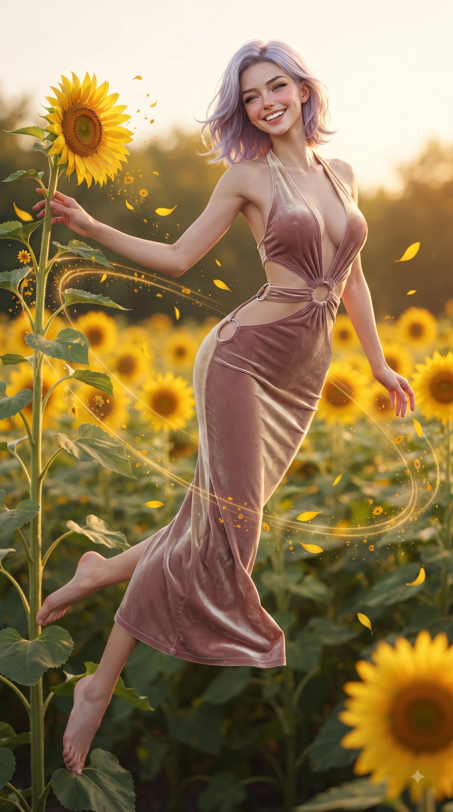 score_9, masterpiece, best quality, ultra-detailed, high-budget anime keyframe, editorial fashion photography, tasteful artistic composition, Caucasian woman. low angle full-body shot from head to toe showing her feet, filling the entire 9:16 vertical frame with her statuesque presence, stretching her vertical silhouette. performing a cheerful mid-air rotation with flawless poise, her radiant smile capturing pure happy energy while reaching out to touch a towering sunflower stalk while beaming happily into the camera lens, floating flower pollen and yellow petals drifting gracefully in dynamic orbital paths. She has an absolutely perfect, statuesque 8.5-heads proportion, an exceptionally tall and slender model-like female figure with impossibly long slender legs and an ultra-slim waist. sharp v-shaped jawline, high-bridge nose, intricate jewel-like eyes with depth, thick eyelashes, glossy lips with a natural sheen, flawlessly proportioned anatomical accuracy, natural body alignment, perfectly sculpted elegant limbs, clean dynamic posture without body distortion. wearing a deep-scoop halter bodycon dress with hip cutouts connected by silver rings in dusty rose and champagne gold, made of premium stretch velvet with a rich sheen, featuring subtle geometric cutouts that highlight her ultra-slim midriff, the elegant draped fit framing her graceful clavicle and slender torso. surrounded by a vibrant, uplifting atmosphere filled with golden radiance. ultra-reflective glossy finish, specular highlights, metallic sheen, high-contrast stereoscopic depth, volumetric dynamic lighting, 2k, ultra detail, master piece, 9:16 ratio