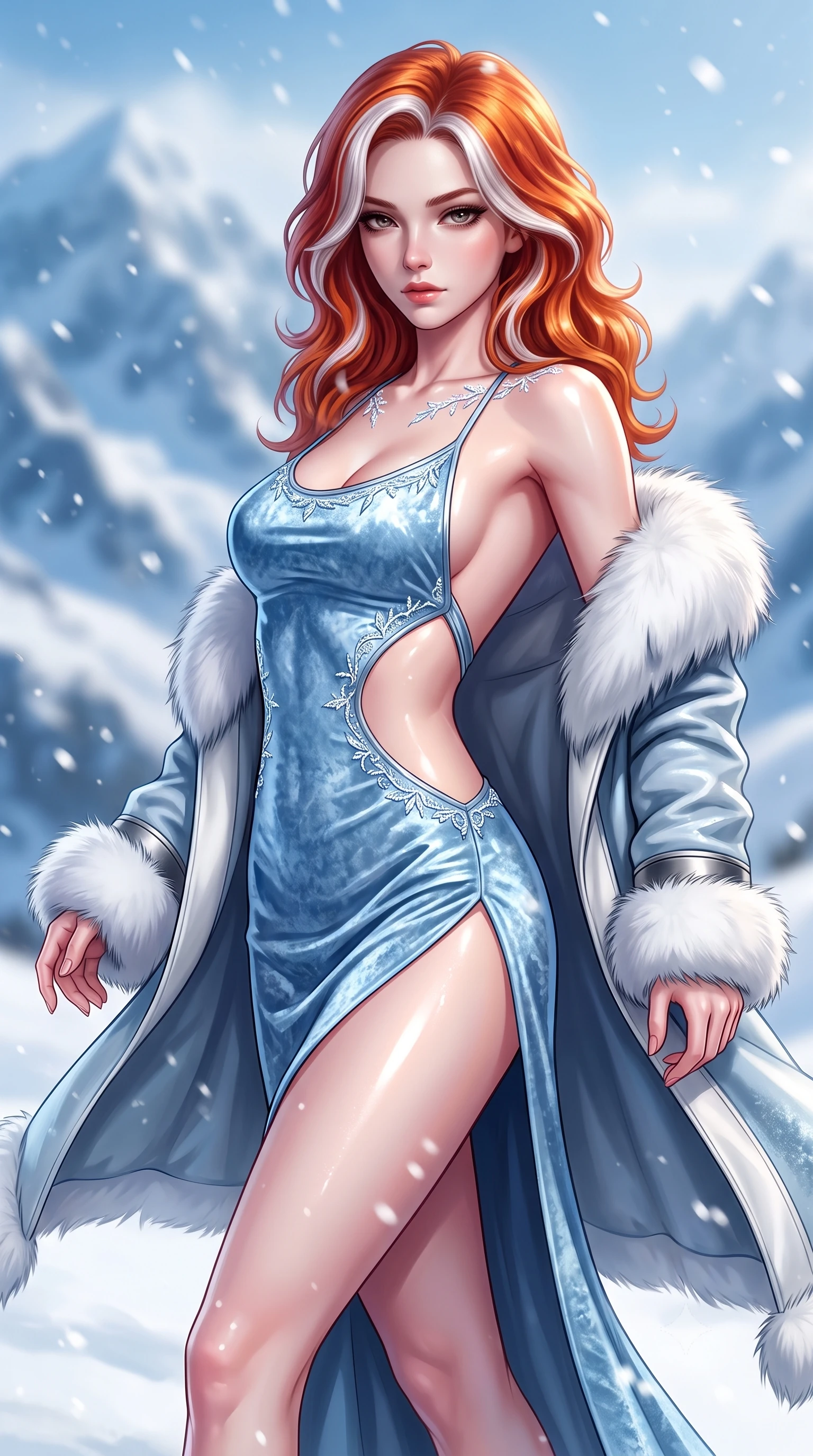 score_9, masterpiece, best quality, ultra-detailed, high-budget anime keyframe, semi-realistic 3D game render, editorial fashion photography, tasteful artistic composition, Caucasian woman. close-up cowboy shot from the waist and thighs up, the character dominates the composition, filling the frame with her large presence. leaning back with relaxed seductive grace, her sculpted collarbones highlighted by light, casting smoldering bedroom-eyes directly into the lens while striding through the fresh powder snow with sovereign elegance, arching her back as mountain winds flutter her open coat. The composition keeps background elements in soft focus with creamy bokeh. panoramic snow-capped mountain peaks and drifting blizzard flakes blurred into soft cerulean, slate-blue, and crystal-white bokeh. She has an exceptionally elegant, slender, and willowy female figure with an ultra-slim waist, a gracefully sculpted slender torso, toned flat midriff, and a refined slim silhouette. sharp v-shaped jawline, high-bridge nose, intricate jewel-like eyes with depth, thick eyelashes, glossy parted lips with a natural sheen, intensely captivating and seductive expression, flawlessly proportioned anatomical accuracy, strict slender model proportions, natural body alignment, perfectly sculpted long slender limbs, ultra-slim waistline, clean dynamic posture without body distortion. wearing an ice-blue crushed velvet evening dress with a high side slit and dramatic bare back in metallic titanium and arctic fox white, tailored from supple white lambskin leather with fur trim accents, finished with delicate crystal frost embroidery tracing the collarbones, the precision-cut daring openings accentuating her delicate midriff, graceful bare collarbones, and ultra-slim feminine waistline. illuminated by bright specular snow reflections tracing her sculpted collarbones, waist, and long limbs. highly saturated vibrant anime colors, detailed shading with soft gradients, rich glossy textures, high-contrast stereoscopic depth, volumetric dynamic lighting, master piece, 9:16 ratio
