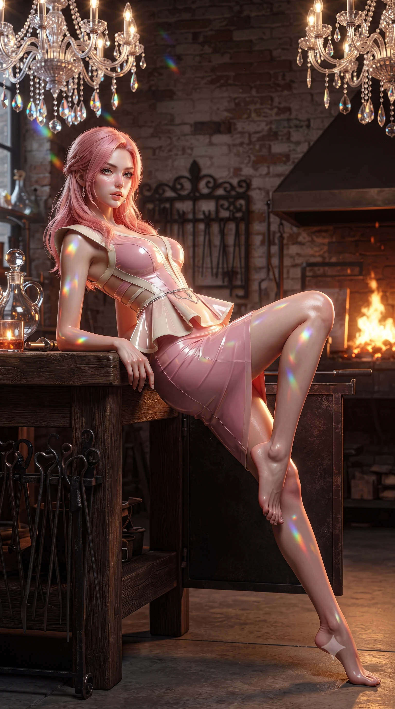 score_9, masterpiece, best quality, ultra-detailed, high-budget anime keyframe, editorial fashion photography, tasteful artistic composition, Japanese woman. low angle full-body shot from head to toe showing her feet, filling the entire 9:16 vertical frame with her statuesque presence, stretching her vertical silhouette. reclining on her side in an elegant Cleopatra pose with one knee drawn up, the dramatic contour of her rounded hips and long slender legs commanding the 9:16 vertical frame while leaning against a heavy oak workbench surrounded by hand-blown crystal chandeliers, arching her lower back as glowing furnace embers cast fiery light. The surrounding environment is rendered in vivid detail and crisp panoramic clarity. sharp hand-blown glass facets, antique brick wall texture, and wrought-iron tool rack details in deep focus. She has an exceptionally tall and slender model-like 8.5-heads proportion, an ultra-slim waist, a flat toned midriff, narrow delicate ribcage, and beautifully sculpted feminine hips creating a graceful, slim hourglass silhouette without any bulky heaviness, with impossibly long slender legs. sharp v-shaped jawline, high-bridge nose, intricate jewel-like eyes with depth, thick eyelashes, glossy parted lips with a natural sheen, intensely captivating and seductive bedroom-eyes expression, flawlessly proportioned anatomical accuracy, strict slender model proportions, natural body alignment, perfectly sculpted long slender limbs, ultra-slim waistline, clean dynamic posture without body distortion. wearing a structural geometric peplum gown with sheer side-ribbon cutouts and form-fitting skirt in sakura blossom pink and warm ivory, tailored from second-skin aerodynamic stretch vinyl with specular wet sheen, accented with a dainty diamond waist chain catching the ambient light reflections, the glove-like aerodynamic silhouette tightly following the natural contour of her hips and long slender legs with statuesque 8.5-heads elegance. illuminated by dazzling rainbow crystal caustics sculpting her razor-sharp jawline, narrow waist, and curvy hips. ultra-reflective glossy finish, specular highlights, rich textural contrasts, high-contrast stereoscopic depth, volumetric dynamic lighting, 2k, ultra detail, master piece, 9:16 ratio