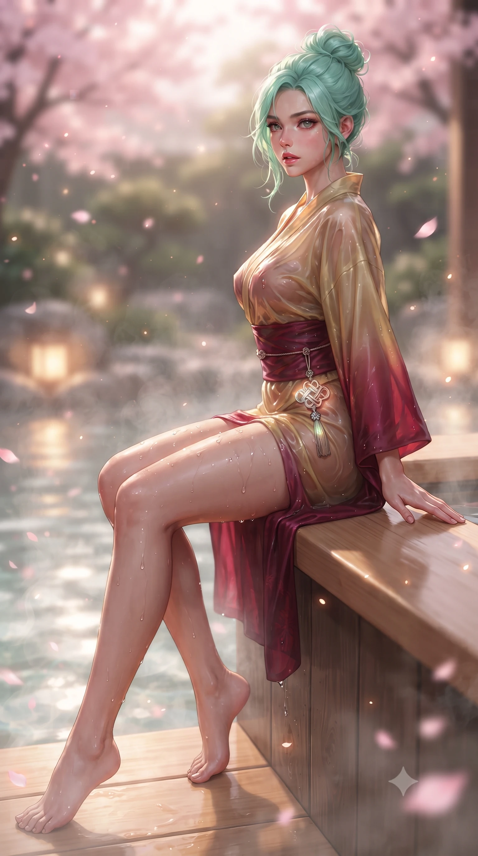 score_9, masterpiece, best quality, ultra-detailed, high-budget anime keyframe, editorial fashion photography, tasteful artistic composition, Japanese woman. low angle full-body shot from head to toe showing her feet, filling the entire 9:16 vertical frame with her statuesque presence, stretching her vertical silhouette. sitting perched on the elevated ledge with hips angled toward the camera and legs crossed, displaying her toned midriff and flawlessly sculpted slender limbs while perching on the smooth hinoki wood rim of a steaming outdoor onsen, water droplets beading on her hip as she glances back with parted lips. The composition keeps background elements in soft focus with creamy bokeh. thermal pool ripple caustics and drifting sakura petals scattering soft luminous light motes. She has an absolutely perfect, statuesque 8.5-heads proportion, an exceptionally tall and slender model-like female figure with impossibly long slender legs, a toned flat midriff, an ultra-slim waist, and beautifully sculpted feminine hips. sharp v-shaped jawline, high-bridge nose, intricate jewel-like eyes with depth, thick eyelashes, glossy parted lips with a natural sheen, intensely captivating and seductive bedroom-eyes expression, flawlessly proportioned anatomical accuracy, strict slender model proportions, natural body alignment, perfectly sculpted long slender limbs, ultra-slim waistline, clean dynamic posture without body distortion. wearing a delicate semi-translucent silk yukata that clings to her wet skin and curvy hip contours in imperial gold and deep crimson silk, made of liquid bamboo jersey adhering seamlessly to her slender frame, accented with a glowing metallic norigae knot charm resting against her hip, the liquid-tight tailored fabric clinging flawlessly to her narrow waist and rounded feminine hips, emphasizing every millimeter of her sculpted hourglass curves during movement. bathed in soft pink cherry blossom ambient glow and warm underwater mineral pool lights. ultra-reflective glossy finish, specular highlights, rich textural contrasts, high-contrast stereoscopic depth, volumetric dynamic lighting, 2k, ultra detail, master piece, 9:16 ratio