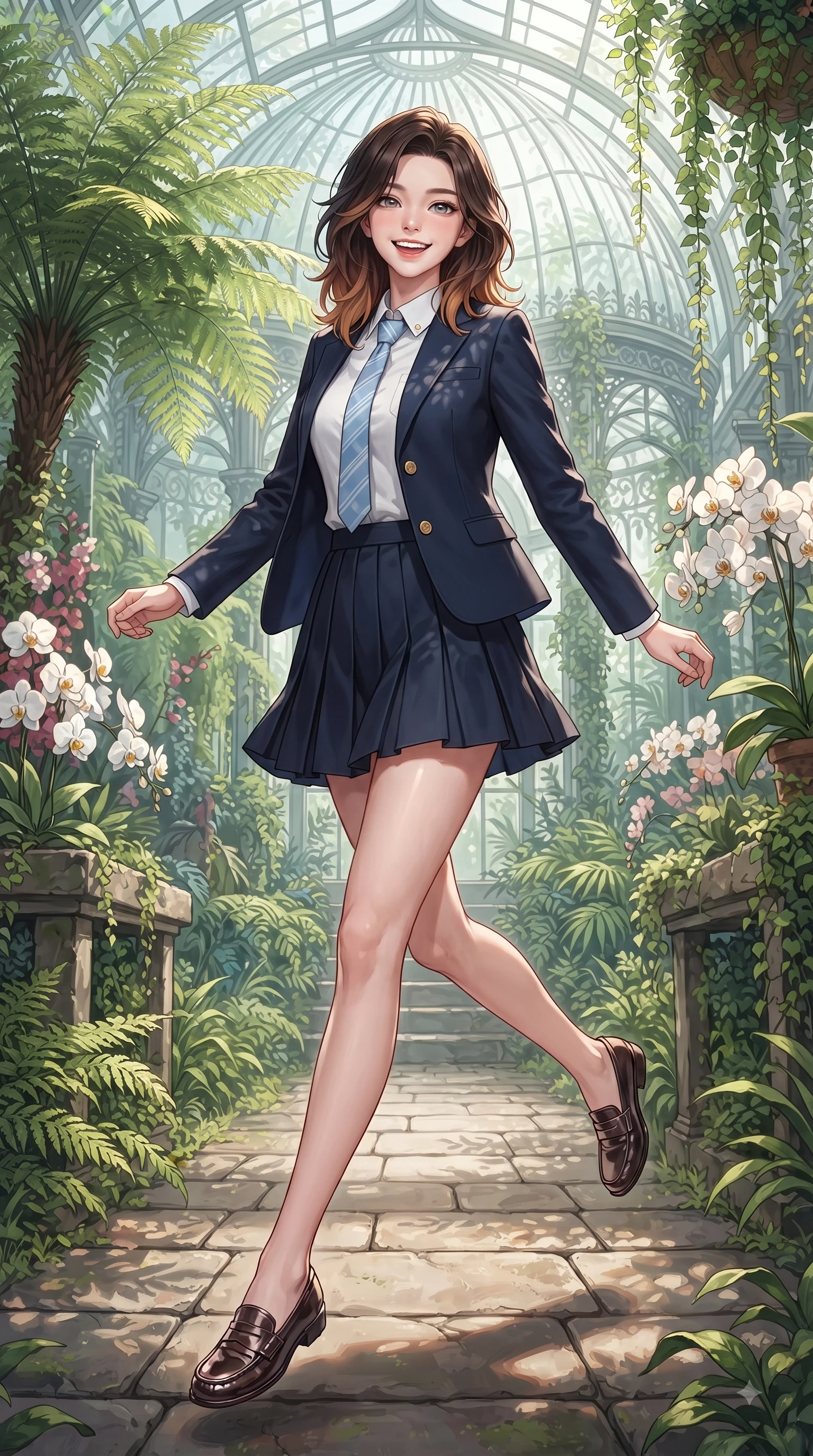 score_9, masterpiece, best quality, ultra-detailed, high-budget anime keyframe, editorial fashion photography, tasteful artistic composition, Korean woman. low angle full-body shot from head to toe showing her feet, filling the entire 9:16 vertical frame with her statuesque presence, stretching her vertical silhouette. leaping with pure youthful energy through the scene with a radiant bright smile, her long slender legs balanced gracefully while strolling happily along a stone garden path amidst towering tropical ferns and blooming white orchids. The surrounding environment is rendered in vivid detail and crisp panoramic clarity. intricate glasshouse dome architecture, cascading tropical vines, and vibrant botanical garden displays in deep focus. She has an absolutely perfect, statuesque 8.5-heads proportion, an exceptionally tall and slender model-like female figure with impossibly long slender legs and an ultra-slim waist. sharp v-shaped jawline, high-bridge nose, intricate jewel-like eyes with depth, thick eyelashes, glossy lips with a natural sheen, flawlessly proportioned anatomical accuracy, natural body alignment, perfectly sculpted elegant limbs, clean dynamic posture without body distortion. wearing a preppy academy blazer over a crisp collared shirt, navy pleated skirt, and a slim necktie in baby blue and cloud white, woven with delicate eyelet lace and soft cotton, finished with subtle ruffle trims and delicate pearl buttons, the tailored casual silhouette highlighting her fresh and youthful presence. illuminated by fresh botanical sunbeams casting delicate leaf patterns. ultra-reflective glossy finish, specular highlights, metallic sheen, high-contrast stereoscopic depth, volumetric dynamic lighting, 2k, ultra detail, master piece, 9:16 ratio