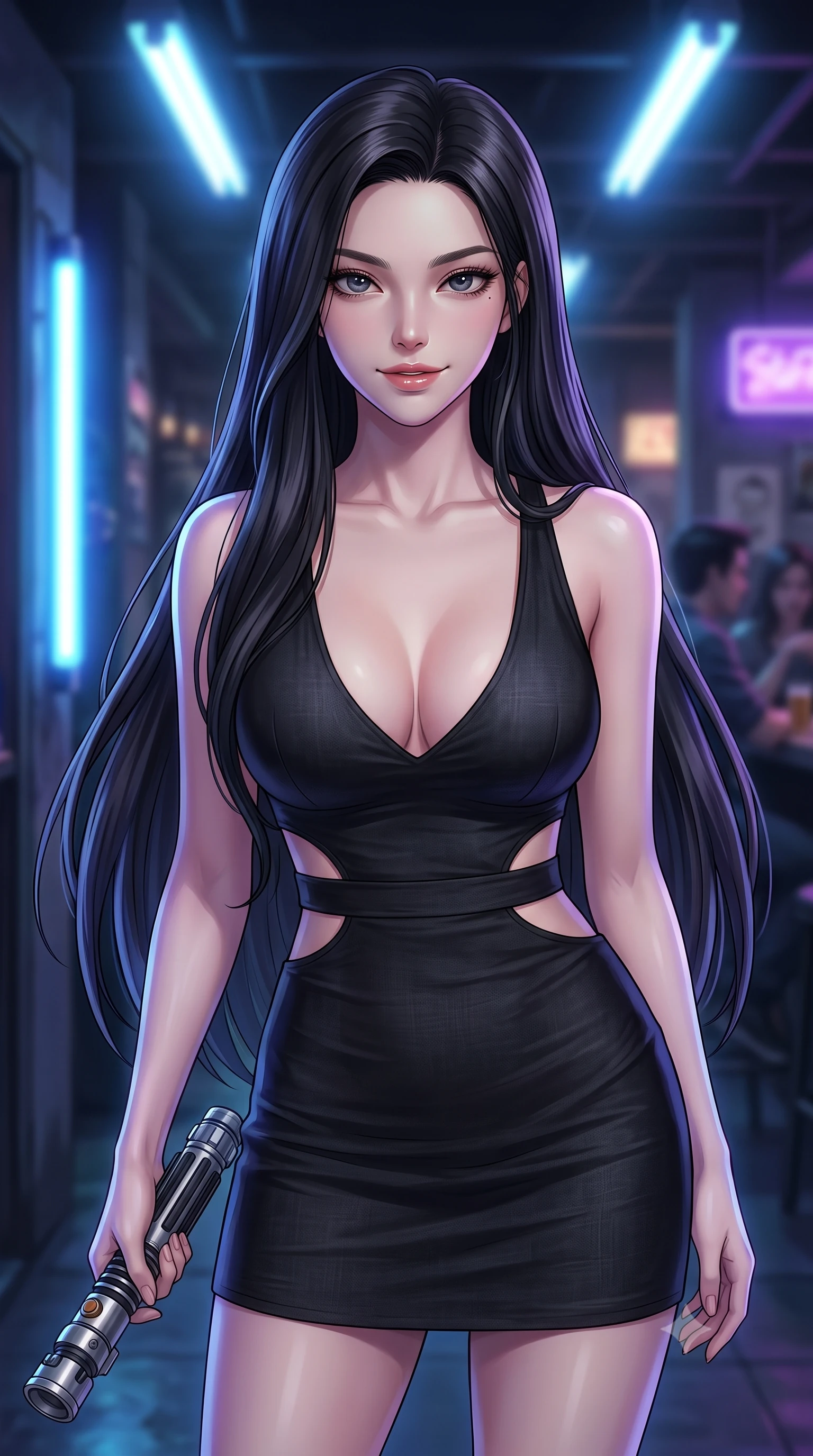 score_9, masterpiece, best quality, ultra-detailed, high-budget anime keyframe, editorial fashion photography, tasteful artistic composition, Korean woman. close-up cowboy shot from the waist and thighs up, the character dominates the composition, filling the frame with her large presence, background elements kept in soft focus. leaning slightly forward with a playful, teasing smile while holding a deactivated plasma saber hilt, the background shows a soft-focus a dimly lit cyber-pub entrance with flickering blue fluorescent tubes. She has an exceptionally elegant, slender, and willowy female figure with an ultra-slim waist, a gracefully sculpted slender torso, and a refined silhouette. sharp v-shaped jawline, high-bridge nose, intricate jewel-like eyes with depth, thick eyelashes, glossy lips with a natural sheen. wearing a body-hugging combat sundress with double waist cutouts and a plunging neckline in carbon-black linen. low-contrast blue and violet ambient glow casting mysterious side rim-lights. highly saturated vibrant anime colors, detailed shading with soft gradients, rich glossy textures, high-contrast stereoscopic depth, volumetric dynamic lighting, master piece, 9:16 ratio