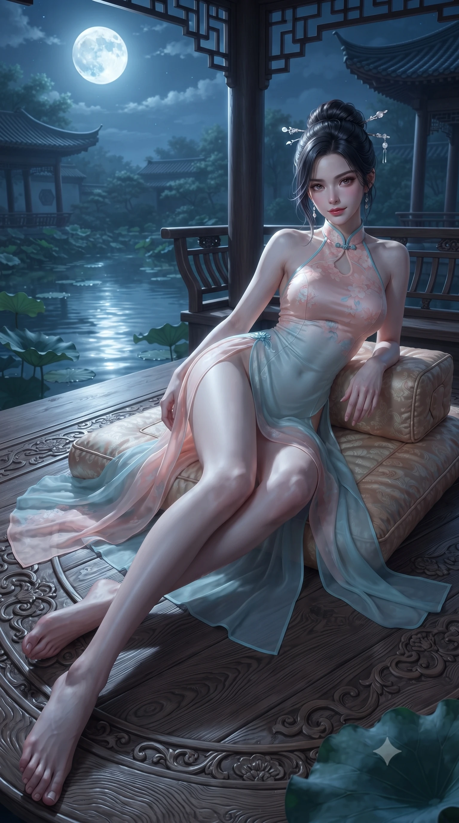 score_9, masterpiece, best quality, ultra-detailed, high-budget anime keyframe, editorial fashion photography, tasteful artistic composition, Caucasian woman. low angle full-body shot from head to toe showing her feet, filling the entire 9:16 vertical frame with her statuesque presence, stretching her vertical silhouette. reclining gracefully across the plush chaise lounge with one leg extended, her sculpted silhouette and flat midriff radiating magnetic nocturnal glamour while lounging languidly on an antique silk floor cushion propped on one elbow, her flat midriff and long slender legs commanding the moonlit pavilion vista. The surrounding environment is rendered in vivid detail and crisp panoramic clarity: sharp carved wood grain texture, water ripple reflections of the full moon, and crisp lotus leaf veins in deep focus. She has an absolutely perfect, statuesque 8.5-heads proportion, an exceptionally tall and slender model-like female figure with impossibly long slender legs, an ultra-slim waist, a flat toned midriff, narrow delicate ribcage, and beautifully sculpted feminine hips creating a graceful, slim hourglass silhouette without any bulky heaviness. sharp v-shaped jawline, high-bridge nose, sparkling eyes with hypnotic seductive depth, thick curled eyelashes, glossy parted lips with a natural dewy peach sheen, alluring bedroom-eyes with an enchanting coquettish smile, exuding magnetic siren charisma and sophisticated glamour, flawlessly proportioned anatomical accuracy, strict slender model proportions, natural body alignment, perfectly sculpted long slender limbs, ultra-slim waistline, clean dynamic posture without body distortion. wearing a liquid-tight backless silk halter leotard styled with a sheer wrap overskirt revealing her long slender legs and hip curve in pastel peach blossom and celadon porcelain blue, tailored from fine ribbed modal knit with gentle elastic contouring and soft hand-feel, finished with delicate mother-of-pearl hairpin ornaments glinting in her dark glossy hair, the high-slit wrap tailoring accentuating her ultra-slim waistline and the enchanting curve of her feminine hips with alluring seductive charm. illuminated by pond surface moonbeam bounce and sharp platinum rim lights sculpting her razor-sharp jawline, narrow waist, and curvy hips. ultra-reflective glossy finish, specular highlights, rich textural contrasts, high-contrast stereoscopic depth, volumetric dynamic lighting, 2k, ultra detail, master piece, 9:16 ratio