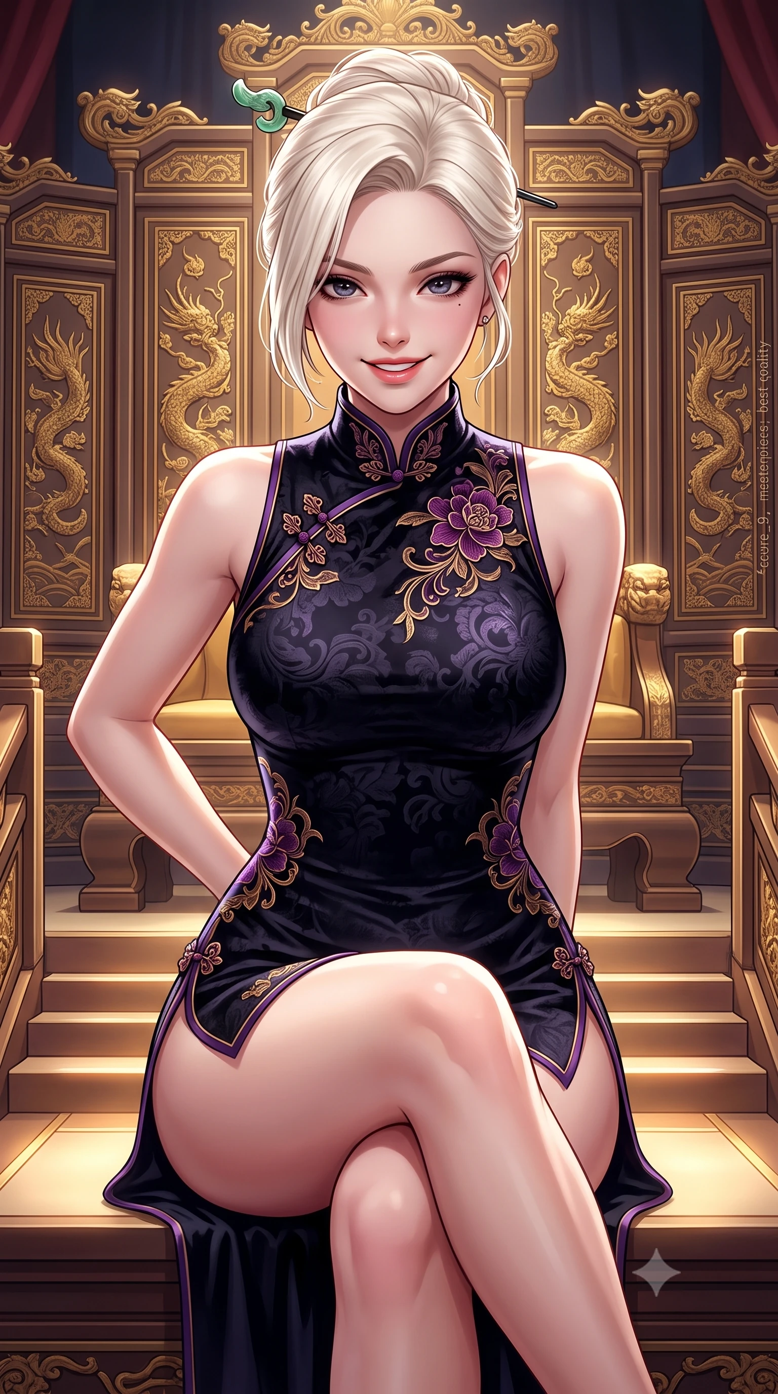 score_9, masterpiece, best quality, ultra-detailed, high-budget anime keyframe, semi-realistic 3D game render, editorial fashion photography, tasteful artistic composition, Caucasian woman. close-up cowboy shot from the waist and thighs up, the character dominates the composition, filling the frame with her large presence. resting both hands lightly behind her back while leaning toward the lens with a cheerful, teasing grin, her form-fitting fusion dress hugging her narrow waist and hip curve while sitting poised on the royal throne steps with legs crossed, her tailored modern hanbok gown radiating majestic high-fashion charisma. The surrounding environment is rendered in vivid detail and crisp panoramic clarity: detailed royal gold embroidery, jewelry sparkle, and monumental palace throne architecture in razor-sharp precision. She has an exceptionally elegant, slender, and willowy female figure with an ultra-slim waist, flat toned midriff, narrow ribcage, and sculpted feminine hips creating an alluring, slim hourglass silhouette without bulk. sharp v-shaped jawline, high-bridge nose, intricate jewel-like dark sparkling almond eyes with depth, thick lashes, glossy parted lips with a natural rose-plum sheen, bright alluring and coquettish smile with bedroom-eyes, exuding both timeless oriental elegance and sovereign high-fashion allure, flawlessly proportioned anatomical accuracy, strict slender model proportions, natural body alignment, perfectly sculpted long slender limbs, ultra-slim waistline, clean dynamic posture without body distortion. wearing a form-contouring high-neck modern cheongsam mini dress in midnight black jacquard silk with daring double side hip slits in rich plum violet and gilded bronze embroidery, crafted from sumptuous crushed winter velvet with deep light-absorbing plushness, featuring a modern sculptural jade hair pin securing her loose silky updo, the form-fitting tailored bodice adhering flawlessly to her sculpted flat midriff and slender torso, emphasizing her long leg lines and perfectly proportioned willowy build. illuminated by under-floor warm uplighting and sharp platinum rim lights carving her razor-sharp jawline, narrow waist, and curvy hips. highly saturated vibrant anime colors, detailed shading with soft gradients, rich glossy textures, high-contrast stereoscopic depth, volumetric dynamic lighting, master piece, 9:16 ratio