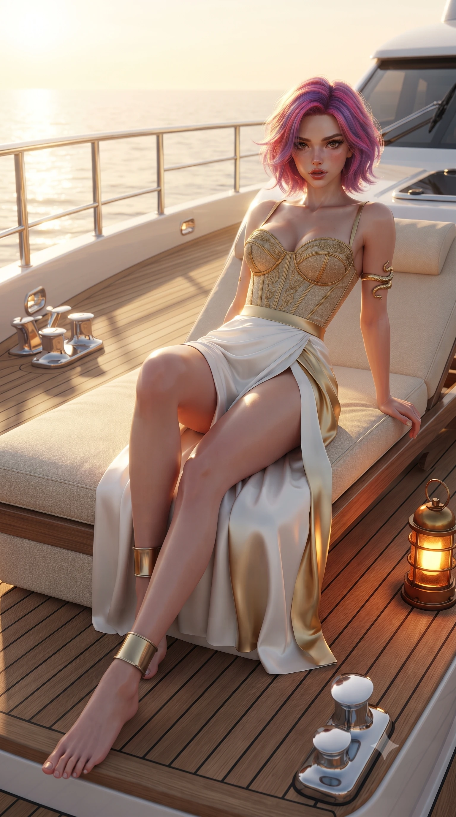 score_9, masterpiece, best quality, ultra-detailed, high-budget anime keyframe, editorial fashion photography, tasteful artistic composition, Caucasian woman. low angle full-body shot from head to toe showing her feet, filling the entire 9:16 vertical frame with her statuesque presence, stretching her vertical silhouette. reclining on her side in an elegant Cleopatra pose with one knee drawn up, the dramatic contour of her rounded hips and long slender legs commanding the 9:16 vertical frame while reclining on the sun lounger with one knee raised, the warm golden sunset bathing the sweeping curve of her waist and hips in liquid light. The surrounding environment is rendered in vivid detail and crisp panoramic clarity. sharp teak wood deck caulking, polished chrome railing reflections, and marine canvas stitching in deep focus. She has an absolutely perfect, statuesque 8.5-heads proportion, an exceptionally tall and slender model-like female figure with impossibly long slender legs, a toned flat midriff, an ultra-slim waist, and beautifully sculpted feminine hips. sharp v-shaped jawline, high-bridge nose, intricate jewel-like eyes with depth, thick eyelashes, glossy parted lips with a natural sheen, intensely captivating and seductive bedroom-eyes expression, flawlessly proportioned anatomical accuracy, strict slender model proportions, natural body alignment, perfectly sculpted long slender limbs, ultra-slim waistline, clean dynamic posture without body distortion. wearing a structured golden-thread linen bustier paired with a draped high-slit silk skirt in pristine resort white and polished brass gold, tailored from crisp structured cotton poplin with organic dye, accented with a sculptured gold serpent armlet and metallic ankle cuffs, the liquid-tight tailored fabric clinging flawlessly to her narrow waist and rounded feminine hips, emphasizing every millimeter of her sculpted hourglass curves during movement. bathed in glorious golden hour sunset backlighting and warm amber deck lantern fill. ultra-reflective glossy finish, specular highlights, rich textural contrasts, high-contrast stereoscopic depth, volumetric dynamic lighting, 2k, ultra detail, master piece, 9:16 ratio