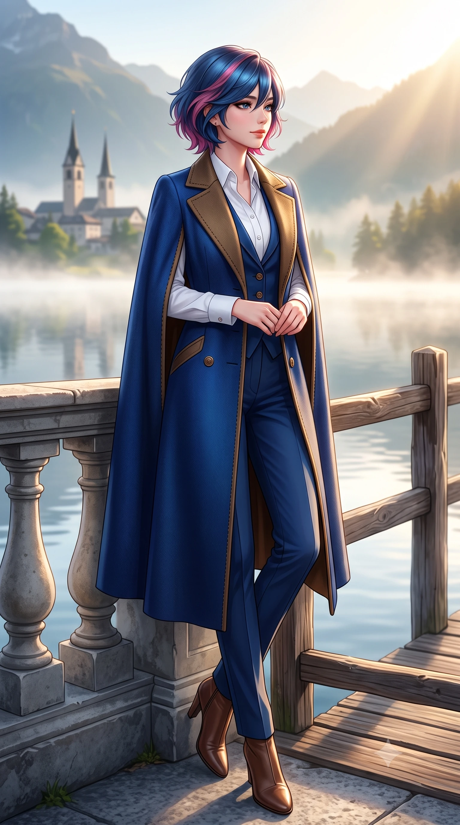 score_9, masterpiece, best quality, ultra-detailed, high-budget anime keyframe, semi-realistic 3D game render, editorial fashion photography, tasteful artistic composition, Korean woman. low angle full-body shot from head to toe showing her feet, filling the entire 9:16 vertical frame with her statuesque presence, stretching her vertical silhouette. standing poised beside the classical stone balustrade with one foot slightly forward, hands folded loosely before her with regal grace while leaning against the rustic timber pier railing, watching mist dance across the lake surface with tranquil poetic charm. The background shows a soft-focus distant St. Moritz village towers softened in pristine Swiss nature shallow focus. She has an exceptionally tall and slender model-like 8.5-heads proportion, an ultra-slim waist, a flat toned midriff, narrow delicate ribcage, and beautifully sculpted feminine hips creating a graceful, slim hourglass silhouette without any bulky heaviness, with impossibly long slender legs. sharp v-shaped jawline, high-bridge nose, intricate jewel-like sparkling eyes with depth, thick eyelashes, glossy parted lips with a natural peach sheen, bright cheerful beaming smile with an enchanting and coquettish sensual glint, exuding both youthful cute charm and seductive allure, flawlessly proportioned anatomical accuracy, strict slender model proportions, natural body alignment, perfectly sculpted long slender limbs, ultra-slim waistline, clean dynamic posture without body distortion. wearing an elegant tailored cape coat in brushed wool worn over a crisp white cotton shirt and tailored cigarette pants in royal sapphire blue and antique brushed bronze, crafted from ultra-soft Mongolian cashmere with exquisite insulating warmth and tactile softness, featuring delicate tonal horn buttons and meticulous hand-stitched pick-lapel borders, the bespoke architectural tailoring hugging her natural waistline with sartorial precision, creating a clean graceful hourglass silhouette with tall model elegance. bathed in crisp, sparkling morning sun breaking over mountain crests, illuminating lake mist with ethereal golden backlighting. highly saturated vibrant anime colors, detailed shading with soft gradients, rich glossy textures, high-contrast stereoscopic depth, volumetric dynamic lighting, master piece, 9:16 ratio