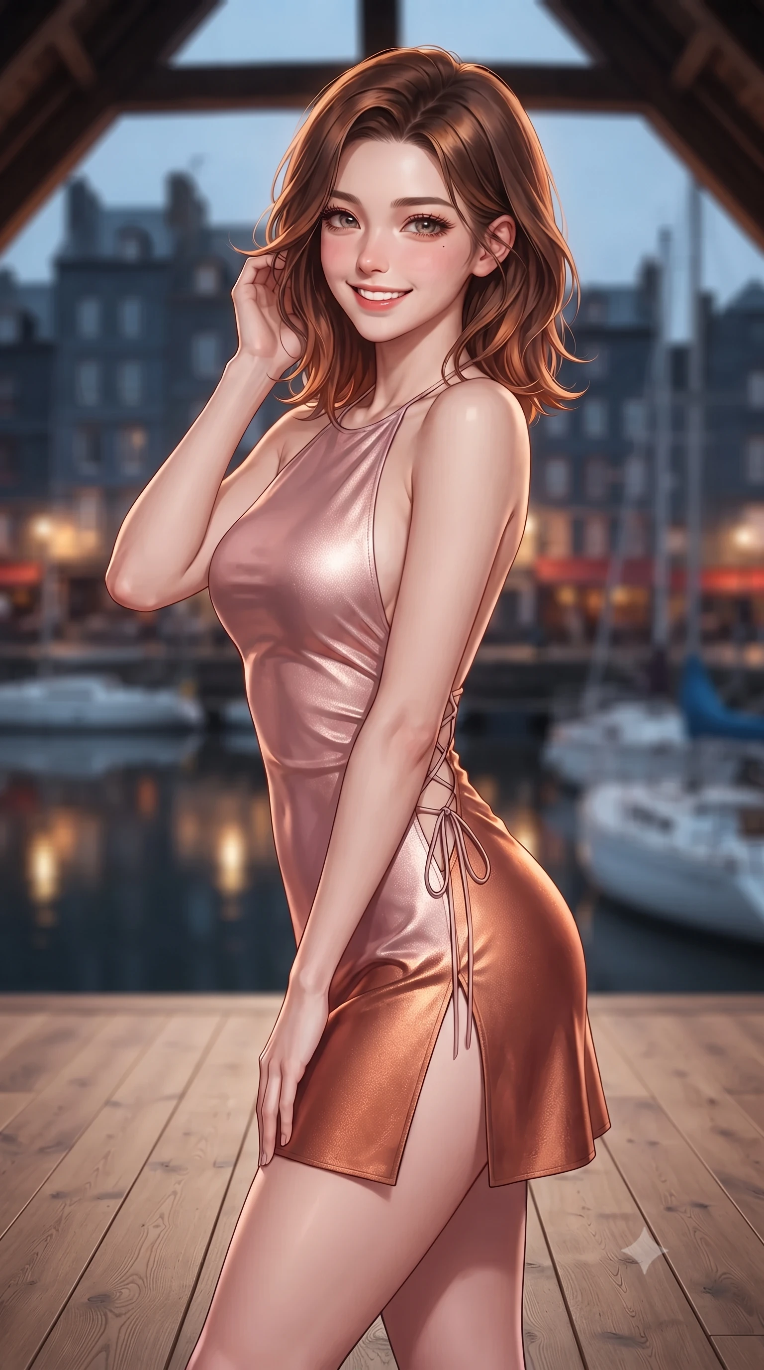 score_9, masterpiece, best quality, ultra-detailed, high-budget anime keyframe, editorial fashion photography, tasteful artistic composition, Korean woman. close-up cowboy shot from the waist and thighs up, the character dominates the composition, filling the frame with her large presence. gently brushing a lock of hair behind her ear while casting a playful, flirtatious side-gaze with long eyelashes while standing poised on the wide-plank oak floor beneath centuries-old exposed ship-timber roof trusses, arching her back with siren allure as evening lantern light flickers. The background shows a soft-focus tall narrow slate-covered townhouse facades reflecting in harbor waters, bobbing wooden yacht masts, and evening streetlights blurred into amber, slate, and navy bokeh. She has an exceptionally elegant, slender, and willowy female figure with an ultra-slim waist, flat toned midriff, narrow ribcage, and sculpted feminine hips creating an alluring, slim hourglass silhouette without bulk. sharp v-shaped jawline, high-bridge nose, intricate jewel-like sparkling eyes with depth, thick eyelashes, glossy parted lips with a natural peach sheen, bright cheerful beaming smile with an enchanting and coquettish sensual glint, exuding both youthful cute charm and seductive allure, flawlessly proportioned anatomical accuracy, strict slender model proportions, natural body alignment, perfectly sculpted long slender limbs, ultra-slim waistline, clean dynamic posture without body distortion. wearing a provocative backless halterneck silk lamé mini dress with deep scoop back down to her lower spine and thigh-high slit in rose-quartz blush and burnished copper, crafted from bespoke double-faced cashmere with an exceptionally soft tactile finish, featuring fine criss-cross lace-up side ties revealing tantalizing glimpses of her hip curve, the bespoke structured tailoring following the natural line of her 8.5-heads silhouette with refined elegance. illuminated by oak floor bounce and sharp honey-gold rim lights defining her razor-sharp jawline, narrow waist, and curvy hips. ultra-reflective glossy finish, specular highlights, rich textural contrasts, high-contrast stereoscopic depth, volumetric dynamic lighting, 2k, ultra detail, master piece, 9:16 ratio