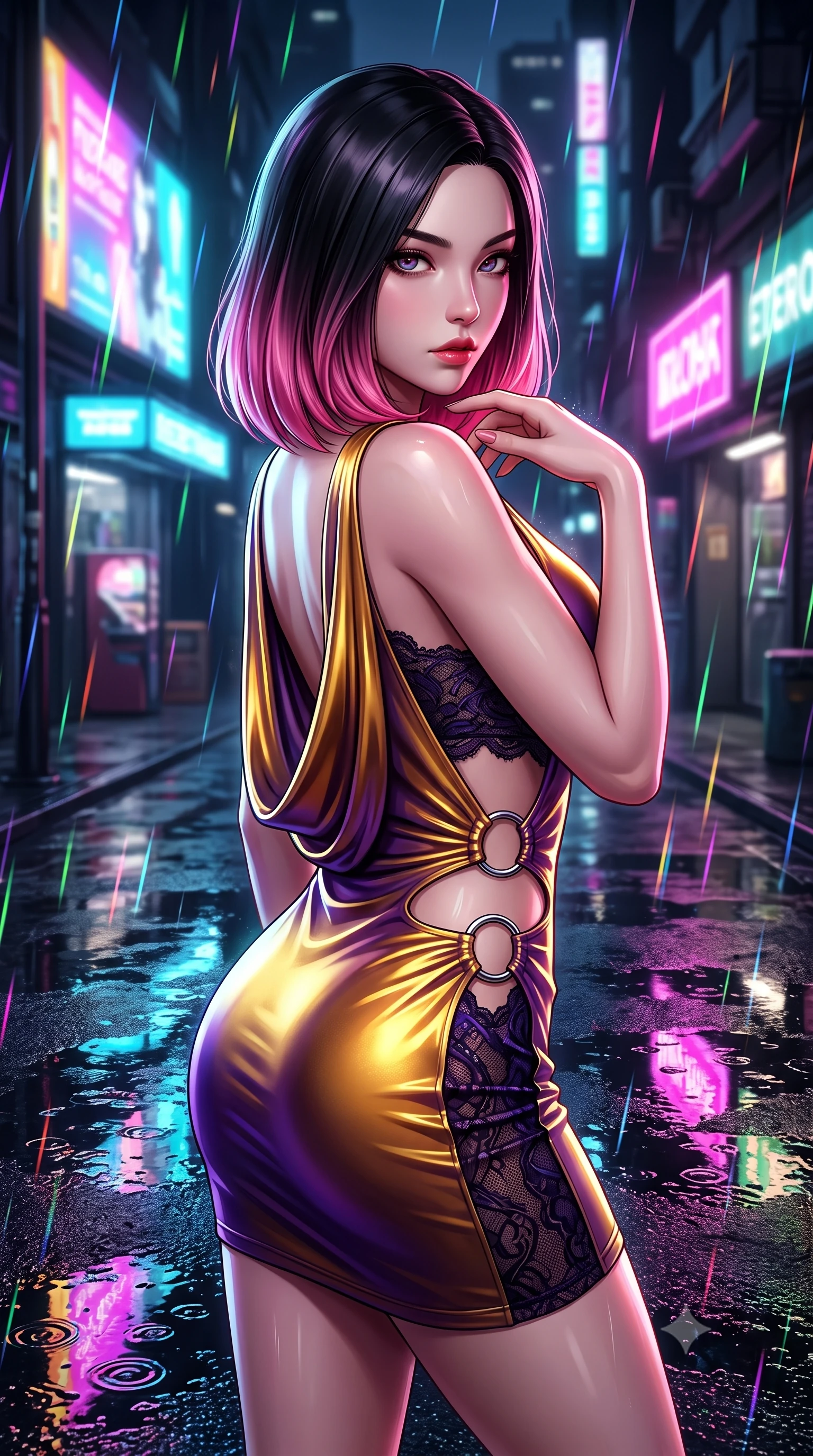 score_9, masterpiece, best quality, ultra-detailed, high-budget anime keyframe, semi-realistic 3D game render, editorial fashion photography, tasteful artistic composition, Korean woman. close-up cowboy shot from the waist and thighs up, the character dominates the composition, filling the frame with her large presence. leaning forward with a dangerous, enticing smolder, resting one hand near her collarbone while casting a fiery, magnetic direct gaze while pivoting dynamically on reflective wet asphalt as vibrant neon billboard lights ripple across puddles. The composition keeps background elements in soft focus with creamy bokeh. neon-lit rain streaks scattering multi-colored light across a dark metropolitan backdrop. She has an exceptionally elegant, slender, and willowy female figure with an ultra-slim waist, a gracefully sculpted slender torso, and a refined silhouette. sharp v-shaped jawline, high-bridge nose, intricate jewel-like eyes with depth, thick eyelashes, glossy lips with a natural sheen, flawlessly proportioned anatomical accuracy, natural body alignment, perfectly sculpted elegant limbs, clean dynamic posture without body distortion. wearing a precision-fitted liquid jersey bodycon dress with a dramatic draped cowl back that swoops down to her waist in lustrous molten gold and pure deep violet, crafted from delicate dark lace interwoven with luminescent micro-fibers, detailed with polished silver rings connecting the daring side-waist cutouts, the daring cutouts accentuating her delicate midriff, graceful collarbones, and feminine contour. surrounded by a gritty, glamorous, and intensely cinematic cyberpunk noir atmosphere. highly saturated vibrant anime colors, detailed shading with soft gradients, rich glossy textures, high-contrast stereoscopic depth, volumetric dynamic lighting, master piece, 9:16 ratio