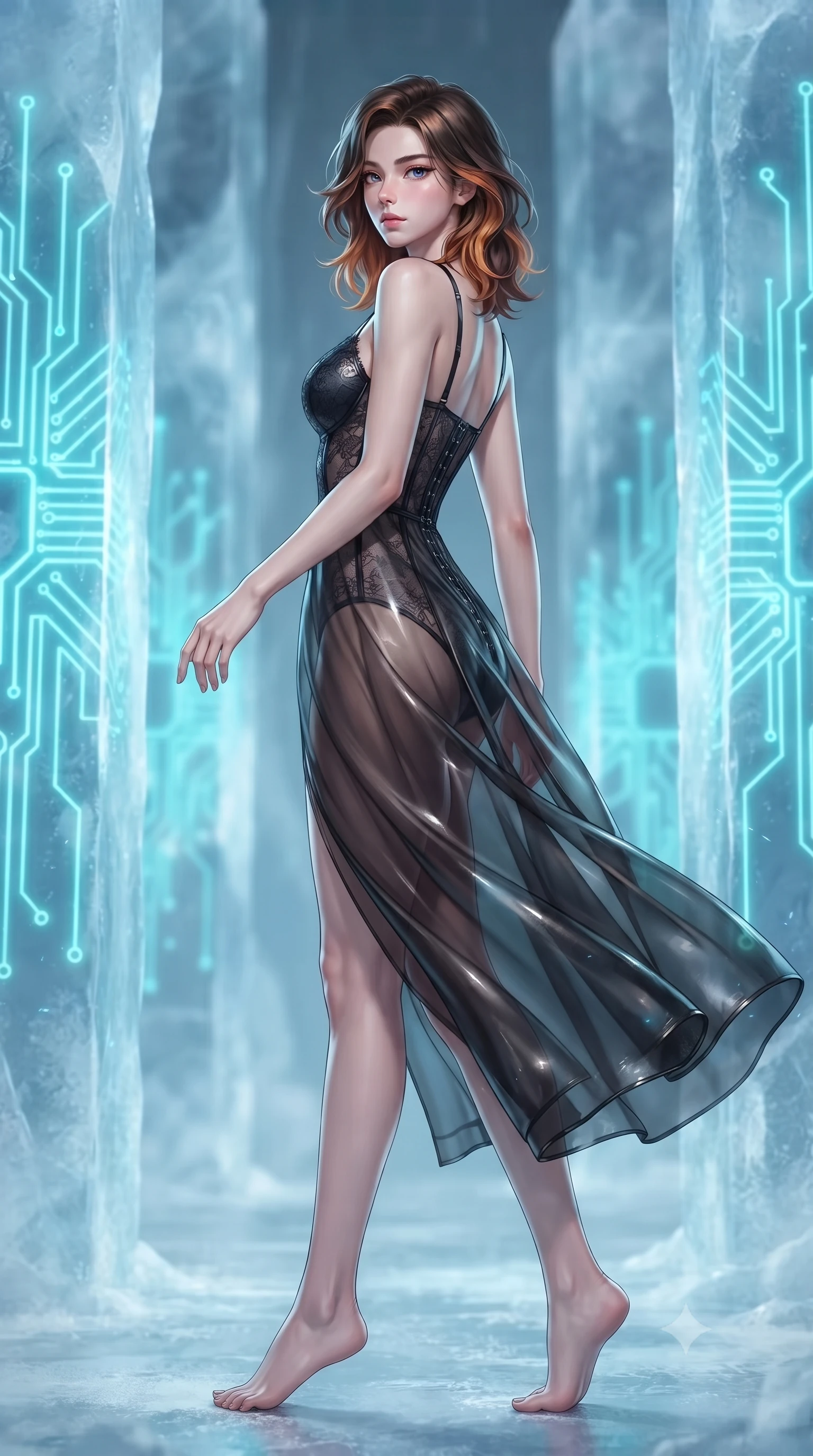 score_9, masterpiece, best quality, ultra-detailed, high-budget anime keyframe, editorial fashion photography, tasteful artistic composition, Korean woman woman. low angle full-body shot from head to toe showing her feet, filling the entire 9:16 vertical frame with her statuesque presence, stretching her vertical silhouette. She has an absolutely perfect, statuesque 8.5-heads proportion, an exceptionally tall and slender model-like female figure with impossibly long slender legs and an ultra-slim waist. turning fluidly while glancing back over her shoulder with magnetic intensity and statuesque grace, flawlessly proportioned anatomical accuracy, natural body alignment, perfectly sculpted elegant limbs, clean dynamic posture without body distortion. set against a soft-focus background of frozen ice columns embedded with pulsing neon circuit boards. wearing a fine black lace corset dress with sheer organza drapes revealing a sculpted waistline. bathed in glowing cyan light radiating from sub-zero circuit runes with cool ambient backdrops. ultra-reflective glossy finish, specular highlights, metallic sheen, high-contrast stereoscopic depth, volumetric dynamic lighting, 2k, ultra detail, master piece, 9:16 ratio