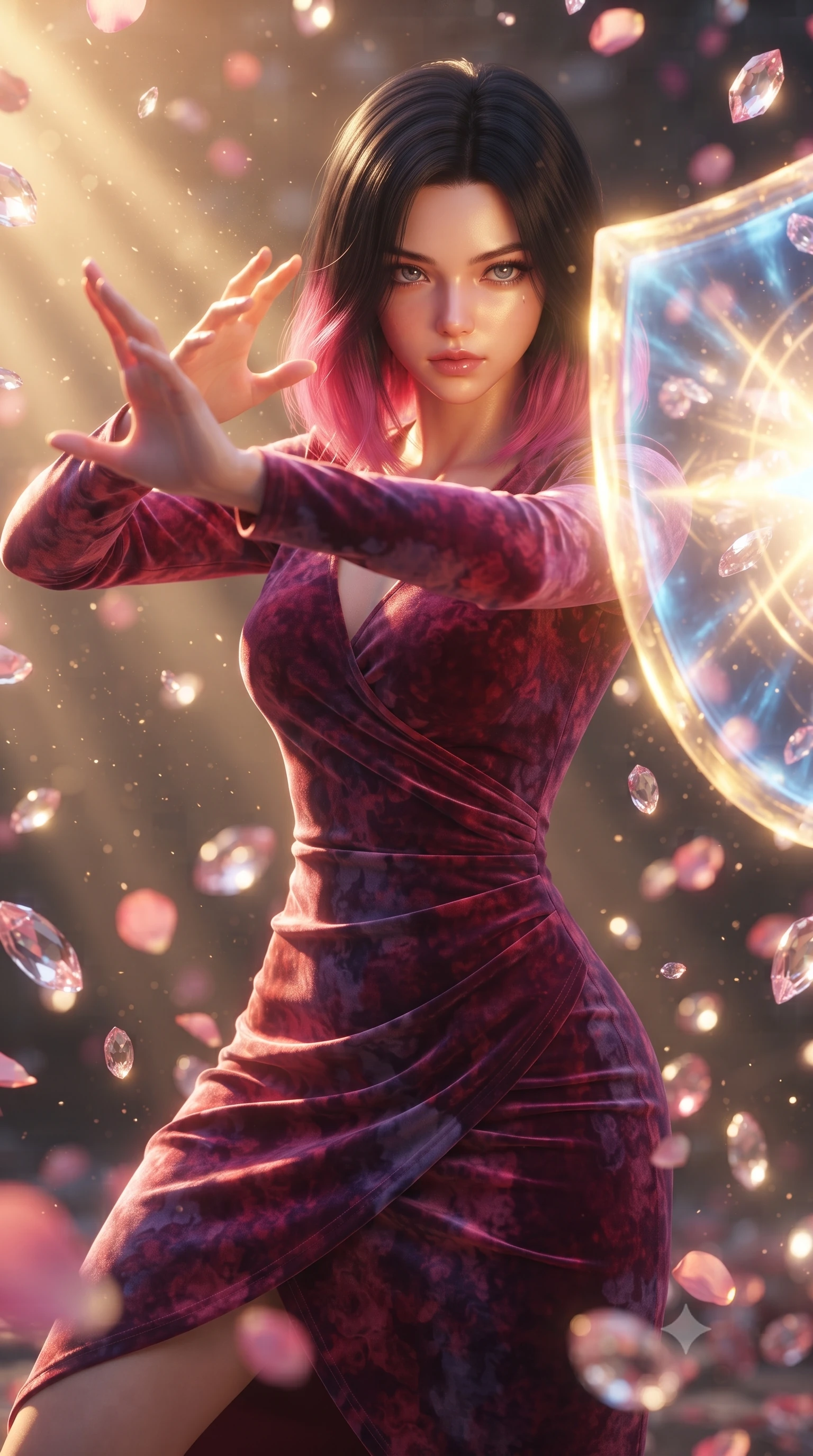 score_9, masterpiece, best quality, ultra-detailed, high-budget anime keyframe, editorial fashion photography, tasteful artistic composition, realistic cosplay photography, Korean woman. close-up cowboy shot from the waist and thighs up, the character dominates the composition, filling the frame with her large presence, background elements kept in soft focus. Casting a protective shield, her face illuminated by the bright barrier glow. set against a soft-focus background of a whirlwind of thousands of rose petals made of pink crystal, colliding and chiming like glass bells. She has an exceptionally elegant and slender, willowy female figure with an ultra-slim waist, a gracefully sculpted slender torso, and a refined slim physique. sharp v-shaped jawline, high-bridge nose, intricate jewel-like eyes with depth, thick eyelashes, glossy lips with a natural sheen. wearing catching and diffusing the glowing particles, shimmering softly in response to the surrounding light, a body-hugging wrap-front fitted midi dress in deep crimson and violet watercolor velvet, drawing focus to her slender waist. golden hour sunlight streaming in warm shafts with floating dust particles catching the light. ultra-reflective glossy finish, specular highlights, metallic sheen, high-contrast stereoscopic depth, volumetric dynamic lighting, 2k, ultra detail, master piece, 9:16 ratio