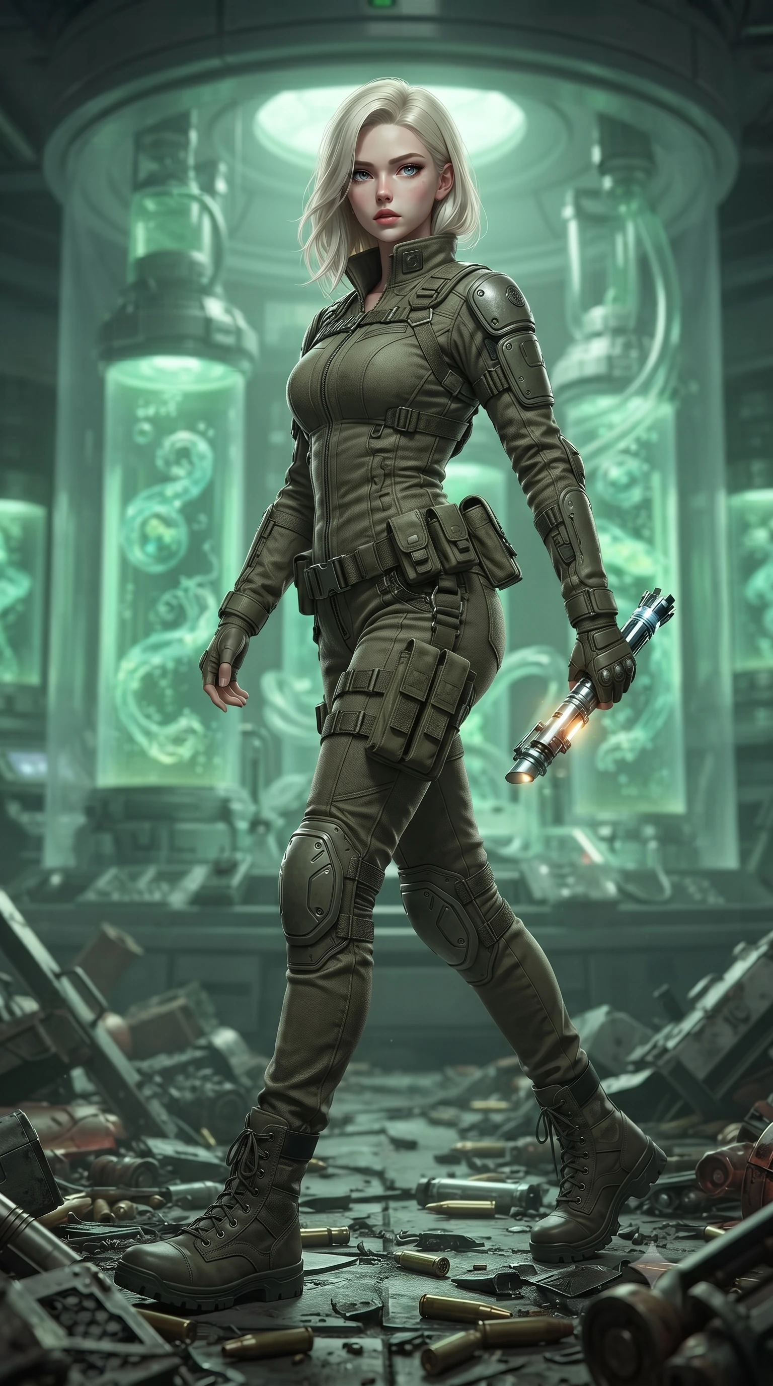score_9, masterpiece, best quality, ultra-detailed, high-budget anime keyframe, editorial fashion photography, tasteful artistic composition, Caucasian woman. low angle full-body shot from head to toe showing her feet, filling the entire 9:16 vertical frame with her statuesque presence, stretching her vertical silhouette. stepping gracefully through battlefield debris with a glowing saber hilt in hand, looking back over her shoulder, the background shows a soft-focus a glass cylinder room with tubes containing green fluid and nanite cultures. She has an absolutely perfect, statuesque 8.5-heads proportion, an exceptionally tall and slender model-like female figure with impossibly long slender legs and an ultra-slim waist. sharp v-shaped jawline, high-bridge nose, intricate jewel-like eyes with depth, thick eyelashes, glossy lips with a natural sheen. wearing a body-hugging high-collared utility combat jumpsuit made of rugged olive-drab ballistic fabric with protective knee guards. soft green bioluminescent light from the tubes casting an eerie, high-contrast glow. ultra-reflective glossy finish, specular highlights, metallic sheen, high-contrast stereoscopic depth, volumetric dynamic lighting, 2k, ultra detail, master piece, 9:16 ratio