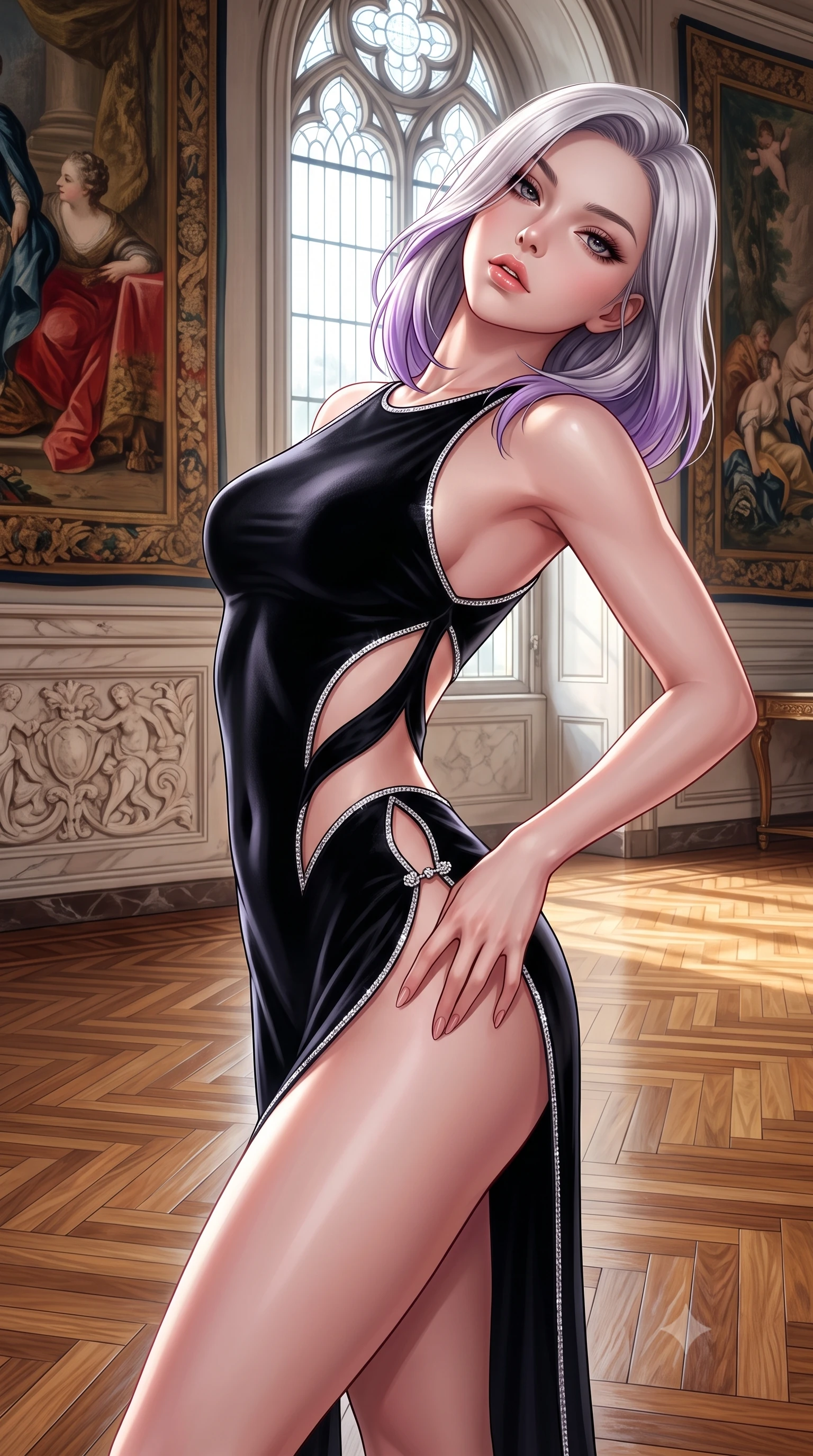 score_9, masterpiece, best quality, ultra-detailed, high-budget anime keyframe, semi-realistic 3D game render, editorial fashion photography, tasteful artistic composition, Caucasian woman. close-up cowboy shot from the waist and thighs up, the character dominates the composition, filling the frame with her large presence. arching her spine backward with effortless dancer poise, one hand sliding along her hip line as directional light carves specular highlights along her silhouette while gliding down the parquet salon floor as morning north light pours through cathedral windows, her dress clinging to her narrow waist. The surrounding environment is rendered in vivid detail and crisp panoramic clarity. sharp oil painting brushstroke textures, carved marble relief, and polished herringbone parquet in deep focus. She has an exceptionally elegant, slender, and willowy female figure with an ultra-slim waist, flat toned midriff, narrow ribcage, and sculpted feminine hips creating an alluring, slim hourglass silhouette without bulk. sharp v-shaped jawline, high-bridge nose, intricate jewel-like eyes with depth, thick eyelashes, glossy parted lips with a natural sheen, intensely captivating and seductive bedroom-eyes expression, flawlessly proportioned anatomical accuracy, strict slender model proportions, natural body alignment, perfectly sculpted long slender limbs, ultra-slim waistline, clean dynamic posture without body distortion. wearing a botanical cutout monokini with organic leaf-curve side openings and high-cut hip bands in pitch-black velvet with diamond crystal trim, formed from supple second-skin lambskin leather with specular sheen, finished with an ultra-high side slit secured by miniature jeweled clasps, the glove-like aerodynamic silhouette tightly following the natural contour of her hips and long slender legs with statuesque 8.5-heads elegance. illuminated by crisp sculptural key lighting carving her narrow waist, curved hips, and statuesque limbs. highly saturated vibrant anime colors, detailed shading with soft gradients, rich glossy textures, high-contrast stereoscopic depth, volumetric dynamic lighting, master piece, 9:16 ratio