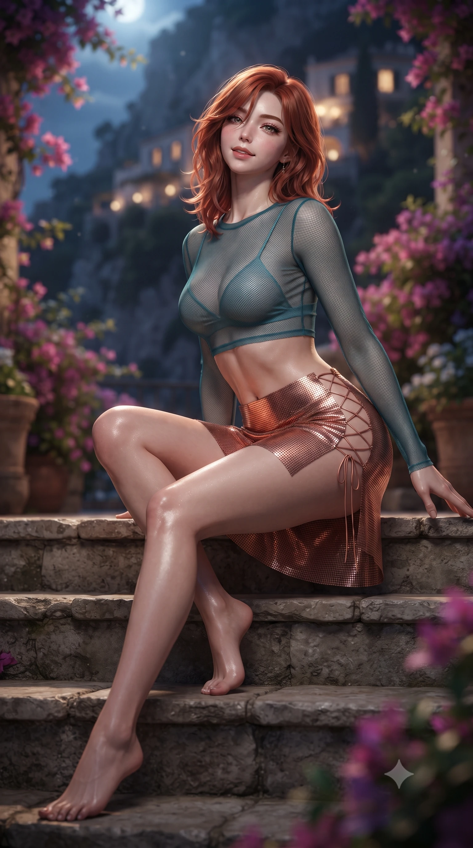 score_9, masterpiece, best quality, ultra-detailed, high-budget anime keyframe, editorial fashion photography, tasteful artistic composition, Korean woman. low angle full-body shot from head to toe showing her feet, filling the entire 9:16 vertical frame with her statuesque presence, stretching her vertical silhouette. sitting poised on the stone steps with one knee bent, arching her spine with supermodel elegance as she glances upward through thick eyelashes while twisting her slender torso in an alluring contrapposto stance, warm Tyrrhenian night breezes fluttering her dress around her long slender legs and curvy hips. The background shows a soft-focus blooming bougainvillea vines softened in glamorous Italian Riviera nocturnal shallow focus. She has an absolutely perfect, statuesque 8.5-heads proportion, an exceptionally tall and slender model-like female figure with impossibly long slender legs, an ultra-slim waist, a flat toned midriff, narrow delicate ribcage, and beautifully sculpted feminine hips creating a graceful, slim hourglass silhouette without any bulky heaviness. sharp v-shaped jawline, high-bridge nose, sparkling eyes with hypnotic seductive depth, thick curled eyelashes, glossy parted lips with a natural dewy peach sheen, alluring bedroom-eyes with an enchanting coquettish smile, exuding magnetic siren charisma and sophisticated glamour, flawlessly proportioned anatomical accuracy, strict slender model proportions, natural body alignment, perfectly sculpted long slender limbs, ultra-slim waistline, clean dynamic posture without body distortion. wearing a sheer mesh long-sleeve crop top over an opaque strappy micro-bralette and a sleek leatherette mini skirt in Ubud rainforest teal and sunset copper, crafted from shimmering fluid chainmail mesh reflecting ambient lights, featuring fine criss-cross lace-up side ties revealing tantalizing glimpses of her hip curve, the glove-like clinging cut tightly following the natural contour of her hips and long slender legs with youthful 8.5-heads elegance. bathed in warm golden ambient glow spilling from cliffside villas mixed with cool silver Mediterranean moonlight. ultra-reflective glossy finish, specular highlights, rich textural contrasts, high-contrast stereoscopic depth, volumetric dynamic lighting, 2k, ultra detail, master piece, 9:16 ratio