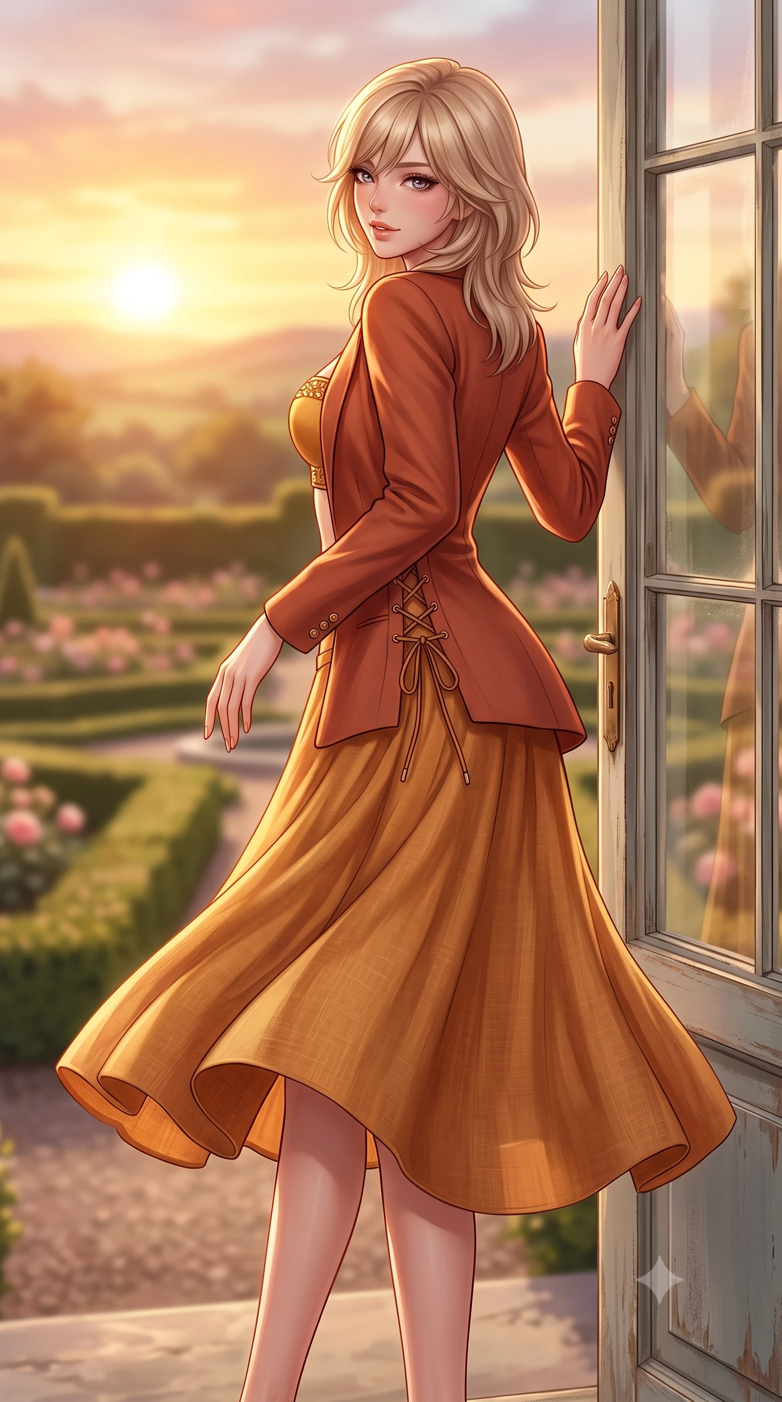 score_9, masterpiece, best quality, ultra-detailed, high-budget anime keyframe, semi-realistic 3D game render, editorial fashion photography, tasteful artistic composition, Japanese woman. low angle full-body shot from head to toe showing her feet, filling the entire 9:16 vertical frame with her statuesque presence, stretching her vertical silhouette. executing a slow, graceful pivot turn as her skirt sways around her slender legs, glancing back with an enchanting, teasing sensual expression while leaning against the glasshouse exterior doorframe with hips cocked back, looking over a bare shoulder toward the golden sunset horizon. The background shows a soft-focus formal geometric English rose parterres below, clipped boxwood hedges, and distant rolling hills blurred into blush, sage, and golden amber bokeh. She has an absolutely perfect, statuesque 8.5-heads proportion, an exceptionally tall and slender model-like female figure with impossibly long slender legs, an ultra-slim waist, a flat toned midriff, narrow delicate ribcage, and beautifully sculpted feminine hips creating a graceful, slim hourglass silhouette without any bulky heaviness. sharp v-shaped jawline, high-bridge nose, sparkling eyes with hypnotic seductive depth, thick curled eyelashes, glossy parted lips with a natural dewy peach sheen, alluring bedroom-eyes with an enchanting coquettish smile, exuding magnetic siren charisma and sophisticated glamour, flawlessly proportioned anatomical accuracy, strict slender model proportions, natural body alignment, perfectly sculpted long slender limbs, ultra-slim waistline, clean dynamic posture without body distortion. wearing a tailored open-front smoking jacket worn over a jewel-embellished bandeau top and micro-shorts in warm amber honey and antique terracotta with gilded bronze, tailored from fine breathable linen with soft natural texture and elegant drape, featuring fine criss-cross lace-up side ties revealing tantalizing glimpses of her hip curve, the form-contouring silhouette accentuating her sculpted flat midriff, narrow delicate ribcage, and gracefully curvy hips with intoxicating allure. illuminated by glass door reflections and sharp warm-gold rim lights sculpting her delicate clavicles, ultra-slim waist, and curvy hips. highly saturated vibrant anime colors, detailed shading with soft gradients, rich glossy textures, high-contrast stereoscopic depth, volumetric dynamic lighting, master piece, 9:16 ratio