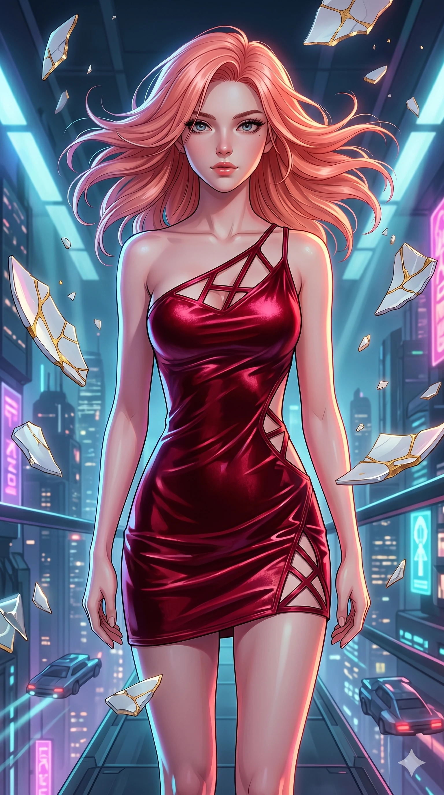 score_9, masterpiece, best quality, ultra-detailed, high-budget anime keyframe, editorial fashion photography, tasteful artistic composition, Japanese woman. upper body close-up from the thighs up, character filling the screen for maximum presence. diving deep into on a futuristic sky bridge overlooking a sprawling neon mega-city with flying vehicles as shards of porcelain and gold kintsugi float in suspension. She has an absolutely perfect 8-heads proportion, an exceptionally tall and slender female figure with impossibly long slender legs and an ultra-slim waist. V-shaped jawline, high-bridge nose, intricate jewel-like eyes with depth, thick eyelashes, glossy lips with a natural sheen.. wearing an asymmetric liquid velvet slip dress, featuring a wet-look deep crimson red velvet one-shoulder mini slip with asymmetric geometric cutout trim. bathed in brilliant cinematic volumetric lighting and intense neon rim light highlighting her slender form. 2k, ultra detail, master piece, 9:16 ratio