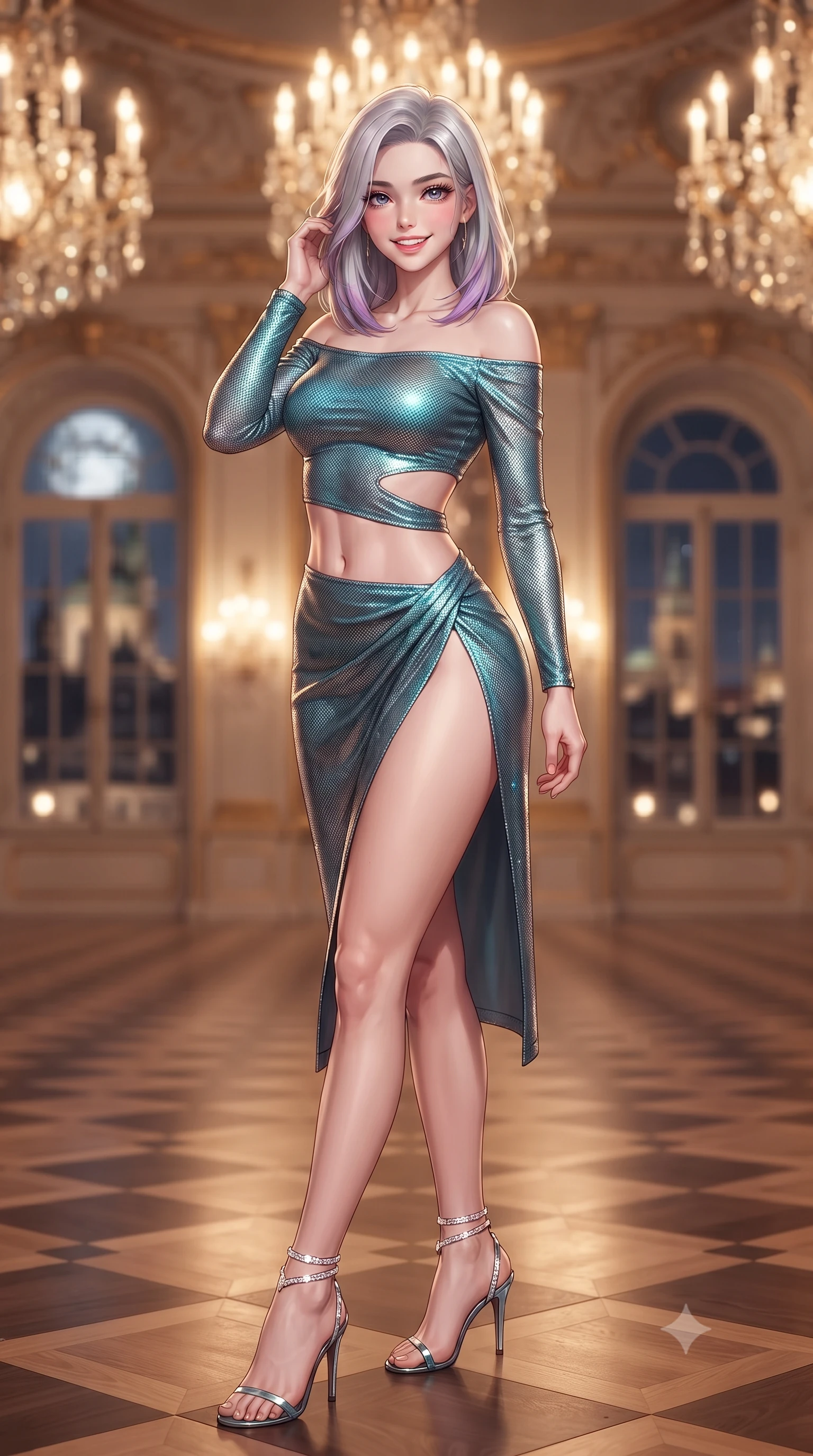score_9, masterpiece, best quality, ultra-detailed, high-budget anime keyframe, editorial fashion photography, tasteful artistic composition, Caucasian woman. close-up cowboy shot from the waist and thighs up, the character dominates the composition, filling the frame with her large presence. gently brushing a lock of hair behind her ear while casting a playful, flirtatious side-gaze with long eyelashes while twisting her slender torso in an alluring contrapposto stance on the polished checkerboard parquet floor, chandelier facets caressing her narrow waist and curvy hips. The background shows a soft-focus hundreds of sparkling Bohemian crystal chandelier prisms, gilded Habsburg allegorical ceiling reliefs, and moonlit Prague rooftops through tall arched windows blurred into champagne, ruby, and gold bokeh. She has an exceptionally elegant, slender, and willowy female figure with an ultra-slim waist, flat toned midriff, narrow ribcage, and sculpted feminine hips creating an alluring, slim hourglass silhouette without bulk. sharp v-shaped jawline, high-bridge nose, intricate jewel-like sparkling eyes with depth, thick eyelashes, glossy parted lips with a natural peach sheen, bright cheerful beaming smile with an enchanting and coquettish sensual glint, exuding both youthful cute charm and seductive allure, flawlessly proportioned anatomical accuracy, strict slender model proportions, natural body alignment, perfectly sculpted long slender limbs, ultra-slim waistline, clean dynamic posture without body distortion. wearing an alluring off-the-shoulder crop top with asymmetrical side-torso cutouts and a high-slit wrap skirt in Cape Town Atlantic aquamarine turquoise and raw granite charcoal, crafted from stretch micro-mesh with liquid foil coating that shimmers with every movement, complemented by strappy stiletto sandals with crystal ankle wraps accentuating her slender calves, the high-slit wrap tailoring accentuating her ultra-slim waistline and the enchanting curve of her feminine hips with alluring seductive charm. bathed in the warm radiant 2600K golden illumination of hundreds of crystal chandelier lamps dimmed to an intimate evening glow. ultra-reflective glossy finish, specular highlights, rich textural contrasts, high-contrast stereoscopic depth, volumetric dynamic lighting, 2k, ultra detail, master piece, 9:16 ratio