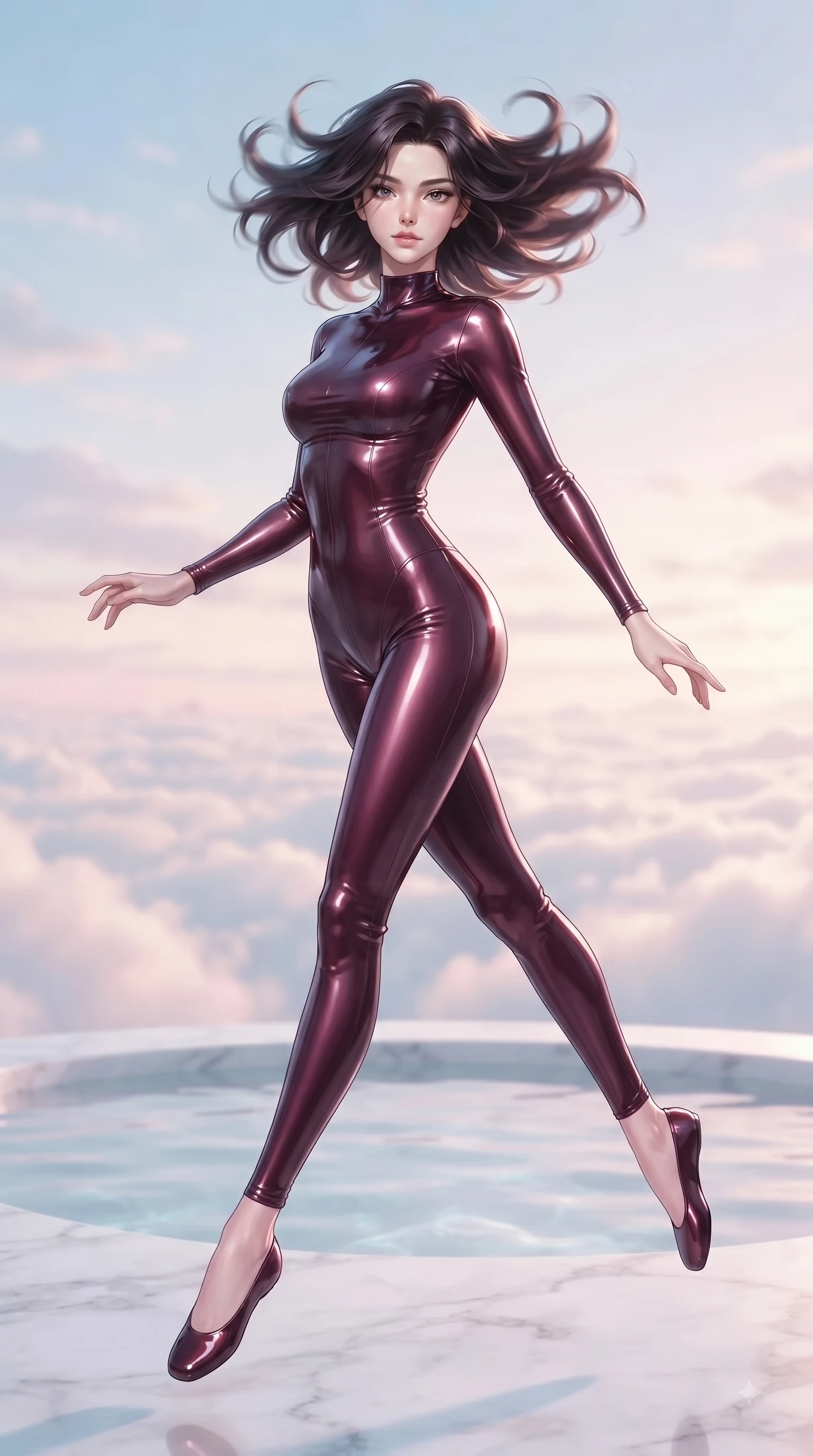 score_9, masterpiece, best quality, ultra-detailed, high-budget anime keyframe, editorial fashion photography, tasteful artistic composition, Korean woman woman. low angle full-body shot from head to toe showing her feet, filling the entire 9:16 vertical frame with her statuesque presence, stretching her vertical silhouette. She has an absolutely perfect, statuesque 8.5-heads proportion, an exceptionally tall and slender model-like female figure with impossibly long slender legs and an ultra-slim waist. leaping inside the glowing space with athletic poise, her hair swirling in a dynamic wind vortex, flawlessly proportioned anatomical accuracy, natural body alignment, perfectly sculpted elegant limbs, clean dynamic posture without body distortion. set against a soft-focus background of a white marble terrace pool above a sea of clouds. wearing a form-fitting dark burgundy vinyl bodycon outfit with a high collar line. bathed in soft pastel dawn light reflecting off clear water onto her refined features. ultra-reflective glossy finish, specular highlights, metallic sheen, high-contrast stereoscopic depth, volumetric dynamic lighting, 2k, ultra detail, master piece, 9:16 ratio