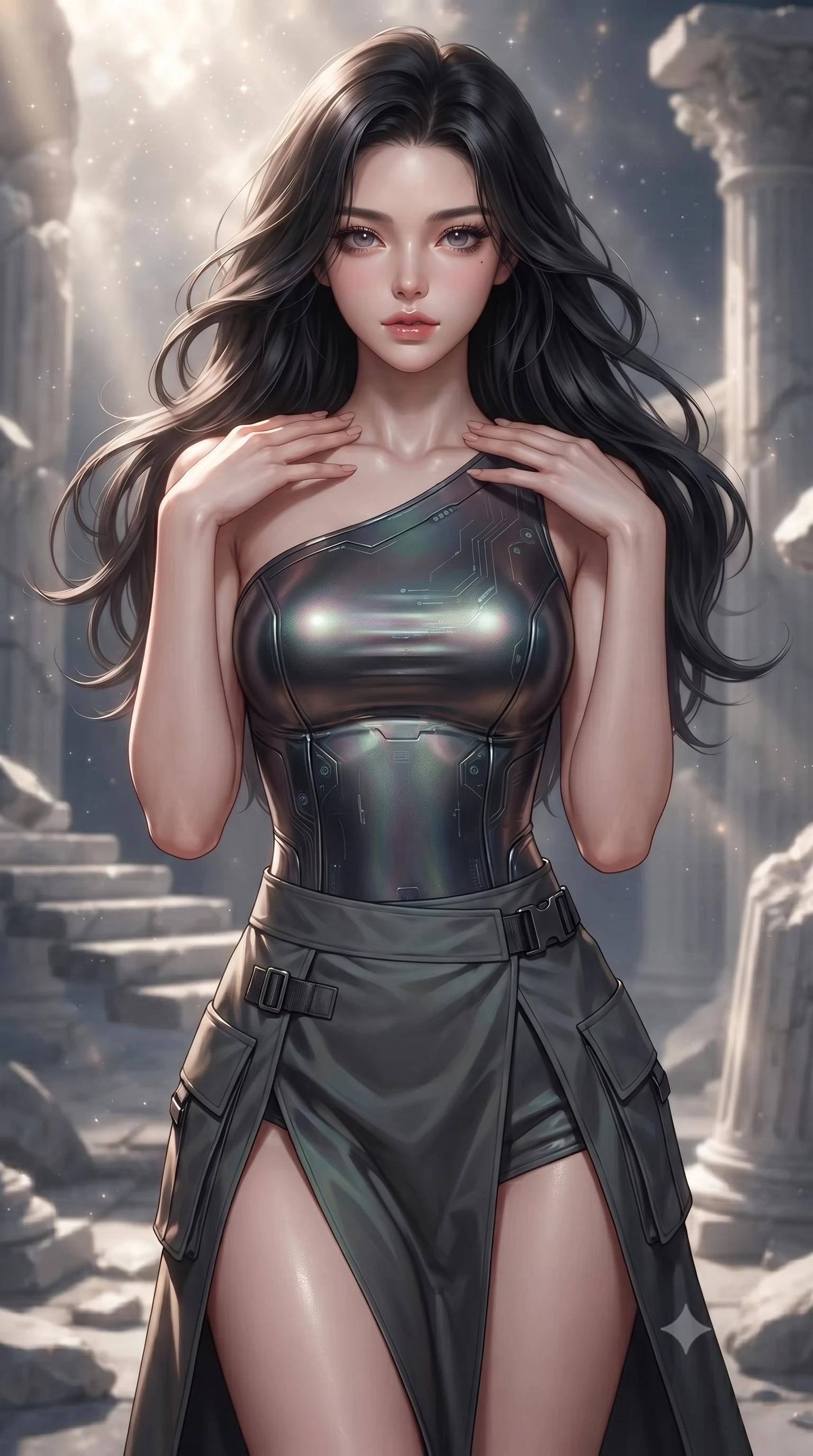 score_9, masterpiece, best quality, ultra-detailed, high-budget anime keyframe, editorial fashion photography, tasteful artistic composition, Korean woman. close-up cowboy shot from the waist and thighs up, the character dominates the composition, filling the frame with her large presence, background elements kept in soft focus. standing in a relaxed, elegant posture with both hands resting lightly on her collarbone, looking at the viewer with bedroom-eyes, the background shows a soft-focus a crystal ruins courtyard with levitating stone steps and shattered columns. She has an exceptionally elegant, slender, and willowy female figure with an ultra-slim waist, a gracefully sculpted slender torso, and a refined silhouette. sharp v-shaped jawline, high-bridge nose, intricate jewel-like eyes with depth, thick eyelashes, glossy lips with a natural sheen. wearing a body-hugging asymmetric one-shoulder nanotech bodice paired with a daring high-slit tactical utility wrap skirt. dappled sunlight filtering through cosmic dust clouds, creating volumetric light rays. ultra-reflective glossy finish, specular highlights, metallic sheen, high-contrast stereoscopic depth, volumetric dynamic lighting, 2k, ultra detail, master piece, 9:16 ratio