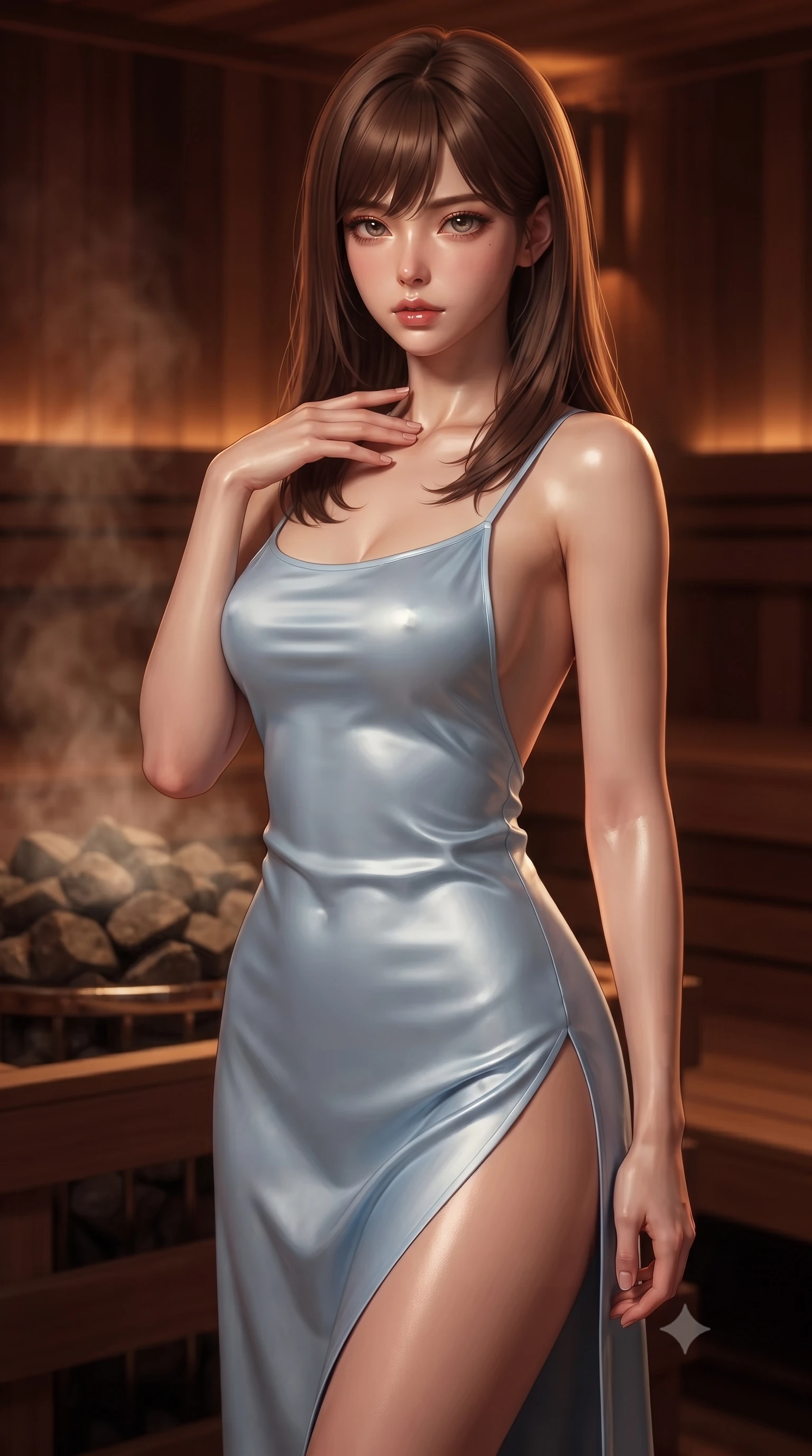 score_9, masterpiece, best quality, ultra-detailed, high-budget anime keyframe, editorial fashion photography, tasteful artistic composition, Korean woman woman. close-up cowboy shot from the waist and thighs up, the character dominates the composition, filling the frame with her large presence, background elements kept in soft focus. standing with one hand resting on her collarbone, looking at the viewer with bedroom-eyes the background shows a soft-focus a cozy private sauna built of dark cedarwood with hot stones venting steam softly. She has an exceptionally elegant, slender, and willowy female figure with an ultra-slim waist, a gracefully sculpted slender torso, and a refined silhouette. sharp v-shaped jawline, high-bridge nose, intricate jewel-like eyes with depth, thick eyelashes, glossy lips with a natural sheen. wearing a slim-fit lightweight silk slip dress in baby blue with a high side slit and a low-cut back. warm low-key amber lights highlighting the glossy textures on her skin. ultra-reflective glossy finish, specular highlights, metallic sheen, high-contrast stereoscopic depth, volumetric dynamic lighting, 2k, ultra detail, master piece, 9:16 ratio